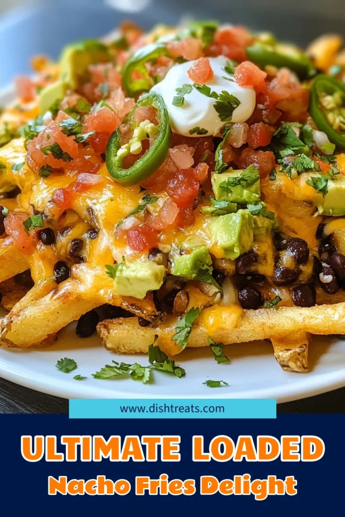 Indulge in a delicious twist on your favorite snack with these loaded nacho fries! This crispy nacho fries recipe features perfectly baked fries topped with gooey cheese, black beans, jalapeños, and fresh avocado. Perfect as a party snack recipe, these cheese fries with toppings are sure to impress. Gather your friends and get ready to dig into these loaded fries with avocado! Save this recipe for your next gathering! #LoadedNachoFries #CrispyFries #PartySnackRecipes #CheeseFriesWithToppings