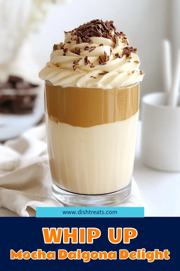 Indulge in the delightful layers of Mocha Dalgona Coffee with this easy whipped coffee recipe. This chocolate whipped coffee combines instant coffee and cocoa powder for a sweet, frothy treat! Perfect for any coffee lover, this Dalgona coffee variation is quick to make and looks stunning in any glass. Elevate your coffee game today—try this recipe and impress your friends! #MochaDalgonaCoffee #WhippedCoffeeRecipe #EasyMochaCoffee #ChocolateWhippedCoffee