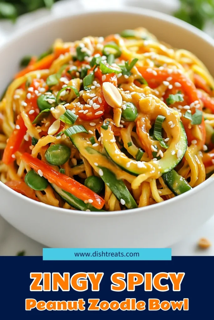 Looking for a delicious and healthy dinner idea? Try this spicy peanut zoodle bowl! This easy zucchini noodle recipe features a quick vegetable stir-fry with vibrant veggies like bell peppers and snap peas, all smothered in a gluten-free spicy sauce made from creamy peanut butter and sriracha. Perfect for a healthy vegan dinner, it's quick to make and packed with flavor! Save this recipe for your next meal! #SpicyPeanutZoodleBowl #HealthyVeganDinner #ZucchiniNoodleRecipe #GlutenFreeRecipes