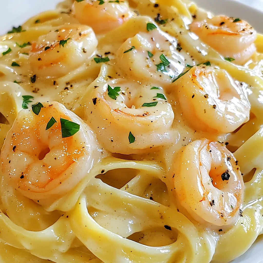 To make a delicious Creamy Garlic Shrimp Alfredo, you need the right ingredients. Here’s what you will need: - 8 oz fettuccine pasta - 1 lb large shrimp, peeled and deveined - 4 tablespoons unsalted butter, divided - 4 cloves garlic, finely minced - 1 cup heavy cream - 1 cup freshly grated Parmesan cheese - 1 teaspoon Italian seasoning blend - Salt and freshly cracked black pepper, to taste - Fresh parsley, finely chopped (for garnish) Each of these ingredients plays a key role in creating the rich and creamy flavor of this dish. The fettuccine serves as a perfect base, while the shrimp adds protein and a delightful texture. Garlic provides a warm and nice aroma, and heavy cream gives that smooth, velvety feel. Parmesan cheese is essential for making the sauce rich and cheesy. Italian seasoning brings a hint of herbs, enhancing the overall taste. Don’t forget salt and pepper; they help to balance the flavors. Finally, fresh parsley adds a touch of color and freshness when you serve your dish. Gather all these ingredients before you start cooking. This will make your cooking process smooth and enjoyable! {{ingredient_image_2}} To start, bring a large pot of salted water to a rolling boil over high heat. This step is key to cooking the fettuccine right. Once the water is boiling, add the fettuccine. Cook it for about 8-10 minutes. You want it al dente, which means it should still have a slight bite. Before draining, reserve half a cup of the pasta water. This water helps with the sauce later. After that, drain the fettuccine in a colander and set it aside. Next, prepare a large skillet over medium heat. Melt 2 tablespoons of unsalted butter in the skillet. Once the butter is melted, add the peeled and deveined shrimp. Season them well with salt and pepper. Cook the shrimp for 2-3 minutes on each side. You’ll know they are done when they turn pink and opaque. When cooked, remove the shrimp from the skillet and cover them with foil to keep warm. In the same skillet, add the remaining 2 tablespoons of butter. Then, add the finely minced garlic. Sauté the garlic for about 1 minute. Stir constantly to avoid burning it. The garlic should become fragrant, adding a lovely aroma to your dish. Now, gradually pour in the heavy cream while stirring. It’s important to stir continuously as the cream warms. Bring it to a gentle simmer, which will help the flavors meld. Sprinkle in the Italian seasoning blend and add a pinch of salt and pepper. This step enhances the sauce's flavor, making it rich and savory. Slowly add the freshly grated Parmesan cheese into the cream sauce. Stir continuously until the cheese melts completely. If the sauce becomes too thick, add a tablespoon of the reserved pasta water. This small amount helps to achieve your desired creamy consistency. Now it’s time to add the drained fettuccine and cooked shrimp back into the skillet. Gently toss everything together until the pasta and shrimp are evenly coated with the creamy garlic sauce. This step ensures every bite is full of flavor. Remove the skillet from heat. Transfer the Alfredo dish to serving plates or bowls. For a nice touch, finely chop some fresh parsley and sprinkle it on top. This adds both color and a fresh taste. Serve immediately for a delightful meal! - Choosing the right size and freshness: Use large shrimp for this dish. Fresh shrimp make a big difference in taste. Look for shrimp that smell clean, not fishy. - Avoiding overcooking: Cook shrimp for just 2-3 minutes on each side. Watch for them to turn pink and opaque. Overcooking makes shrimp rubbery. - How to adjust if sauce is too thick or thin: If your sauce is too thick, add reserved pasta water slowly. One tablespoon at a time works well. If it’s too thin, let it simmer longer to thicken. - Importance of pasta water: The starchy pasta water helps bind the sauce to the fettuccine. Always save some before draining the pasta. - Recommended spices: Italian seasoning adds depth. Consider a pinch of red pepper flakes for heat. Fresh herbs like basil or thyme can also boost flavor. - Optional additions for extra flavor: Try adding sautéed mushrooms or spinach. These add texture and taste. A squeeze of lemon juice brightens the dish as well. Pro Tips Perfect Pasta: Always cook pasta in a large pot of boiling, salted water to ensure even cooking and prevent sticking. Fresh Shrimp: Use fresh shrimp for the best flavor and texture. Look for shrimp that are firm and have a mild ocean scent. Cheese Choice: Grate your own Parmesan cheese for a creamier sauce. Pre-packaged cheese often contains anti-caking agents that affect melting. Herb Garnish: For an extra burst of flavor, add fresh herbs like basil or dill along with parsley when garnishing your dish. {{image_4}} To lighten up this dish, you can make a few swaps. Use whole wheat pasta instead of regular fettuccine. It adds fiber and nutrients. For the cream, try using half-and-half or almond milk. This cuts down on fat while still giving a creamy texture. You can even add more veggies like spinach or broccoli for extra health benefits. You can change up the protein in this dish easily. Chicken is a great option. Just cook it in the same way as the shrimp. You can also use different seafood like scallops or even crab. If you prefer a vegetarian meal, try using mushrooms or tofu. Both can absorb the flavors well and make the dish filling. Adding vegetables or herbs can give your Alfredo a fresh twist. Spinach, bell peppers, or sun-dried tomatoes work great. Fresh herbs like basil or parsley can also brighten the flavor. For cheese, you can switch from Parmesan to Pecorino Romano for a sharper taste. Mixing cheeses can add depth to your sauce and make it even more delicious. To keep your creamy garlic shrimp Alfredo fresh, store leftovers in an airtight container. Make sure to let it cool first. Place it in the fridge right away. It will stay good for up to three days. If you want to keep it longer, consider freezing. When it’s time to eat your leftovers, reheat them gently. Use a skillet on low heat for best results. Add a splash of cream or reserved pasta water to keep it creamy. Stir often to prevent sticking. You want it warm, not hot. Yes, you can freeze this dish! To do this, let it cool completely first. Transfer it to a freezer-safe container. Seal it well to avoid freezer burn. It’s best to eat it within two months. When you’re ready, thaw it in the fridge before reheating. Yes, you can use frozen shrimp. For the best taste, thaw them first. To thaw shrimp, place them in a bowl of cold water for about 15-20 minutes. Change the water halfway through. After thawing, remove the shells and devein them if needed. Cook them as usual for the recipe. Frozen shrimp should cook just like fresh ones. If you want a lighter option, you can use half-and-half. Another choice is whole milk mixed with a bit of butter. For a non-dairy option, try coconut cream or almond milk with a thickener. Each substitute may change the flavor and texture slightly, but they still work well. To make it dairy-free, use dairy-free butter and cheese. You can swap heavy cream for coconut cream or cashew cream. Nutritional yeast can add a cheesy flavor without dairy. Check labels to ensure all ingredients are dairy-free. Cook shrimp until they turn pink and opaque. This usually takes about 2-3 minutes on each side. They should curl slightly. If you see they are gray or translucent, they need more time. Overcooked shrimp become tough, so watch carefully. Yes, you can use other pasta types. Penne or linguine are good choices. You may need to adjust cooking times based on the pasta you choose. Just follow the package instructions for best results. To wrap up, we explored a fun way to make fettuccine with shrimp. You learned the key ingredients, step-by-step cooking instructions, and helpful tips for the best results. We also discussed variations to keep things interesting and storage info for leftovers. Cooking can be easy and enjoyable. Now, it’s time to bring your dish to the table. Enjoy your delicious meal and share your creation with friends!