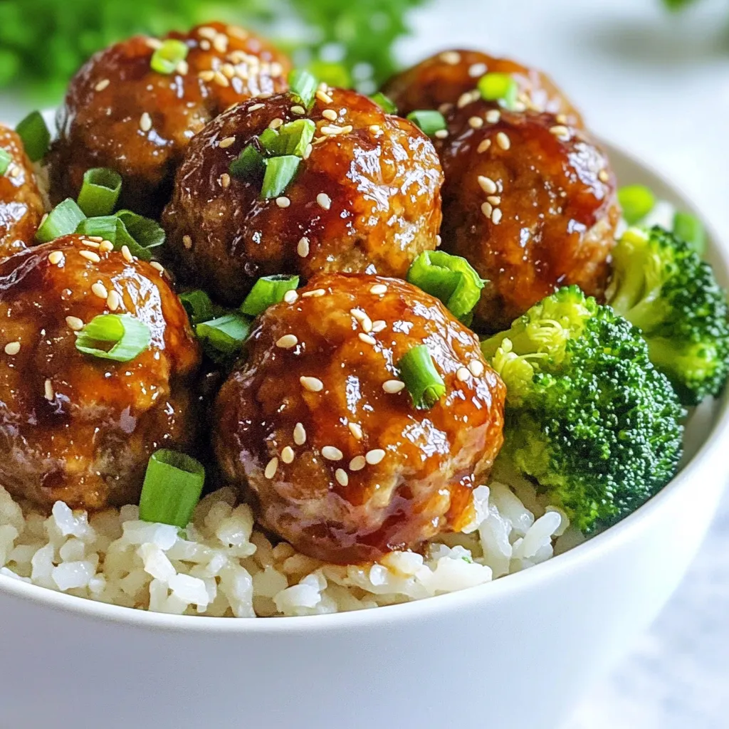 For the meatballs, you need: - 1 pound ground chicken or turkey - 1/4 cup breadcrumbs - 1/4 cup green onions, finely chopped (plus more for garnish) - 1 tablespoon fresh ginger, finely minced - 2 cloves garlic, finely minced - 1/4 cup low-sodium soy sauce - 1 tablespoon sesame oil - 1/4 teaspoon freshly ground black pepper These ingredients come together to create flavorful meatballs. The ground meat gives the dish its base. The breadcrumbs help bind everything. Green onions, ginger, and garlic add a fresh kick. Soy sauce brings saltiness, while sesame oil adds depth. To make the teriyaki sauce, gather: - 1/4 cup honey - 1/4 cup low-sodium soy sauce - 2 tablespoons rice vinegar - 1 tablespoon sesame oil This sauce is sweet and savory. Honey balances the saltiness of the soy sauce. Rice vinegar adds tang, while sesame oil gives it a rich flavor. Together, these create a perfect glaze for your meatballs. For garnishing your bowls, you can use: - Sesame seeds - Extra chopped green onions These garnishes not only add flavor but also make your dish look nice. They provide a little crunch and a pop of color. Enjoy your Teriyaki Meatball Rice Bowls with these tasty touches for a delightful meal. {{ingredient_image_2}} Start by preheating your oven to 400°F (200°C). This step is key for cooking the meatballs evenly. While the oven heats, grab a large mixing bowl. Add 1 pound of ground chicken or turkey. Then, mix in 1/4 cup of breadcrumbs. Next, add 1/4 cup of finely chopped green onions, 1 tablespoon of minced ginger, and 2 cloves of minced garlic. Pour in 1/4 cup of low-sodium soy sauce, 1 tablespoon of sesame oil, and 1/4 teaspoon of black pepper. Use your hands or a spoon to combine everything well. Now, shape the mixture into small meatballs. Aim for about 1 inch in diameter. This size cooks just right. Place the meatballs on a baking sheet lined with parchment paper. This helps with cleanup and stops sticking. Bake them in the preheated oven for 20-25 minutes. You want them golden brown and cooked through. Use a meat thermometer to check if they reach 165°F (74°C). While the meatballs bake, it's time to whip up the teriyaki sauce. In a small saucepan, combine 1/4 cup of honey, 1/4 cup of low-sodium soy sauce, 2 tablespoons of rice vinegar, and 1 tablespoon of sesame oil. Cook this mixture over medium heat. Keep an eye on it until it starts to simmer. Once it bubbles, lower the heat. Let it simmer gently for 5 minutes, stirring often. This will help meld the flavors together. When the meatballs are done, take them out of the oven. Drizzle the teriyaki sauce over the meatballs. Toss them gently to coat each one well. Now, it’s time to assemble your rice bowls. In each serving bowl, place 2 cups of cooked jasmine rice. Top with the teriyaki-coated meatballs. Add a handful of steamed broccoli florets to each bowl. For the final touch, sprinkle sesame seeds and extra chopped green onions on top. Serve warm, and enjoy your delicious meal! To get the best meatball texture, mix well but don’t overwork the meat. Use ground chicken or turkey for a tender bite. Breadcrumbs help keep the meatballs moist. If the mixture feels dry, add a splash of soy sauce. For a firmer meatball, let them chill for 30 minutes before baking. To boost flavor, marinate the meatball mixture. Use a blend of soy sauce, ginger, and garlic. Let it sit for at least 30 minutes. This step can add depth and make the meatballs more delicious. You can also marinate the cooked meatballs in teriyaki sauce before serving for extra flavor. Pair these meatballs with cooked jasmine rice and steamed broccoli. You can also add colorful veggies like carrots or bell peppers for a vibrant look. For a crunch, sprinkle sesame seeds and green onions on top. If you want more heat, drizzle with sriracha or chili sauce. Pro Tips Use chilled ingredients: Chilling the ground meat and other ingredients before mixing helps the meatballs hold their shape better during baking. Experiment with proteins: While ground chicken or turkey works well, you can substitute with ground beef or pork for a different flavor profile. Customize your sauce: Adjust the sweetness or saltiness of the teriyaki sauce by varying the amount of honey or soy sauce according to your taste preferences. Add more veggies: Enhance nutrition and flavor by including other steamed vegetables like carrots, bell peppers, or snap peas in your rice bowls. {{image_4}} You can switch up the protein in this recipe. Ground turkey or chicken works great. If you want a richer flavor, try ground beef. For a lighter option, ground pork is delicious too. Each protein brings its own taste, so feel free to experiment. While teriyaki sauce is tasty, you can mix it up! Try a sweet chili sauce for a kick. A hoisin sauce adds a nice depth of flavor. You could even use a simple soy sauce mix with honey for a quick fix. Each sauce changes the dish, keeping it fresh and fun. For a vegetarian option, use plant-based ground meat. This works well in the meatballs. You can also try chickpeas mashed with spices for a unique twist. If you want to go vegan, replace honey with maple syrup or agave nectar. This keeps the sweetness while making it plant-based. After enjoying your teriyaki meatball rice bowls, you might have some leftovers. Place any extra meatballs and rice in an airtight container. They will stay fresh in the fridge for up to three days. Make sure to cool them first before sealing the container. This keeps the food safe and tasty. If you want to save some meatballs for later, freezing is a great idea. Allow the cooked meatballs to cool completely. Then, arrange them in a single layer on a baking sheet. Freeze them for about an hour until firm. After that, transfer the meatballs to a freezer bag or container. They will keep well for about three months. When you’re ready to eat, you can thaw them in the fridge overnight. To reheat your meatballs, there are a few easy methods. You can use the microwave, oven, or stovetop. For the microwave, place the meatballs on a plate and cover them with a damp paper towel. Heat in 30-second intervals until warm. If using the oven, preheat it to 350°F (175°C) and bake for about 10 minutes. For the stovetop, simmer the meatballs in a little sauce over low heat until heated through. Enjoy them warm, just like when you first made them! You can tell the meatballs are done when they are golden brown. Use a meat thermometer to check the inside. The temperature should be at least 165°F (74°C). This ensures they are safe to eat. If you cut one open, it should look firm and no longer pink inside. Yes, you can make this recipe in advance! Prepare the meatballs and sauce the day before. Store them in the fridge until you're ready to bake. This makes dinner prep quick and easy. Just reheat the meatballs and sauce before serving. These rice bowls pair well with many sides. You can add steamed veggies like carrots, snap peas, or bell peppers. A simple salad with a light dressing also works great. For extra crunch, sprinkle chopped nuts or seeds on top. Yes, you can make a gluten-free version easily. Use gluten-free breadcrumbs instead of regular ones. Swap the soy sauce for a gluten-free option, like tamari. This way, you keep all the great flavors without gluten. Enjoy your delicious meal worry-free! Teriyaki meatballs are a tasty dish you can easily make. We covered the key ingredients, from the meatballs to the sauce and garnishes. I shared step-by-step guidance on mixing, shaping, and baking your meatballs. You learned tips for great texture and flavor, and we also explored fun variations. Don’t forget, proper storage keeps leftovers fresh. Now, you can get creative in the kitchen with these easy recipes and tips! Enjoy your cooking journey!
