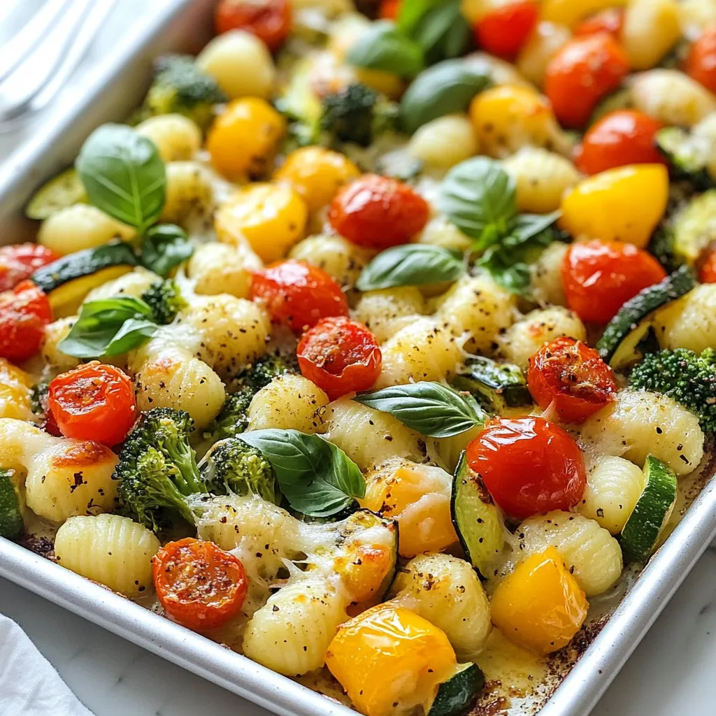 - 1 pound gnocchi (your choice of store-bought or homemade) - 1 cup cherry tomatoes, halved - 1 cup assorted bell peppers, diced (red, yellow, and green for a colorful mix) - 1 cup zucchini, sliced into half-moons - 1 cup fresh broccoli florets - 1 cup asparagus, trimmed and cut into 1-2 inch pieces - 3 tablespoons extra virgin olive oil - 2 teaspoons Italian seasoning blend - Sea salt and freshly ground black pepper, to taste - 1/2 cup shredded mozzarella cheese - Fresh basil leaves for a fragrant garnish Gathering the right ingredients is key for this dish. Start with gnocchi. You can choose store-bought or make your own. Both options taste great! For veggies, I love using cherry tomatoes, bell peppers, zucchini, broccoli, and asparagus. They add color and flavor. Next, consider seasoning. Extra virgin olive oil is a must for richness. Italian seasoning brings warmth and depth. Don’t forget the sea salt and pepper to enhance every bite. Finally, mozzarella cheese melts beautifully and adds gooey goodness. Fresh basil leaves are the perfect finish, giving a bright aroma. With these ingredients, you create a fresh and vibrant meal that’s both easy and delicious! {{ingredient_image_2}} First, preheat your oven to 425°F (220°C). This step is key for crisp veggies and soft gnocchi. Next, grab a large baking sheet. Line it with parchment paper to keep things from sticking. This small step makes cleanup a breeze! Now, let's get mixing. In a big bowl, combine 1 pound of gnocchi, 1 cup of halved cherry tomatoes, 1 cup of diced bell peppers, 1 cup of sliced zucchini, 1 cup of broccoli florets, and 1 cup of cut asparagus. This mix brings color and taste. Drizzle 3 tablespoons of olive oil over the mix. Then, add 2 teaspoons of Italian seasoning, sea salt, and freshly ground black pepper. Use a large spoon to toss everything. Make sure each piece gets coated well. This is where the magic starts! Time to spread the mixture! Place it on the prepared baking sheet in an even layer. This helps everything cook nicely. Pop it in the oven and roast for 20 minutes. At the halfway mark, remember to toss the mix. This ensures even cooking and caramelization. After 20 minutes, carefully take out the baking sheet. Sprinkle ½ cup of shredded mozzarella cheese over the top. Return it to the oven for another 5-7 minutes. Watch for the cheese to melt and turn golden. Once done, let it cool for a minute. Garnish with fresh basil leaves. Enjoy your vibrant and tasty feast! - Choosing fresh seasonal vegetables: Pick colorful veggies like cherry tomatoes, bell peppers, zucchini, broccoli, and asparagus. Fresh ingredients bring out the best flavors. Visit your local market for the best picks. - How to ensure even cooking: Spread the gnocchi and vegetables in a single layer on the baking sheet. Toss them halfway through roasting. This helps them cook evenly and caramelize nicely. - Recommended herbs and spices: Use Italian seasoning to add warmth. A pinch of sea salt and fresh black pepper makes a big difference. Feel free to experiment with fresh thyme or rosemary for extra flavor. - Tips for a crispy cheese topping: Sprinkle mozzarella cheese evenly over the dish after the first roasting. This helps it melt and brown nicely. For added crunch, broil the dish for a minute at the end. - Serving directly from the sheet pan vs. a serving dish: You can serve right from the pan for a cozy look. If you want a more formal touch, transfer it to a large serving dish. - Garnishing with basil and olive oil: Finish your dish with fresh basil leaves. A drizzle of high-quality olive oil adds richness. This not only enhances flavor but also makes the dish look stunning. Pro Tips Choose Fresh Vegetables: Opt for seasonal, fresh vegetables for the best flavor and nutrition. Look for vibrant colors and firm textures when selecting your produce. Don’t Overcrowd the Pan: Ensure the vegetables and gnocchi have enough space on the baking sheet. Overcrowding can cause steaming rather than roasting, preventing that desired caramelization. Experiment with Seasonings: Feel free to adjust the Italian seasoning or add your favorite herbs and spices to enhance the flavor profile. Fresh herbs like thyme or oregano work beautifully. Make it a Meal: Add protein to the dish by incorporating cooked chicken, shrimp, or chickpeas. This will turn your colorful sheet pan dinner into a heartier meal. {{image_4}} You can change up the veggies in this dish to keep it fresh. Try using seasonal vegetables like snap peas, carrots, or eggplant. These add great taste and color. You can also mix different veggies based on what's in season. If you want to switch things up, you can use different pasta instead of gnocchi. Bowtie pasta or penne work well. Each pasta brings its own texture and flavor to the dish. If you are vegan, you can still enjoy this dish. Use cheese alternatives like vegan mozzarella. They melt nicely and add creaminess. For those who need gluten-free options, look for gluten-free gnocchi. Many brands offer this now, making it easy to enjoy this meal without gluten. Your dish will still be tasty and satisfying! To keep your gnocchi primavera fresh, store leftovers in an airtight container. This helps lock in flavor and moisture. Place the container in the fridge right away to avoid spoilage. Eat the leftovers within three days for the best taste. If you wait too long, the veggies can lose their crunch. When reheating, aim to keep that great texture. The best way is to use the oven. Preheat it to 350°F (175°C). Spread the leftovers on a baking sheet. Heat for about 10-15 minutes. This method helps keep the gnocchi firm and the veggies crisp. If you prefer the microwave, use a microwave-safe dish. Add a little water to create steam. Cover it with a lid or wrap. Heat for 1-2 minutes, checking often. This method may make the veggies soft, so use it as a last resort. To prevent sogginess, avoid adding extra moisture. If you use a microwave, don’t cover it too tightly. This way, steam can escape and keep your dish tasty. You can use either store-bought or homemade gnocchi. Store-bought gnocchi is quick and easy. I prefer fresh gnocchi for its soft texture. If you make it at home, it can taste amazing. Look for gnocchi made with potatoes for the best flavor. Yes, you can prep the veggies and gnocchi in advance. Just store them in the fridge. You can mix the ingredients the night before and roast them fresh in the morning. This keeps the flavors bright and the dish fresh. You can add your favorite herbs and spices. Try fresh thyme or rosemary for a new twist. You can also add garlic for an extra kick. Adjust the vegetables based on what you like or have on hand. This way, each time you make it, it feels new and exciting. Absolutely! This dish is great for meal prep. You can store it in meal containers. It stays good in the fridge for about three days. Just heat it in the oven or microwave when you're ready to eat. A light salad goes well with this dish. Try a simple arugula salad with lemon. Garlic bread is also a nice side. It can soak up the delicious flavors from the gnocchi. Enjoy pairing it with your favorite drinks for a complete meal. In this blog post, we explored how to make a simple and tasty Sheet Pan Gnocchi Primavera. We covered key ingredients, step-by-step instructions, and tips for perfect results. We also discussed dietary options, storage methods, and answered common questions. This dish not only brings flavor but allows for creativity with veggies and spices. You can make it your own! Remember to have fun while cooking, and enjoy every bite of your delicious gnocchi.