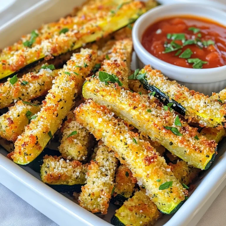 To make Parmesan crusted zucchini fries, you will need: - 2 medium zucchinis, trimmed and cut into fry-shaped strips - 1 cup freshly grated Parmesan cheese - 1 cup seasoned breadcrumbs (panko for added crunch) - 2 large eggs, beaten until frothy - 1 teaspoon garlic powder - 1 teaspoon dried oregano - 1/2 teaspoon smoked paprika - Salt and freshly ground black pepper to taste - Olive oil spray for cooking If you are missing any ingredients, don't worry! Here are some swaps you can try: - Zucchini: Use eggplant or yellow squash for a different taste. - Parmesan cheese: Grated Pecorino Romano gives a nice flavor kick. - Breadcrumbs: Crushed crackers or cornmeal can work in a pinch. - Eggs: Flaxseed meal mixed with water can act as a binder for a vegan option. - Spices: You can add Italian seasoning or chili powder for a twist. Here’s a quick look at the nutrition for one serving of Parmesan crusted zucchini fries (based on four servings): - Calories: 250 - Protein: 12g - Carbohydrates: 20g - Dietary Fiber: 2g - Sugars: 3g - Total Fat: 12g - Saturated Fat: 5g These fries offer a tasty way to enjoy your veggies while still being crispy and satisfying! {{ingredient_image_2}} To start, grab two medium zucchinis. Wash them well and trim off the ends. Cut each zucchini into fry-shaped strips. Aim for about 1/4 inch thick. This size helps them cook evenly. Place the strips on a clean towel to dry. This step is key to getting crispy fries. Next, prepare your coating. In a shallow bowl, mix the fresh Parmesan cheese, seasoned breadcrumbs, garlic powder, oregano, smoked paprika, salt, and black pepper. Stir these until they blend well. In another bowl, beat the two large eggs until frothy. Take each zucchini strip, dip it in the egg, and let the excess drip off. Then roll it in the Parmesan-breadcrumb mix. Press gently to make sure it sticks. The more coating, the crunchier the fry! Now, let’s get baking! Preheat your oven to 425°F (220°C). Line a baking sheet with parchment paper to stop the fries from sticking. Arrange the coated zucchini fries on the sheet in a single layer. Make sure they aren't touching, so they cook evenly. Lightly spray the tops with olive oil. This helps them become golden and crispy. Bake for 20-25 minutes. Flip the fries halfway through to get an even brown. When they are golden and crispy, take them out. Let them cool for a bit before serving. Enjoy your tasty zucchini fries! To make your zucchini fries extra crispy, use panko breadcrumbs. They add great crunch. You can also spray them lightly with olive oil before baking. This helps them brown well. Flip the fries halfway through baking. This ensures even crispiness on both sides. One mistake is crowding the baking sheet. Keep space between each fry. This lets hot air circulate. Another mistake is skipping the egg wash. The egg helps the coating stick. Lastly, don’t skip preheating the oven. A hot oven gives the best texture. Serve your zucchini fries in a small basket or on a plate. They look great with a sprinkle of fresh parsley. For dipping, marinara sauce works well. You might also enjoy a creamy garlic aioli. Both options enhance the flavor of the fries. Pro Tips Choose Firm Zucchini: Select firm, fresh zucchinis for the best texture. Avoid soft or overripe ones to ensure the fries hold their shape while baking. Experiment with Spices: Feel free to customize the seasoning. Add crushed red pepper for heat or Italian seasoning for a more herbaceous flavor. Use a Wire Rack: For extra crispiness, place the zucchini fries on a wire rack set over the baking sheet. This allows air to circulate around all sides. Don’t Overcrowd the Baking Sheet: Make sure to leave space between each fry. Overcrowding can lead to steaming instead of crisping. {{image_4}} You can change the flavor by using different seasonings. Try adding some chili powder for heat. A pinch of Italian herbs adds a nice touch too. You can also use lemon zest for a fresh twist. Just mix your chosen spices into the breadcrumb mixture. This keeps the flavor exciting and new each time! For a vegetarian twist, use plant-based cheese instead of Parmesan. This keeps the dish meat-free and still tasty. To make it gluten-free, swap regular breadcrumbs for gluten-free panko. You can find these options in most grocery stores. This way, everyone can enjoy these crispy treats without worry! Dips can really enhance your zucchini fries. Marinara sauce works well for a classic touch. If you like creaminess, try garlic aioli or ranch dressing. You can even mix yogurt with herbs for a light dip. Experiment with flavors to find your favorite combination. Dips make every bite even more fun! To store leftover zucchini fries, let them cool completely. Place them in an airtight container. You can keep them in the fridge for up to three days. If you want to enjoy them later, this method works great for keeping their flavors fresh. When you're ready to eat, preheat your oven to 400°F (200°C). Spread the zucchini fries on a baking sheet. Bake them for about 10 minutes. This helps to restore their crispiness. You can also use an air fryer for about 5 minutes at the same temperature for a quicker option. If you want to freeze your zucchini fries, first freeze them in a single layer on a baking sheet. Once frozen, transfer them to a freezer bag. They can stay in the freezer for up to three months. To cook, no need to thaw. Just bake straight from the freezer at 425°F (220°C) for about 25-30 minutes. Enjoy! Yes, you can make these zucchini fries ahead of time. You can prepare them and keep them in the fridge for about one hour. This helps the coating stick better. You can also coat them, then freeze them for later. Just bake them straight from the freezer when you're ready. To prevent sogginess, ensure you coat the zucchini fries well. Use the egg wash fully to help the breadcrumbs stick. Leave space between the fries on the baking sheet. This allows hot air to circulate and keeps them crispy. Finally, spray them with olive oil before baking for extra crunch. These fries pair well with many dips. I recommend marinara sauce for a classic touch. You can also try creamy garlic aioli for a rich flavor. For a fresh twist, serve them with a yogurt-based dip. Add a side salad or a light pasta dish to make it a full meal. In this blog post, we explored how to make crispy zucchini fries. We covered key ingredients, substitutions, and nutritional facts. Next, I detailed easy steps for prepping and baking. I also shared tips for achieving perfect crispiness and avoiding common mistakes. You can personalize these fries with various seasonings and dips. Proper storage ensures they stay fresh for later. By following these steps, you’ll enjoy tasty zucchini fries anytime. I hope you’ll find joy in making this healthier snack!