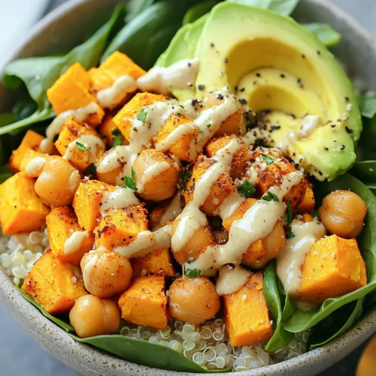 - 2 medium sweet potatoes, peeled and cut into 1-inch cubes - 1 can (15 oz) chickpeas, drained and rinsed thoroughly - 2 tablespoons extra-virgin olive oil - 1 teaspoon smoked paprika - 1 teaspoon garlic powder - Sea salt and freshly cracked black pepper, to taste - 2 cups cooked quinoa, preferably warm - 2 cups fresh spinach leaves, washed and dried - 1 ripe avocado, sliced - ¼ cup tahini - 2 tablespoons freshly squeezed lemon juice - Additional water, as needed for dressing consistency Each serving offers a balance of nutrients. The sweet potatoes provide fiber and vitamins A and C. Chickpeas add protein, iron, and more fiber. Quinoa boosts the protein content and is gluten-free. The avocado contributes healthy fats, while tahini is rich in calcium and magnesium. This bowl offers energy, helping you feel full and satisfied. Sweet potatoes are more than just tasty. They have antioxidants that support your immune system. They can help regulate blood sugar levels, making them great for everyone. Chickpeas are a powerhouse too. They support heart health and aid digestion. Their protein content helps keep your muscles strong. Together, they create a nutritious meal that nourishes your body and delights your taste buds. {{ingredient_image_2}} Start by peeling the sweet potatoes. Cut them into 1-inch cubes. This size helps them cook evenly. Next, drain and rinse the chickpeas. Rinsing removes excess salt and makes them tastier. Place the sweet potatoes and chickpeas in a large bowl. Preheat your oven to 425°F (220°C). Line a baking sheet with parchment paper. This keeps the food from sticking. Drizzle olive oil over the sweet potatoes and chickpeas. Add smoked paprika, garlic powder, sea salt, and black pepper. Toss everything well until coated. Spread them out in a single layer on the sheet. Roast for 25 to 30 minutes. Stir halfway through to ensure they roast evenly. They should be tender and golden brown. While the sweet potatoes and chickpeas roast, make the tahini dressing. In a small bowl, whisk together tahini and lemon juice. Add water a tablespoon at a time. Mix until it is smooth and pourable. Season with a pinch of salt. You can adjust the water for your preferred thickness. After roasting, it’s time to assemble your bowl. Start with a scoop of warm quinoa at the bottom. Layer on the roasted sweet potatoes and chickpeas. Add fresh spinach leaves next. Finish with slices of avocado on top. Drizzle the tahini dressing over everything. This makes a beautiful and tasty meal. Enjoy your Buddha bowl right away! To roast sweet potatoes well, start by cutting them into 1-inch cubes. This size cooks evenly. Preheat your oven to 425°F (220°C). Line a baking sheet with parchment paper. Toss the cubes in olive oil, smoked paprika, garlic powder, sea salt, and black pepper. Spread them out in a single layer. Roast for 25-30 minutes. Stir halfway through for even cooking. Watch for a nice caramelized color. After roasting, taste your sweet potatoes and chickpeas. If they need more flavor, add a pinch of salt or extra spices. You can also try a splash of lemon juice for a zesty kick. Remember, everyone's taste buds are different. Feel free to adjust the seasonings to suit your liking. This Buddha bowl is great for meal prep. You can roast the sweet potatoes and chickpeas in advance. Store them in an airtight container in the fridge for up to four days. Cook the quinoa ahead of time, too. When you're ready to eat, just assemble your bowl. Add fresh spinach and avocado right before serving for the best flavor and texture. Pro Tips Perfectly Roasted Sweet Potatoes: To achieve the best caramelization, ensure that the sweet potato cubes are cut evenly and spread out on the baking sheet without overcrowding. Chickpea Variations: For added flavor, try seasoning the chickpeas with different spices such as cumin or coriander before roasting. Quinoa Cooking Tips: To enhance the flavor of quinoa, consider cooking it in vegetable broth instead of water for an extra boost of taste. Storage and Meal Prep: This Buddha bowl stores well in the fridge for up to 4 days. Keep the tahini dressing separate until ready to eat to prevent sogginess. {{image_4}} You can switch up quinoa with other grains. Brown rice adds a nutty taste. Farro brings a chewy texture. Try barley for a hearty bite. Each grain offers unique flavors and nutrients. Feel free to experiment and find your favorite combination. Adding more veggies makes your Buddha bowl fun and colorful. Roasted bell peppers bring sweetness. You can add zucchini for a soft crunch. Kale offers great texture and nutrients. Try beets for a pop of color. Mix and match to keep it exciting. If you want more protein, try using lentils. They cook quickly and add flavor. Tofu or tempeh are also great choices. Just season and roast them like chickpeas. They soak up flavors well. You can even use edamame for a fresh twist. To keep your Sweet Potato Chickpea Buddha Bowl fresh, store leftovers in an airtight container. This helps retain flavor and texture. Refrigerate within two hours of serving. The bowl stays good for up to four days in the fridge. Reheat your Buddha bowl in the microwave for quick results. Place it in a microwave-safe dish. Heat in 30-second intervals until warm. Stir between intervals to ensure even heating. You can also reheat in a skillet over medium heat. This method helps crisp up the sweet potatoes and chickpeas. Leftovers are versatile! You can enjoy them cold as a salad. Just add extra tahini dressing for flavor. You can also mix in other greens or grains. Consider adding nuts or seeds for extra crunch. The options are endless! You can use almond butter or sunflower seed butter as a tahini substitute. Both add creaminess. If you prefer, you can also blend sesame seeds with olive oil. This gives a similar nutty flavor. Yes, you can easily make this dish gluten-free. Use certified gluten-free quinoa. All other ingredients listed are naturally gluten-free. Just check labels on packaged items. Your Buddha bowl will last about 3 to 5 days in the fridge. Store it in an airtight container to keep it fresh. Make sure to separate the dressing if you want to keep the veggies crisp. You can use frozen chickpeas, but thaw them first. Frozen sweet potatoes are not ideal for this recipe. Fresh sweet potatoes give the best texture and flavor when roasted. You can try a lemon vinaigrette or a yogurt dressing. A balsamic glaze also works well. Feel free to experiment with your favorite dressings for different flavors. This blog post walked you through making a delicious Buddha bowl. We covered the ingredients, how to prepare them, and the important health benefits of sweet potatoes and chickpeas. Remember, roasting your veggies well is key to flavor. And don’t hesitate to mix in your favorite grains or greens. With proper storage, your leftovers will taste great too. Enjoy your tasty and healthy meal!