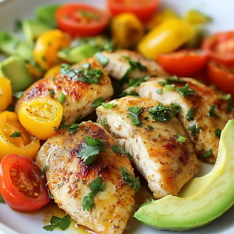 - 4 boneless, skinless chicken breasts - 2 tablespoons olive oil - 1 teaspoon garlic powder - 1 teaspoon onion powder - 1 teaspoon ground cumin - 1 teaspoon smoked paprika - Sea salt and freshly cracked black pepper, to taste - Juice of 2 limes - Zest of 1 lime - 1 cup fresh cilantro, finely chopped - 1 bell pepper (choose either red or yellow), thinly sliced - 1 cup cherry tomatoes, halved - 1 ripe avocado, sliced (for serving) To make this dish, start with fresh, high-quality ingredients. I love using boneless, skinless chicken breasts for their quick cooking time and lean protein. Olive oil adds a nice base flavor and helps with browning. The seasonings are key to the dish's flavor. Garlic powder and onion powder give depth, while ground cumin and smoked paprika add warmth and a bit of smokiness. Fresh vegetables like bell peppers and cherry tomatoes not only add color but also provide a crunch that complements the chicken. The fresh cilantro and lime juice tie everything together, offering a bright and zesty finish. Using ripe avocados as a garnish brings a creamy touch that balances the dish perfectly. Make sure to choose ripe avocados for the best flavor and texture. Enjoy the process; cooking with fresh ingredients makes a world of difference! {{ingredient_image_2}} First, heat 2 tablespoons of olive oil in a large skillet over medium-high heat. You want the oil to shimmer but not smoke. While the oil warms, season both sides of 4 boneless, skinless chicken breasts with garlic powder, onion powder, ground cumin, smoked paprika, sea salt, and black pepper. Use enough to coat them well. Once the oil is hot, add the seasoned chicken to the skillet. Cook the chicken for about 6-7 minutes on each side. You want it golden brown and cooked through. Make sure to check that the internal temperature hits 165°F (75°C) using a meat thermometer. After cooking, place the chicken on a plate and cover it loosely with foil. This keeps it warm while you cook the veggies. In the same skillet, add a thinly sliced bell pepper and 1 cup of halved cherry tomatoes. Sauté these for about 4-5 minutes. Stir occasionally to keep them from burning. You want the peppers tender but still colorful. Next, pour in the juice of 2 limes. Add the lime zest and 1 cup of chopped fresh cilantro. Stir everything well. Let it cook for another minute to meld the flavors. The bright lime juice adds a fresh kick that pairs perfectly with the veggies. Now, return the chicken to the skillet. Gently coat the chicken with the cilantro-lime mixture. Cook for another 2 minutes to warm the chicken and infuse the flavors more. To serve, plate the chicken and top it with the bell pepper and tomato mix. For a creamy finish, add sliced avocado on top or on the side. This meal is not just easy; it’s packed with flavor and color. Enjoy your Cilantro Lime Chicken Skillet! - How to achieve the perfect golden-brown chicken: Start with a hot skillet. Heat the olive oil until it shimmers. This step is key. Season your chicken well. Use garlic powder, onion powder, cumin, and smoked paprika. Place the chicken in the pan without crowding. Cook for 6-7 minutes on each side. Look for a deep, golden-brown color. Use a meat thermometer to check for doneness. It should read 165°F (75°C). - Best methods for juicing limes and zesting: To juice limes, roll them on the counter first. This helps release more juice. Cut them in half and use a manual juicer or your hands. For zesting, use a microplane or zester. Gently scrape off the outer layer. Avoid the white part under the skin; it’s bitter. - Complementary side dishes: Serve Cilantro Lime Chicken with fluffy rice or quinoa. These pair well with the flavors. You can also offer black beans or a fresh green salad. They add color and texture to the plate. - Ideal garnishes for enhanced presentation: For a beautiful look, add fresh cilantro leaves on top. Place avocado slices artfully around the chicken. This adds creaminess and a pop of color. You can also include lime wedges for an extra burst of flavor. Pro Tips Use Fresh Ingredients: Fresh cilantro, limes, and ripe avocados will enhance the flavor of the dish significantly compared to dried or stale ingredients. Marinate for Extra Flavor: For even more flavor, consider marinating the chicken in lime juice, cilantro, and spices for at least 30 minutes before cooking. Don't Overcook the Chicken: Use a meat thermometer to check the internal temperature; pulling the chicken off the heat at 160°F (71°C) will ensure it stays juicy and tender. Customize Your Veggies: Feel free to add other colorful vegetables like zucchini, corn, or red onions to the skillet for added nutrition and texture. {{image_4}} You can switch out the chicken for other proteins. Shrimp and tofu work great. Both options soak up the flavors well. For shrimp, cook until pink and firm. For tofu, press it first to remove excess moisture. Feel free to change the veggies too. You can use zucchini, asparagus, or even corn. Each choice adds a unique taste and texture. Mix and match to find your favorite combo. If you like heat, add jalapeño or red pepper flakes. This will spice up your dish and make it more exciting. Just be careful not to add too much. Start small and taste as you go. For a creamy touch, sprinkle some cheese on top. Feta or queso fresco works well. You can also try different herbs like parsley or basil for a fresh twist. Experiment with these ideas to find the perfect flavor for you! To store leftovers, first let the dish cool down. Place the chicken and vegetables in an airtight container. This helps keep them fresh longer. You can store the dish in the fridge for up to three days. Make sure to reheat it thoroughly before serving. If you want to freeze, wrap the cooled dish tightly in plastic wrap. Then, place it in a freezer bag. This keeps out air and prevents freezer burn. You can freeze the dish for up to three months. When ready to eat, thaw it overnight in the fridge. Reheat it in a skillet over low heat. This helps maintain the flavor and texture. Add a splash of lime juice while reheating for extra zest. Can I use frozen chicken breasts for this recipe? Yes, you can use frozen chicken breasts. Just make sure to thaw them first. You can leave them in the fridge overnight or use the microwave. If you cook them from frozen, they will need a longer time to reach 165°F (75°C). How can I make this dish spicier? To add heat, you can add jalapeño slices or red pepper flakes. You can mix in some hot sauce with the lime juice. Start with a little and taste as you go. This way, you can adjust the spice to your liking. - Caloric content per serving: Each serving has about 350 calories. This number can vary based on portion sizes and added ingredients. - Breakdown of macronutrients: - Protein: 40 grams - Carbohydrates: 15 grams - Fat: 15 grams - Fiber: 3 grams This dish is a balanced meal with good protein and healthy fats. This blog post covered a tasty chicken dish using simple ingredients and straightforward steps. You learned how to prepare chicken, cook fresh vegetables, and create a delicious meal. Don't forget the tips for perfecting your dish and the fun variations to try. In the end, enjoy your cooking and share your meals with others. With these methods, you’ll impress everyone at the table and make meal prep easy. Happy cooking!