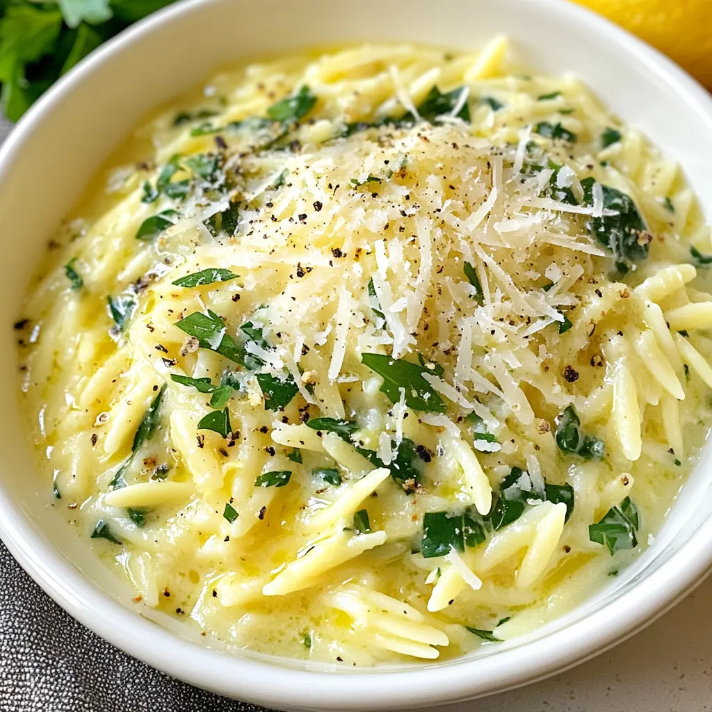 To make creamy lemon garlic orzo, you need a few key items: - 1 cup orzo pasta - 2 tablespoons extra virgin olive oil - 4 cloves garlic, finely minced - 1 cup vegetable broth - 1 cup heavy cream - 1 cup fresh spinach, roughly chopped - 1 teaspoon fresh lemon zest - 2 tablespoons freshly squeezed lemon juice - Sea salt and black pepper to taste These ingredients work together to create a rich, creamy dish with a bright lemon flavor. You can add more depth to your creamy orzo with these options: - 1/4 cup grated Parmesan cheese (optional) - Fresh parsley, finely chopped for garnish Parmesan adds a nice salty kick, while parsley gives a fresh touch to your dish. To prepare this creamy dish, gather these tools: - Large pot for boiling water - Colander for draining orzo - Large skillet for combining ingredients - Wooden spoon or spatula for stirring - Zester for lemon zest Having these tools ready makes cooking smooth and easy. {{ingredient_image_2}} First, fill a large pot with water. Add a good amount of salt and bring it to a boil. Once bubbling, add 1 cup of orzo pasta to the pot. Cook it according to the package instructions until it is al dente. This usually takes about 8-10 minutes. After it cooks, drain the orzo in a colander and set it aside. This step helps ensure that the orzo stays firm and does not become mushy. Next, grab a large skillet and heat 2 tablespoons of extra virgin olive oil over medium heat. Once the oil is hot, add 4 cloves of minced garlic. Sauté the garlic for about 1 minute until it turns golden and fragrant. Watch it closely so it doesn't burn. This step builds a strong base of flavor for your dish. Now, it's time to add some liquid. Pour in 1 cup of vegetable broth and increase the heat slightly. Bring the mixture to a gentle simmer for about 2-3 minutes. This reduces the broth and intensifies the flavor. Lower the heat again and stir in 1 cup of heavy cream, allowing it to warm up. After a minute, add 1 cup of roughly chopped fresh spinach. Cook until it wilts down. Then, fold in the drained orzo, ensuring it mixes well with the creamy sauce. Add 1 teaspoon of fresh lemon zest and 2 tablespoons of freshly squeezed lemon juice. Stir everything until the orzo is well coated. Taste your dish and season it with sea salt and black pepper to your liking. If you want extra creaminess, sprinkle in 1/4 cup of grated Parmesan cheese. Finally, let it rest for a minute to allow the flavors to meld. Enjoy the delicious flavors in every bite! To cook the best orzo, follow these steps: - Use plenty of salted water to boil. - Stir the orzo while cooking to prevent it from sticking. - Check the package for cooking time. Aim for al dente texture. - Drain the orzo but keep a bit of water. This helps to loosen the sauce later. To make your orzo even tastier, consider these tips: - Use fresh garlic for the best aroma. - Add a splash of white wine when sautéing garlic for depth. - Experiment with herbs like thyme or basil for an extra kick. - Finish with a squeeze of fresh lemon juice for brightness. How you serve orzo can make a big difference. Here are my favorites: - Serve in shallow bowls for a beautiful presentation. - Garnish with fresh parsley and lemon zest for color. - Pair with grilled chicken or fish for a complete meal. - Offer crusty bread on the side to soak up the sauce. Pro Tips Perfectly Cooked Orzo: Make sure to stir the orzo occasionally while cooking to prevent it from sticking together and ensure even cooking. Customize Your Greens: Feel free to swap spinach for other greens like kale or arugula, depending on your preference or what you have on hand. Boost the Flavor: For an extra layer of flavor, add a pinch of red pepper flakes when sautéing the garlic for a subtle heat. Make it Vegan: Substitute the heavy cream with coconut milk or a plant-based cream alternative and omit the Parmesan cheese for a delicious vegan option. {{image_4}} You can boost your creamy lemon garlic orzo by adding protein. Chicken, shrimp, or tofu all work well. - For chicken, use boneless, skinless breasts. Cook them first in olive oil. Slice them thin and add them to the creamy sauce. - Shrimp cooks fast. Just sauté them for 2-3 minutes until they turn pink. Add them in right before you mix in the orzo. - If you want a plant-based option, cubed tofu is great. Sauté it until golden and toss it in with the sauce. Feel free to mix in veggies based on what you have. - Seasonal vegetables like zucchini or asparagus add color and taste. - You can also use broccoli, kale, or peas. Just add them while the spinach wilts for a vibrant dish. - For a fresh twist, toss in cherry tomatoes or bell peppers for a sweet crunch. If you want a lighter dish, swap the heavy cream. - Use Greek yogurt to keep it creamy but lighter. Just stir it in after cooking. - Coconut milk is another option for a dairy-free choice. It adds a nice flavor too. - For a low-calorie option, try vegetable broth with a splash of almond milk. This keeps the dish light without losing taste. To keep your creamy lemon garlic orzo fresh, let it cool first. Store it in an airtight container. You can place it in the fridge for up to three days. If you plan to eat it later, ensure it is well-sealed. This helps prevent it from drying out or absorbing other odors. When you're ready to enjoy your orzo again, heat it gently. You can use a microwave or a skillet. If using a microwave, place the orzo in a bowl. Add a splash of water or broth to keep it moist. Heat it in short bursts, stirring in between. If using a skillet, warm it over low heat, stirring often. This keeps the creamy sauce from separating. For long-term storage, freezing is a great option. Portion the orzo into small containers. Leave some space at the top for expansion. Wrap the container well with plastic wrap or aluminum foil. You can freeze it for up to three months. When you're ready to eat, thaw it in the fridge overnight. Reheat it as described above. Enjoy your creamy orzo any time! If you do not have orzo, try using rice. You can also use quinoa or couscous. These options have a similar texture and work well in this dish. Adjust the cooking time based on what you choose. For rice, follow the package directions. For quinoa, rinse it first and cook it until fluffy. Yes, you can make this creamy lemon garlic orzo vegan! Replace the heavy cream with coconut cream or a cashew cream. Also, skip the Parmesan cheese or use a vegan cheese option. The flavor will still be bright and delicious. Just be sure to check the broth for any animal products. To serve more people, simply double or triple the recipe. Make sure to adjust the ingredients accordingly. For instance, use 2 cups of orzo for eight servings. Keep an eye on the cooking times for the pasta, and make sure your skillet can hold all the ingredients. You may want to cook in batches if needed. This blog covered the essential ingredients for creamy lemon garlic orzo, cooking methods, and delicious variations. You learned how to prepare the orzo, sauté garlic, and combine flavors for a tasty dish. I shared tips for perfect cooking and storage methods for leftovers. Experiment with proteins and veggies to find your favorite mix. Remember, crafting a great meal is about trying new things. So grab your tools and start cooking today!