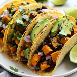 To make sweet potato black bean tacos, gather these ingredients: - 2 medium sweet potatoes, peeled and cut into 1/2-inch cubes - 1 can (15 oz) black beans, thoroughly drained and rinsed - 1 tablespoon extra-virgin olive oil - 1 teaspoon ground cumin - 1 teaspoon smoked paprika - 1/2 teaspoon garlic powder - 1/2 teaspoon onion powder - Sea salt and freshly cracked black pepper, to taste - 8 small corn tortillas - 1 ripe avocado, sliced - 1/4 cup red onion, finely chopped - Fresh cilantro leaves, for garnish - Lime wedges, for serving Each serving of these tacos is not just tasty; it is also nutritious. You get a good mix of fiber, protein, and healthy fats. Sweet potatoes are high in beta-carotene, which is great for your eyes. Black beans give you protein and iron, making these tacos filling and healthy. If you want to change things up, here are some ideas: - Use butternut squash instead of sweet potatoes for a different flavor. - Try pinto beans or kidney beans if you don't have black beans. - Swap corn tortillas for whole wheat or flour tortillas if you prefer. - Add corn for a sweet crunch or jalapeños for heat. - Use lime juice in place of fresh lime wedges for a tangy kick. These options let you customize your tacos to your taste and dietary needs. Happy cooking! {{ingredient_image_2}} Start by preheating your oven to 400°F (200°C). This helps roast the sweet potatoes well. While the oven heats, peel and cut the sweet potatoes into 1/2-inch cubes. Place these cubes in a large bowl. Add one tablespoon of olive oil and the spices: one teaspoon of ground cumin, one teaspoon of smoked paprika, half a teaspoon of garlic powder, and half a teaspoon of onion powder. Season with sea salt and black pepper to taste. Mix everything until the sweet potatoes are well-coated. Spread the sweet potato mixture on a baking sheet in a single layer. This helps them roast evenly. Place the baking sheet in the preheated oven. Roast for 20 to 25 minutes. Stir the sweet potatoes halfway through cooking. They should be fork-tender and lightly browned when done. While the sweet potatoes roast, grab a small saucepan. Add the drained black beans to the pan. Heat over medium heat for about five minutes. Stir occasionally and add a pinch of salt and pepper. This warms the beans nicely. Next, heat a dry skillet over medium heat. Place each corn tortilla in the skillet for 30 seconds on each side. This makes them warm and easy to fold. Now it's time to build your tacos! Start with a warm tortilla. Add a spoonful of roasted sweet potatoes and black beans. Top with slices of ripe avocado, chopped red onion, and fresh cilantro leaves. For a burst of flavor, serve the tacos with lime wedges. Squeeze lime over the top just before eating. Enjoy your delicious sweet potato black bean tacos! To get the best sweet potato texture, size matters. Cut your sweet potatoes into 1/2-inch cubes. This size helps them cook evenly. Baking them at 400°F gives a nice, crispy outside while keeping the inside soft. Stir them halfway through cooking for even browning. You want them fork-tender and lightly browned for the best taste. Spices can transform your tacos. Start with cumin and smoked paprika. These add warmth and a smoky flavor. Garlic powder and onion powder bring depth. Don't forget salt and pepper. They help highlight the sweet potato and black bean flavors. Feel free to add your favorite spices too. A pinch of chili powder can give a nice kick! Presentation is key for these tacos. Stack them on a bright platter. Add creamy avocado slices and sprinkle red onion for color. Fresh cilantro leaves add a burst of flavor. Serve with lime wedges on the side. A squeeze of lime adds freshness and brightens every bite! Enjoy these tacos with friends or family for a fun meal. Pro Tips Roast for Extra Flavor: Roasting sweet potatoes at a higher temperature enhances their natural sweetness and develops a caramelized flavor that complements the tacos beautifully. Make it Spicy: For a kick, add diced jalapeños or a sprinkle of cayenne pepper to the sweet potatoes before roasting, elevating the flavor profile with some heat. Fresh Herbs Matter: Use fresh cilantro for garnish rather than dried herbs for a burst of freshness. You can also experiment with other herbs like parsley or mint for a unique twist. Perfectly Warm Tortillas: For an even better texture, wrap warmed tortillas in a clean kitchen towel after heating. This keeps them soft and pliable until you're ready to serve. {{image_4}} You can make your sweet potato black bean tacos even better with fun toppings. Here are some ideas: - Cheese: Crumbled feta or shredded cheddar adds a creamy touch. - Sour cream: A dollop of plain yogurt gives a cool contrast. - Fresh veggies: Chopped tomatoes and shredded lettuce add crunch and color. - Pickled jalapeños: For spice lovers, these bring heat and tang. - Radishes: Sliced radishes add a nice peppery bite. Mix and match these toppings to suit your taste. This recipe is naturally vegan and gluten-free. Here’s how to ensure it stays that way: - Tortillas: Use corn tortillas, as they are usually gluten-free. - Sour cream: Replace dairy sour cream with cashew cream or coconut yogurt. - Cheese: Skip cheese or use a vegan cheese option for flavor. This way, everyone at your table can enjoy these tacos without worry. Adding sauces and salsas can take your tacos to the next level. Here are some tasty ideas: - Chipotle sauce: A smoky chipotle sauce adds a spicy kick. - Mango salsa: Sweet mango salsa pairs well with the earthy flavors. - Pico de gallo: Fresh pico de gallo offers a zesty bite. - Cilantro-lime dressing: A tangy dressing brightens the dish. Experiment with these flavor twists to find your favorite combination. To keep your leftover tacos fresh, store them in an airtight container. Place the tacos in the fridge. If you have extra filling, store it separately. This way, the tortillas won’t get soggy. Use the leftovers within three days for the best taste. To reheat your tacos, you can use a skillet or the oven. Heat a skillet over medium heat. Place the tacos in the skillet for about 2-3 minutes on each side. This warms them up nicely. If using the oven, preheat it to 350°F (175°C). Wrap the tacos in foil and heat for about 10 minutes. This keeps the tortillas crisp. For quick weeknight dinners, prepare the sweet potatoes and black beans in advance. Roast the sweet potatoes and store them in the fridge. Warm them up when you are ready to eat. You can also chop the toppings, like red onion and avocado, ahead of time. Just keep them in separate containers. This makes taco night easy and fun! You can easily make these tacos vegan. Use olive oil for roasting. The black beans are already vegan. Skip any dairy toppings. Instead of sour cream, use avocado slices. You can also add a squeeze of lime for brightness. I recommend using small corn tortillas. They add a nice texture and flavor. Corn tortillas hold the filling well and are gluten-free. If you prefer flour tortillas, those work too. Just warm them up in a skillet for the best taste. Yes, you can use frozen sweet potatoes. Just thaw them before cooking. For canned black beans, ensure you rinse and drain them well. This removes extra sodium and improves taste. Using these options makes your meal quick and easy. In this article, we explored making delicious sweet potato black bean tacos. We covered the ingredients, step-by-step instructions, helpful tips, and tasty variations. Remember to try different spices and toppings for added flavor. You can easily adapt this recipe to fit your diet and needs. It’s a simple meal that packs nutrition and taste. With storage tips, you can enjoy leftovers with no waste. Get ready to impress your family with these flavorful tacos. Happy cooking!