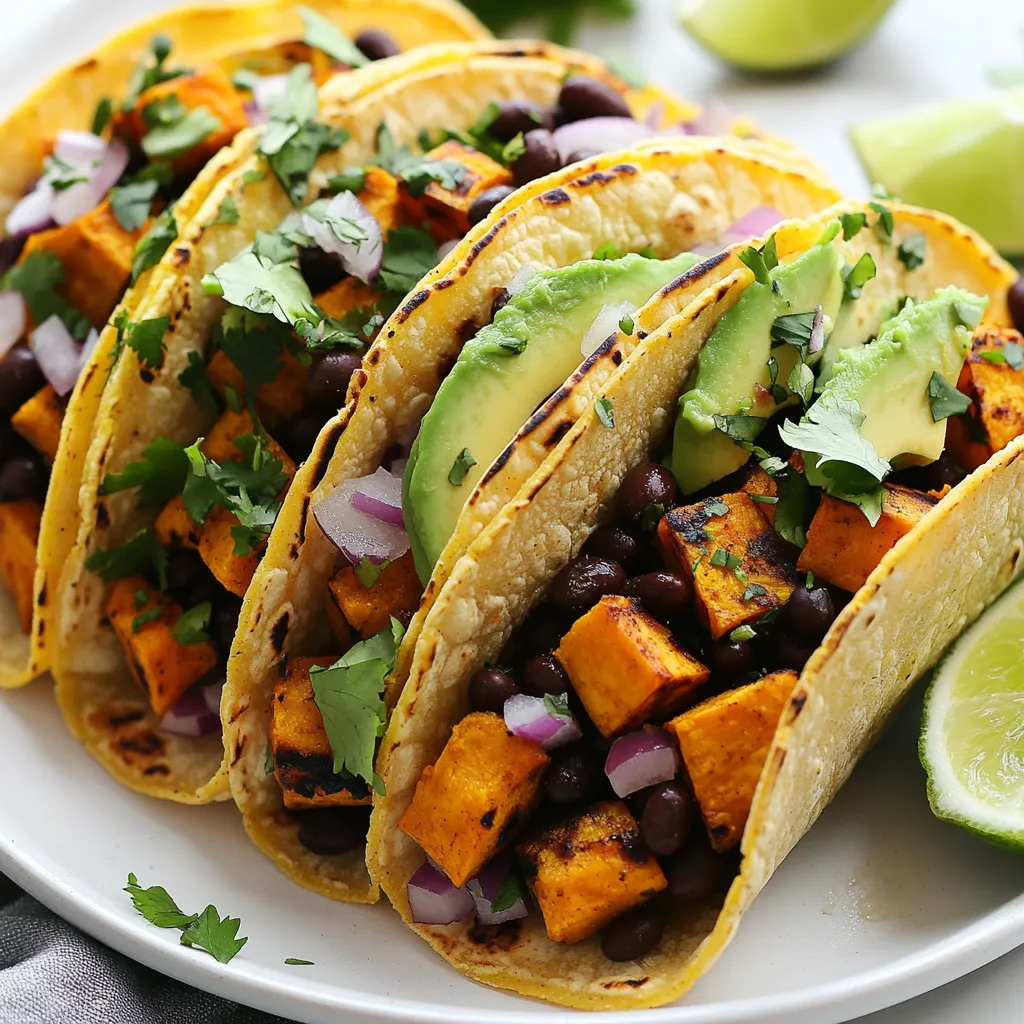To make sweet potato black bean tacos, gather these ingredients: - 2 medium sweet potatoes, peeled and cut into 1/2-inch cubes - 1 can (15 oz) black beans, thoroughly drained and rinsed - 1 tablespoon extra-virgin olive oil - 1 teaspoon ground cumin - 1 teaspoon smoked paprika - 1/2 teaspoon garlic powder - 1/2 teaspoon onion powder - Sea salt and freshly cracked black pepper, to taste - 8 small corn tortillas - 1 ripe avocado, sliced - 1/4 cup red onion, finely chopped - Fresh cilantro leaves, for garnish - Lime wedges, for serving Each serving of these tacos is not just tasty; it is also nutritious. You get a good mix of fiber, protein, and healthy fats. Sweet potatoes are high in beta-carotene, which is great for your eyes. Black beans give you protein and iron, making these tacos filling and healthy. If you want to change things up, here are some ideas: - Use butternut squash instead of sweet potatoes for a different flavor. - Try pinto beans or kidney beans if you don't have black beans. - Swap corn tortillas for whole wheat or flour tortillas if you prefer. - Add corn for a sweet crunch or jalapeños for heat. - Use lime juice in place of fresh lime wedges for a tangy kick. These options let you customize your tacos to your taste and dietary needs. Happy cooking! {{ingredient_image_2}} Start by preheating your oven to 400°F (200°C). This helps roast the sweet potatoes well. While the oven heats, peel and cut the sweet potatoes into 1/2-inch cubes. Place these cubes in a large bowl. Add one tablespoon of olive oil and the spices: one teaspoon of ground cumin, one teaspoon of smoked paprika, half a teaspoon of garlic powder, and half a teaspoon of onion powder. Season with sea salt and black pepper to taste. Mix everything until the sweet potatoes are well-coated. Spread the sweet potato mixture on a baking sheet in a single layer. This helps them roast evenly. Place the baking sheet in the preheated oven. Roast for 20 to 25 minutes. Stir the sweet potatoes halfway through cooking. They should be fork-tender and lightly browned when done. While the sweet potatoes roast, grab a small saucepan. Add the drained black beans to the pan. Heat over medium heat for about five minutes. Stir occasionally and add a pinch of salt and pepper. This warms the beans nicely. Next, heat a dry skillet over medium heat. Place each corn tortilla in the skillet for 30 seconds on each side. This makes them warm and easy to fold. Now it's time to build your tacos! Start with a warm tortilla. Add a spoonful of roasted sweet potatoes and black beans. Top with slices of ripe avocado, chopped red onion, and fresh cilantro leaves. For a burst of flavor, serve the tacos with lime wedges. Squeeze lime over the top just before eating. Enjoy your delicious sweet potato black bean tacos! To get the best sweet potato texture, size matters. Cut your sweet potatoes into 1/2-inch cubes. This size helps them cook evenly. Baking them at 400°F gives a nice, crispy outside while keeping the inside soft. Stir them halfway through cooking for even browning. You want them fork-tender and lightly browned for the best taste. Spices can transform your tacos. Start with cumin and smoked paprika. These add warmth and a smoky flavor. Garlic powder and onion powder bring depth. Don't forget salt and pepper. They help highlight the sweet potato and black bean flavors. Feel free to add your favorite spices too. A pinch of chili powder can give a nice kick! Presentation is key for these tacos. Stack them on a bright platter. Add creamy avocado slices and sprinkle red onion for color. Fresh cilantro leaves add a burst of flavor. Serve with lime wedges on the side. A squeeze of lime adds freshness and brightens every bite! Enjoy these tacos with friends or family for a fun meal. Pro Tips Roast for Extra Flavor: Roasting sweet potatoes at a higher temperature enhances their natural sweetness and develops a caramelized flavor that complements the tacos beautifully. Make it Spicy: For a kick, add diced jalapeños or a sprinkle of cayenne pepper to the sweet potatoes before roasting, elevating the flavor profile with some heat. Fresh Herbs Matter: Use fresh cilantro for garnish rather than dried herbs for a burst of freshness. You can also experiment with other herbs like parsley or mint for a unique twist. Perfectly Warm Tortillas: For an even better texture, wrap warmed tortillas in a clean kitchen towel after heating. This keeps them soft and pliable until you're ready to serve. {{image_4}} You can make your sweet potato black bean tacos even better with fun toppings. Here are some ideas: - Cheese: Crumbled feta or shredded cheddar adds a creamy touch. - Sour cream: A dollop of plain yogurt gives a cool contrast. - Fresh veggies: Chopped tomatoes and shredded lettuce add crunch and color. - Pickled jalapeños: For spice lovers, these bring heat and tang. - Radishes: Sliced radishes add a nice peppery bite. Mix and match these toppings to suit your taste. This recipe is naturally vegan and gluten-free. Here’s how to ensure it stays that way: - Tortillas: Use corn tortillas, as they are usually gluten-free. - Sour cream: Replace dairy sour cream with cashew cream or coconut yogurt. - Cheese: Skip cheese or use a vegan cheese option for flavor. This way, everyone at your table can enjoy these tacos without worry. Adding sauces and salsas can take your tacos to the next level. Here are some tasty ideas: - Chipotle sauce: A smoky chipotle sauce adds a spicy kick. - Mango salsa: Sweet mango salsa pairs well with the earthy flavors. - Pico de gallo: Fresh pico de gallo offers a zesty bite. - Cilantro-lime dressing: A tangy dressing brightens the dish. Experiment with these flavor twists to find your favorite combination. To keep your leftover tacos fresh, store them in an airtight container. Place the tacos in the fridge. If you have extra filling, store it separately. This way, the tortillas won’t get soggy. Use the leftovers within three days for the best taste. To reheat your tacos, you can use a skillet or the oven. Heat a skillet over medium heat. Place the tacos in the skillet for about 2-3 minutes on each side. This warms them up nicely. If using the oven, preheat it to 350°F (175°C). Wrap the tacos in foil and heat for about 10 minutes. This keeps the tortillas crisp. For quick weeknight dinners, prepare the sweet potatoes and black beans in advance. Roast the sweet potatoes and store them in the fridge. Warm them up when you are ready to eat. You can also chop the toppings, like red onion and avocado, ahead of time. Just keep them in separate containers. This makes taco night easy and fun! You can easily make these tacos vegan. Use olive oil for roasting. The black beans are already vegan. Skip any dairy toppings. Instead of sour cream, use avocado slices. You can also add a squeeze of lime for brightness. I recommend using small corn tortillas. They add a nice texture and flavor. Corn tortillas hold the filling well and are gluten-free. If you prefer flour tortillas, those work too. Just warm them up in a skillet for the best taste. Yes, you can use frozen sweet potatoes. Just thaw them before cooking. For canned black beans, ensure you rinse and drain them well. This removes extra sodium and improves taste. Using these options makes your meal quick and easy. In this article, we explored making delicious sweet potato black bean tacos. We covered the ingredients, step-by-step instructions, helpful tips, and tasty variations. Remember to try different spices and toppings for added flavor. You can easily adapt this recipe to fit your diet and needs. It’s a simple meal that packs nutrition and taste. With storage tips, you can enjoy leftovers with no waste. Get ready to impress your family with these flavorful tacos. Happy cooking!