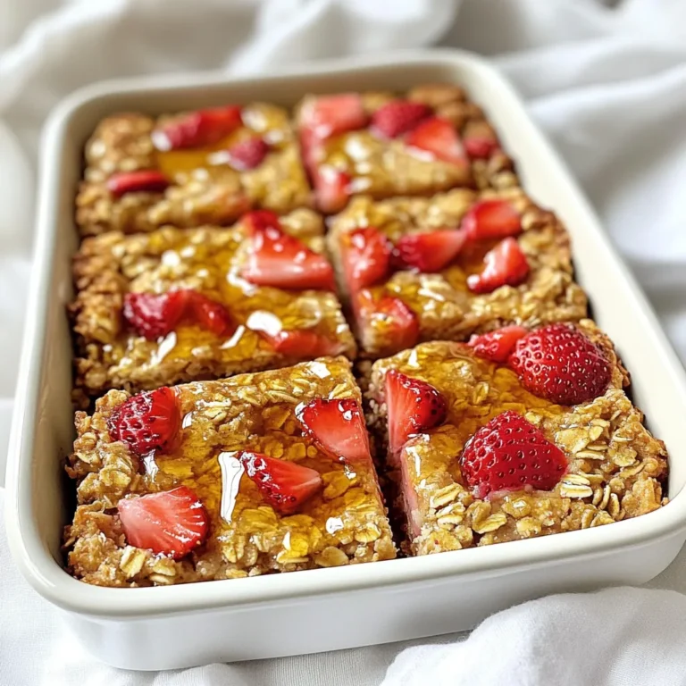 - 1 ½ cups rolled oats - ½ cup almond flour - ½ teaspoon baking powder - ½ teaspoon ground cinnamon - 1/4 cup honey or maple syrup - 1/3 cup almond milk (or any milk of choice) - 2 tablespoons coconut oil, melted - 1 teaspoon pure vanilla extract - 1 cup fresh strawberries, hulled and coarsely chopped - A pinch of salt These ingredients make the heart of my strawberry oatmeal breakfast bars. Each one plays a key role in flavor and texture. Rolled oats bring a chewy base. Almond flour adds a nice nutty taste and helps with moisture. Baking powder gives the bars a lift, while ground cinnamon adds warmth and spice. For sweetening, I love using honey or maple syrup. Both add a gentle sweetness without being overpowering. Almond milk makes the mix creamy, but feel free to use any milk you enjoy. Coconut oil is my go-to fat here. It keeps the bars moist and adds a subtle coconut flavor. Pure vanilla extract enhances all the other tastes. Finally, fresh strawberries are the star of the show. They burst with flavor and add natural sweetness. A pinch of salt rounds everything out, making these bars a delightful treat. Make sure to gather these ingredients before starting. They work together to create a healthy and tasty breakfast option you’ll love. 1. Preheat your oven to 350°F (175°C). Get an 8x8 inch baking dish ready by lining it with parchment paper. Let some paper hang over the edges. This helps with easy removal. 2. In a large bowl, mix rolled oats, almond flour, baking powder, ground cinnamon, and a pinch of salt. Stir these dry ingredients until well blended. 3. In another bowl, whisk together honey or maple syrup, almond milk, melted coconut oil, and pure vanilla extract. Make sure this mixture is smooth and mixed well. 4. Slowly pour the wet mixture into the dry ingredients. Stir gently until just combined. Fold in the chopped strawberries carefully to keep them intact. 5. Pour the mixture into the lined baking dish. Use a spatula to spread it out evenly. Make sure the strawberries are well-distributed. 6. Bake in the preheated oven for 25-30 minutes. Look for the edges to turn golden brown. Insert a toothpick into the center. It should come out clean if done. 7. Once baked, take the dish out of the oven. Let it cool in the pan for about 10 minutes. Use the parchment paper to lift the bars out and place them on a wire rack to cool fully. 8. Once the bars are cool, slice them into desired portions. To make them pretty, serve them topped with fresh strawberries or a sprinkle of cinnamon. Store any leftovers in an airtight container in the fridge for up to a week. - Avoiding overmixing: When you mix the wet and dry ingredients, stir gently. Overmixing makes the bars tough. You want a soft texture, so mix until just combined. - Importance of ingredient temperatures: Use room temperature ingredients for best results. Cold ingredients can affect the mix and baking time. - Sweetener alternatives: You can swap honey or maple syrup for agave syrup or coconut sugar. Each sweetener adds a unique flavor. - Flavor variations and add-ins: Feel free to add spices like nutmeg or ginger. You can also mix in nuts or seeds for crunch. - Overbaking tips: Keep an eye on the bars while they bake. If edges turn dark brown, they may be overbaked. - Texture adjustments: If the bars are too dry, add a splash of almond milk next time. For chewier bars, try adding a bit more coconut oil. {{image_4}} You can switch up the fruit in these bars. Other berries work great. Try blueberries or raspberries for a tasty twist. You can also add mashed bananas. They bring a nice sweetness and moisture. Just use about one large banana. Mix it in with the wet ingredients. If you need gluten-free options, use certified gluten-free oats. They work just like rolled oats. For vegan substitutions, replace honey with maple syrup. This keeps the bars sweet without using any animal products. Use almond milk or any plant-based milk you like. Want to add some crunch? Toss in nuts or seeds like walnuts or chia seeds. They add texture and healthy fats. If you love chocolate, mix in some chocolate chips. Dark chocolate pairs well with the strawberries and makes a delightful treat. To keep your strawberry oatmeal breakfast bars fresh, store them in the fridge. Place the bars in an airtight container. This keeps moisture out and prevents them from drying out. If you stack the bars, add parchment paper between layers. This way, they won’t stick together. You can freeze these bars for later. First, let the bars cool completely. Then, wrap each bar in plastic wrap. Place the wrapped bars in a freezer bag. Seal it tightly to avoid freezer burn. When you want to eat a bar, take it out and let it thaw in the fridge overnight. In the fridge, your bars will last about a week. Look for signs of spoilage. If you see mold or notice a sour smell, toss them out. Fresh strawberries can spoil faster, so check your bars often. Enjoy them while they are still tasty and fresh! Can I use quick oats instead of rolled oats? Yes, you can use quick oats. They will make the bars softer. However, quick oats may change the texture slightly. Rolled oats offer more chewiness and substance. How can I make these bars nut-free? To make these bars nut-free, swap almond flour with oat flour or all-purpose flour. Use regular milk instead of almond milk. This keeps the bars tasty and safe for nut allergies. What’s the best way to reheat strawberry oatmeal bars? The best way to reheat bars is in the microwave. Heat for 10 to 15 seconds. This warms them nicely without drying them out. You can also warm them in the oven at 350°F for about 5 minutes. Caloric content per serving Each bar has about 120 calories. This can vary based on the sweetener and milk used. Always check your specific ingredients for exact numbers. Key nutrients found in the bars These bars are rich in fiber, thanks to the oats and strawberries. They also provide healthy fats from coconut oil. You get a good amount of vitamins from the strawberries too. Recommended portion sizes I suggest slicing the bars into 12 pieces. This size is great for breakfast or a snack. You can adjust the size based on your hunger. Pairing ideas for a balanced breakfast Pair these bars with yogurt for protein. A side of fresh fruit adds extra vitamins. You can also enjoy them with a glass of milk for a filling meal. You learned how to make delicious strawberry oatmeal bars. We covered the key ingredients, simple steps, and smart tips. Customizing your bars makes them uniquely yours. Whether you prefer vegan or gluten-free options, there’s a way to suit your needs. Remember to store properly for freshness or freeze for later. Enjoy your tasty creation, and feel proud of your new skills! Keep experimenting with flavors to find your favorite blend.