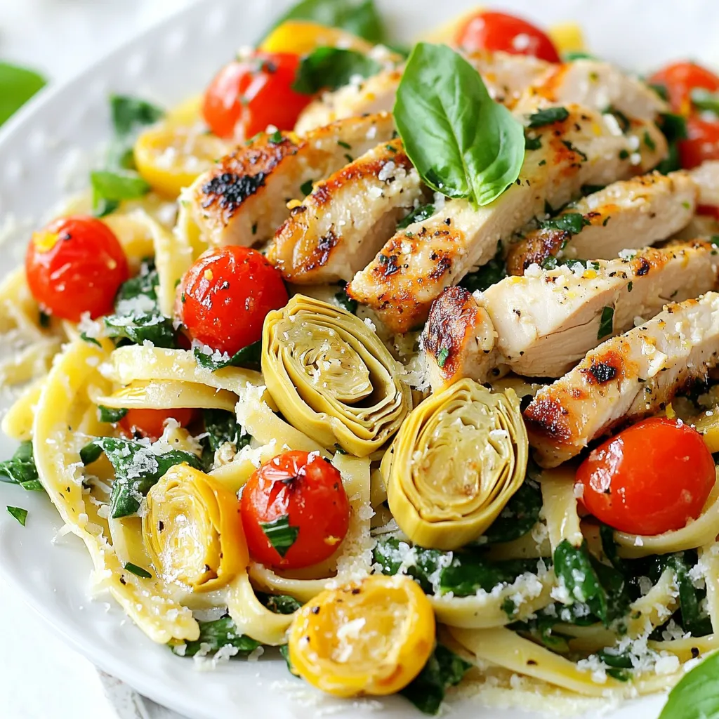 - 2 boneless, skinless chicken breasts - 8 oz fettuccine pasta - 1 can (14 oz) artichoke hearts, drained and quartered - 2 tablespoons olive oil - 3 cloves garlic, minced - Zest and juice of 1 lemon - 1 cup cherry tomatoes, halved - 1 cup fresh spinach - 1/4 teaspoon red pepper flakes (optional) - Salt and pepper to taste - 1/4 cup grated Parmesan cheese (optional for serving) - Fresh basil leaves for garnish For this Lemon Artichoke Chicken Pasta, you need a mix of fresh and pantry ingredients. The chicken breasts bring protein and a nice texture. Fettuccine pasta is perfect for holding the sauce. Artichoke hearts add a unique taste, while olive oil and garlic create a flavorful base. Lemon zest and juice give a bright touch. The cherry tomatoes add sweetness and color. Fresh spinach not only boosts nutrition but also looks great. Red pepper flakes give a slight kick, but you can skip them if you prefer mild flavors. For toppings, grated Parmesan cheese adds richness, and fresh basil leaves enhance the dish's aroma. This blend of ingredients makes your pasta dish vibrant and full of life. You’ll love how they all come together to create a quick and flavorful meal. {{ingredient_image_2}} Start with a large pot. Fill it with water and bring it to a boil. Once boiling, add 8 oz of fettuccine pasta. Cook it according to the package instructions until it is al dente. When the pasta is done, drain it well. Remember to save 1/2 cup of that pasta water for later. This water helps make the sauce smooth and tasty. While your pasta cooks, grab 2 boneless, skinless chicken breasts. Season both sides with salt, pepper, and lemon zest. This step adds great flavor. Heat 2 tablespoons of olive oil in a large skillet over medium heat. Once hot, carefully place the chicken in the skillet. Cook it for about 5-6 minutes on each side. You want it golden brown and cooked through, reaching an internal temperature of 165°F (75°C). After cooking, move the chicken to a plate, let it rest for a few minutes, then slice it into thin strips. Using the same skillet, add 3 cloves of minced garlic. Sauté for about 1 minute, stirring constantly to avoid browning. Next, add 1 can of quartered artichoke hearts, 1 cup of halved cherry tomatoes, and 1 cup of fresh spinach. Stir and cook for 3-4 minutes until the spinach wilts and tomatoes soften. Now, mix in the cooked fettuccine and sliced chicken. Squeeze the juice of one lemon over the top and sprinkle in 1/4 teaspoon of red pepper flakes if you like a bit of heat. Toss everything together. Gradually add the reserved pasta water until a light sauce forms that coats all the ingredients. Taste your pasta and adjust flavors with more salt, pepper, or lemon juice as needed. This step ensures every bite is packed with flavor. Remove the skillet from heat and serve warm. Garnish your plates with grated Parmesan cheese and fresh basil leaves for an extra touch. To ensure your chicken is cooked to perfection, season it well with salt and lemon zest. This will add flavor and help it stay moist. Cook the chicken for about 5-6 minutes on each side until it reaches an internal temperature of 165°F (75°C). This way, the chicken stays juicy and tender. Achieving al dente pasta is key for texture. Start by boiling water and adding salt. Cook the fettuccine according to the package instructions. Check a minute or two before the time is up. You want it firm but not hard. Drain and remember to save some pasta water for later. Balancing flavors in this dish is simple. The lemon juice adds brightness, while artichokes and tomatoes bring sweetness. If you want to enhance the dish further, consider adding a touch more lemon juice or a bit of salt. Always taste as you go to get it just right. For those who love a little heat, sprinkle in red pepper flakes. Start with 1/4 teaspoon and adjust to your taste. This adds a nice kick without overpowering the other flavors. For serving, consider using shallow bowls. This allows the pasta to shine. Garnish your dish with extra lemon zest and a sprig of fresh basil. This not only looks great but adds a burst of fresh flavor. A sprinkle of grated Parmesan cheese on top adds a savory touch. It makes the dish look appealing and adds a rich, creamy layer to each bite. Pro Tips Marinate the Chicken: For enhanced flavor, marinate the chicken breasts in lemon juice, olive oil, and garlic for at least 30 minutes before cooking. Use Fresh Ingredients: Always opt for fresh spinach and ripe cherry tomatoes to elevate the dish's flavor and presentation. Reserve Pasta Water: The starchy pasta water helps create a silky sauce that clings beautifully to the pasta, so don't forget to reserve it! Customize the Heat: Adjust the amount of red pepper flakes to your preference, or substitute with fresh chili for a different flavor profile. {{image_4}} You can easily switch up the protein in this dish. If you want seafood, try shrimp instead of chicken. Shrimp cooks quickly and adds a nice flavor. For a plant-based option, use tofu. Tofu absorbs flavors well and gives a good texture. Pasta is also flexible. You can use whole wheat fettuccine for a healthier choice. Gluten-free pasta is another great option if you have dietary needs. Just be sure to follow the cooking time on the package. Want to add more color and taste? Toss in other vegetables like bell peppers or zucchini. These veggies cook fast and add crunch. You can also try using different herbs for garnish. Fresh parsley or thyme can give a new twist to the dish. If you want to make this dish vegan, skip the chicken and cheese. Use vegetable broth instead of chicken broth for a flavorful base. You can also add more veggies to fill up your plate. For a low-carb version, swap fettuccine with spiralized zucchini or spaghetti squash. This change keeps the meal light while still being delicious. Adjust the sauce to suit your taste, and you’ll have a great meal! To keep your Lemon Artichoke Chicken Pasta fresh, store it in an airtight container. Place it in the fridge within two hours of cooking. It will last for about 3 to 4 days. Make sure to let it cool down before sealing it up. This helps avoid condensation, keeping your pasta from getting soggy. The best way to reheat your pasta is in the microwave. Place it in a microwave-safe dish. Add a splash of water to keep it moist. Cover it with a lid or microwave-safe wrap. Heat in short bursts, stirring in between. This method helps it heat evenly. You can also reheat it in a skillet over low heat. Just add a little olive oil or chicken broth to prevent sticking. If you want to freeze your Lemon Artichoke Chicken Pasta, let it cool first. Divide it into portions and place them in freezer-safe bags or containers. Squeeze out as much air as you can before sealing. This helps prevent freezer burn. You can freeze it for up to 3 months. To eat, thaw it overnight in the fridge and then reheat as mentioned above. This dish takes about 30 minutes to make. You need 10 minutes for prep and 20 minutes for cooking. It’s quick and perfect for a busy night. Yes, you can use frozen artichoke hearts. Just thaw them and drain any extra water. They may not be as tender as canned ones, but they work well. Canned hearts are softer and ready to use. Frozen will need a little longer to cook. You have many options for side dishes. Here are a few ideas: - Garlic bread to soak up the sauce. - A fresh green salad for a light touch. - Roasted vegetables for added flavor. - Steamed asparagus for a nice crunch. These sides will balance the meal and add more colors to your plate. This article covered how to make Lemon Artichoke Chicken Pasta from start to finish. We discussed the key ingredients, cooking steps, and tips for great taste. You learned about variations and storage options. With this guide, you can now cook a tasty meal with ease. Enjoy trying out the different flavor options. Remember, cooking should be fun and not stressful. Keep experimenting to make the dish your own. You have all the tools you need to impress your family and friends. Happy cooking!