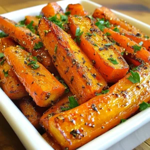 To make Maple Dijon Roasted Carrots, you need: - 1 pound of medium-sized carrots, peeled and cut into uniform sticks - 3 tablespoons pure maple syrup - 2 tablespoons Dijon mustard - 2 tablespoons extra-virgin olive oil - 1 teaspoon garlic powder - 1/2 teaspoon sea salt - 1/4 teaspoon freshly ground black pepper - Fresh thyme or flat-leaf parsley for garnish (optional) You can swap some ingredients if needed. Use honey instead of maple syrup. For a milder taste, use yellow mustard instead of Dijon. You can also use avocado oil instead of olive oil. If you don’t have garlic powder, fresh garlic works well too. Just chop one clove finely. For garnish, try using chives or dill if you want other flavors. When picking carrots, look for firm ones. They should be bright orange and smooth. Avoid carrots that are soft or have dark spots. The greens on top should look fresh and not wilted. If you can, buy organic carrots for better taste and fewer chemicals. Always store them in the fridge to keep them crisp. {{ingredient_image_2}} Start by preheating your oven to 425°F (220°C). This heat makes the carrots sweet and tender. Next, grab a large mixing bowl. In this bowl, combine 3 tablespoons of pure maple syrup, 2 tablespoons of Dijon mustard, and 2 tablespoons of extra-virgin olive oil. Add 1 teaspoon of garlic powder, 1/2 teaspoon of sea salt, and 1/4 teaspoon of freshly ground black pepper. Whisk these ingredients together until they blend smoothly. Now, peel and cut 1 pound of medium-sized carrots into uniform sticks. Add these carrot sticks to your bowl and gently toss them in the maple-Dijon mixture. Make sure each stick is coated well. This step ensures every bite is packed with flavor. Line a baking sheet with parchment paper. This helps with easy cleanup and prevents sticking. Spread the coated carrots in a single layer on the baking sheet. Avoid overcrowding; this lets them roast evenly. Place the baking sheet in your preheated oven. Roast the carrots for 25-30 minutes. Halfway through, stir the carrots gently. This promotes even cooking and caramelization. The carrots are done when they are fork-tender and have a nice caramel color on the edges. After roasting, take the carrots out and let them cool for a few minutes. Transfer the roasted carrots to a serving dish. For a fresh touch, sprinkle some fresh thyme or chopped parsley on top. If you want, drizzle any leftover maple-Dijon sauce over the carrots for extra flavor. Serve them warm as a vibrant side dish that brightens up any meal. To get the best roasted carrots, cut them into even sticks. This helps them cook the same. Roast at 425°F for that perfect crisp. Use parchment paper on your baking sheet. It keeps carrots from sticking and makes cleanup easy. Stir them halfway through cooking to ensure even browning. Look for a nice caramel color when they are done. Maple syrup and Dijon mustard create a sweet and tangy mix. You can change the flavor by adding spices. Try adding a pinch of cayenne for some heat. Fresh herbs like thyme or parsley elevate the taste and look. A splash of lemon juice adds brightness and freshness to the dish. One common mistake is overcrowding the baking sheet. This leads to steaming instead of roasting. Do not skip preheating your oven, as this is key for crispness. Avoid using old carrots; they can be woody and less sweet. Make sure to coat the carrots well with the maple-Dijon sauce for full flavor. Pro Tips Choose the Right Carrots: Opt for medium-sized carrots for even cooking and better texture. If possible, select organic carrots for enhanced flavor and freshness. Adjust Sweetness: Feel free to modify the amount of maple syrup based on your sweetness preference. You can also substitute honey or agave syrup for a different flavor profile. Enhance with Spices: Experiment with adding spices like cumin or smoked paprika to the maple-Dijon mixture for an extra layer of flavor. Perfect Roasting: Make sure the carrots are in a single layer with space between them on the baking sheet. This ensures they roast evenly and develop a lovely caramelization. {{image_4}} You can switch up the carrots if you want. Try using parsnips, sweet potatoes, or even Brussels sprouts. These veggies roast well with the maple-Dijon mix. Cut them into sticks or wedges for even cooking. Just keep the roasting time in mind so they cook through. Each veggie brings a unique taste and texture. Adding nuts gives a nice crunch. I love using walnuts or pecans. Chop them coarsely and mix them in before roasting. The nuts will toast nicely and add a rich flavor. Sprinkle the nuts on top after baking for a fresh finish. This twist makes the dish more filling and adds healthy fats. Want some heat? Add red pepper flakes or cayenne pepper to the sauce. Start with a small amount and taste as you go. The spice pairs well with the sweet maple and tangy Dijon. This variation is perfect for those who like a kick in their side dishes. It adds excitement to the meal and keeps things interesting. After enjoying your Maple Dijon roasted carrots, store any leftovers in an airtight container. Make sure the carrots cool down first. Place the container in the fridge. They will stay fresh for up to 3 days. If you want to keep them longer, consider freezing. To reheat the carrots, preheat your oven to 350°F (175°C). Spread the carrots on a baking sheet. Heat them for about 10-15 minutes. This will help them regain their warmth and crispness. You can also use a microwave. Just heat them for 30 seconds at a time, stirring in between. You can freeze these roasted carrots for future meals. First, let the carrots cool completely. Place them in a freezer-safe bag or container. Remove as much air as possible. They can last in the freezer for up to 2 months. When ready to eat, thaw them overnight in the fridge and reheat as mentioned above. Yes, you can prepare the carrots ahead of time. Toss them in the maple-Dijon mixture and store them in the fridge. Keep them in an airtight container for up to 24 hours. This saves time on cooking day. Just remember to roast them right before serving for the best flavor and texture. Maple Dijon Roasted Carrots go well with many dishes. They pair nicely with grilled chicken or fish. You can also serve them alongside roasted pork or a hearty grain salad. Their sweet and tangy flavor adds a great touch to any meal. To make Maple Dijon Roasted Carrots vegan, simply check the mustard. Most Dijon mustards are already vegan. Use pure maple syrup, olive oil, garlic powder, sea salt, and black pepper. You can enjoy this dish without any animal products and still keep all the great flavors. Roasting carrots is easy and fun. We covered key ingredients, substitutions, and tips for fresh carrots. Then, I shared simple steps for preparation, roasting, and serving. I also gave tricks for perfect flavor and common mistakes to avoid. We explored variations with other veggies and two tasty twists. Finally, I outlined storage tips for leftovers and answered common questions. Make the most of your carrot dish. Enjoy experimenting and make it your way!