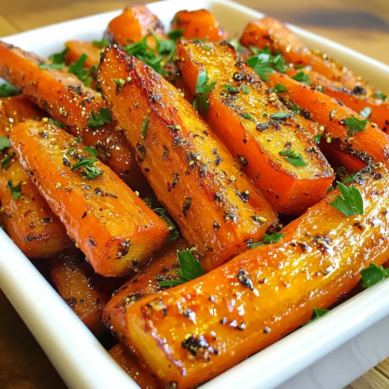 To make Maple Dijon Roasted Carrots, you need: - 1 pound of medium-sized carrots, peeled and cut into uniform sticks - 3 tablespoons pure maple syrup - 2 tablespoons Dijon mustard - 2 tablespoons extra-virgin olive oil - 1 teaspoon garlic powder - 1/2 teaspoon sea salt - 1/4 teaspoon freshly ground black pepper - Fresh thyme or flat-leaf parsley for garnish (optional) You can swap some ingredients if needed. Use honey instead of maple syrup. For a milder taste, use yellow mustard instead of Dijon. You can also use avocado oil instead of olive oil. If you don’t have garlic powder, fresh garlic works well too. Just chop one clove finely. For garnish, try using chives or dill if you want other flavors. When picking carrots, look for firm ones. They should be bright orange and smooth. Avoid carrots that are soft or have dark spots. The greens on top should look fresh and not wilted. If you can, buy organic carrots for better taste and fewer chemicals. Always store them in the fridge to keep them crisp. {{ingredient_image_2}} Start by preheating your oven to 425°F (220°C). This heat makes the carrots sweet and tender. Next, grab a large mixing bowl. In this bowl, combine 3 tablespoons of pure maple syrup, 2 tablespoons of Dijon mustard, and 2 tablespoons of extra-virgin olive oil. Add 1 teaspoon of garlic powder, 1/2 teaspoon of sea salt, and 1/4 teaspoon of freshly ground black pepper. Whisk these ingredients together until they blend smoothly. Now, peel and cut 1 pound of medium-sized carrots into uniform sticks. Add these carrot sticks to your bowl and gently toss them in the maple-Dijon mixture. Make sure each stick is coated well. This step ensures every bite is packed with flavor. Line a baking sheet with parchment paper. This helps with easy cleanup and prevents sticking. Spread the coated carrots in a single layer on the baking sheet. Avoid overcrowding; this lets them roast evenly. Place the baking sheet in your preheated oven. Roast the carrots for 25-30 minutes. Halfway through, stir the carrots gently. This promotes even cooking and caramelization. The carrots are done when they are fork-tender and have a nice caramel color on the edges. After roasting, take the carrots out and let them cool for a few minutes. Transfer the roasted carrots to a serving dish. For a fresh touch, sprinkle some fresh thyme or chopped parsley on top. If you want, drizzle any leftover maple-Dijon sauce over the carrots for extra flavor. Serve them warm as a vibrant side dish that brightens up any meal. To get the best roasted carrots, cut them into even sticks. This helps them cook the same. Roast at 425°F for that perfect crisp. Use parchment paper on your baking sheet. It keeps carrots from sticking and makes cleanup easy. Stir them halfway through cooking to ensure even browning. Look for a nice caramel color when they are done. Maple syrup and Dijon mustard create a sweet and tangy mix. You can change the flavor by adding spices. Try adding a pinch of cayenne for some heat. Fresh herbs like thyme or parsley elevate the taste and look. A splash of lemon juice adds brightness and freshness to the dish. One common mistake is overcrowding the baking sheet. This leads to steaming instead of roasting. Do not skip preheating your oven, as this is key for crispness. Avoid using old carrots; they can be woody and less sweet. Make sure to coat the carrots well with the maple-Dijon sauce for full flavor. Pro Tips Choose the Right Carrots: Opt for medium-sized carrots for even cooking and better texture. If possible, select organic carrots for enhanced flavor and freshness. Adjust Sweetness: Feel free to modify the amount of maple syrup based on your sweetness preference. You can also substitute honey or agave syrup for a different flavor profile. Enhance with Spices: Experiment with adding spices like cumin or smoked paprika to the maple-Dijon mixture for an extra layer of flavor. Perfect Roasting: Make sure the carrots are in a single layer with space between them on the baking sheet. This ensures they roast evenly and develop a lovely caramelization. {{image_4}} You can switch up the carrots if you want. Try using parsnips, sweet potatoes, or even Brussels sprouts. These veggies roast well with the maple-Dijon mix. Cut them into sticks or wedges for even cooking. Just keep the roasting time in mind so they cook through. Each veggie brings a unique taste and texture. Adding nuts gives a nice crunch. I love using walnuts or pecans. Chop them coarsely and mix them in before roasting. The nuts will toast nicely and add a rich flavor. Sprinkle the nuts on top after baking for a fresh finish. This twist makes the dish more filling and adds healthy fats. Want some heat? Add red pepper flakes or cayenne pepper to the sauce. Start with a small amount and taste as you go. The spice pairs well with the sweet maple and tangy Dijon. This variation is perfect for those who like a kick in their side dishes. It adds excitement to the meal and keeps things interesting. After enjoying your Maple Dijon roasted carrots, store any leftovers in an airtight container. Make sure the carrots cool down first. Place the container in the fridge. They will stay fresh for up to 3 days. If you want to keep them longer, consider freezing. To reheat the carrots, preheat your oven to 350°F (175°C). Spread the carrots on a baking sheet. Heat them for about 10-15 minutes. This will help them regain their warmth and crispness. You can also use a microwave. Just heat them for 30 seconds at a time, stirring in between. You can freeze these roasted carrots for future meals. First, let the carrots cool completely. Place them in a freezer-safe bag or container. Remove as much air as possible. They can last in the freezer for up to 2 months. When ready to eat, thaw them overnight in the fridge and reheat as mentioned above. Yes, you can prepare the carrots ahead of time. Toss them in the maple-Dijon mixture and store them in the fridge. Keep them in an airtight container for up to 24 hours. This saves time on cooking day. Just remember to roast them right before serving for the best flavor and texture. Maple Dijon Roasted Carrots go well with many dishes. They pair nicely with grilled chicken or fish. You can also serve them alongside roasted pork or a hearty grain salad. Their sweet and tangy flavor adds a great touch to any meal. To make Maple Dijon Roasted Carrots vegan, simply check the mustard. Most Dijon mustards are already vegan. Use pure maple syrup, olive oil, garlic powder, sea salt, and black pepper. You can enjoy this dish without any animal products and still keep all the great flavors. Roasting carrots is easy and fun. We covered key ingredients, substitutions, and tips for fresh carrots. Then, I shared simple steps for preparation, roasting, and serving. I also gave tricks for perfect flavor and common mistakes to avoid. We explored variations with other veggies and two tasty twists. Finally, I outlined storage tips for leftovers and answered common questions. Make the most of your carrot dish. Enjoy experimenting and make it your way!