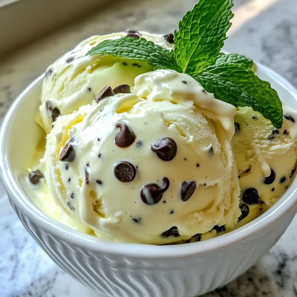 - 2 cups heavy whipping cream - 1 can (14 oz) sweetened condensed milk - 1 teaspoon peppermint extract - A few drops of green food coloring (optional) - 1 cup chocolate chips - Pinch of salt No-churn mint chocolate chip ice cream needs simple, fresh ingredients. You’ll start with heavy whipping cream. This cream gives the ice cream its rich and creamy texture. Sweetened condensed milk adds sweetness and helps achieve a smooth finish. You’ll also need peppermint extract for that cool, minty flavor. If you want a pop of color, consider using green food coloring. Just a few drops will do! You can choose dark or semi-sweet chocolate chips, depending on your taste. Finally, a pinch of salt enhances all the flavors in this treat. Gather these ingredients, and you're ready to create a delightful dessert everyone will love! {{ingredient_image_2}} Start by pouring 2 cups of heavy whipping cream into a large mixing bowl. Use an electric mixer set to medium-high speed. Whip the cream for about 3 to 5 minutes. Watch closely as it thickens. You want stiff peaks, which means the cream holds its shape well. This step brings air into the cream, making your ice cream light and fluffy. In a separate bowl, combine one can of sweetened condensed milk with 1 teaspoon of peppermint extract. Add a pinch of salt to enhance the flavor. If you want a vibrant green color, add a few drops of green food coloring. Mix everything well until it looks smooth. This mixture is the sweet base that balances the mint flavor. Now, it’s time to combine the two mixtures. Gently fold the whipped cream into the condensed milk. Use a spatula and be careful not to deflate the whipped cream. This keeps your ice cream airy. Once combined, add 1 cup of chocolate chips. Mix these in carefully, saving a few for decoration later. Ensure the chocolate chips are evenly spread throughout the mixture. Transfer your ice cream mixture into a freezer-safe container. Use the spatula to smooth out the top. For a fun touch, sprinkle the reserved chocolate chips over the top. This adds a nice look when serving. Seal the container tightly with a lid or plastic wrap. Place it in the freezer for at least 6 hours. This time allows the ice cream to set and become firm. To make your ice cream super creamy, folding is key. Folding keeps air in the whipped cream. This way, your ice cream stays light and fluffy. Always use heavy whipping cream. It whips up nicely and gives the best texture. You can adjust the peppermint flavor to fit your taste. If you want a stronger mint, add a bit more extract. For chocolate lovers, feel free to add more chocolate chips. If you want a fun color, use natural food color alternatives like spinach or beet juice. They keep your ice cream bright and tasty. When serving, use chilled bowls. This helps keep the ice cream cold longer. For a nice touch, top each scoop with fresh mint leaves and extra chocolate chips. A sprig of mint on top makes each serving look great and adds freshness. Pro Tips Use Cold Ingredients: For the best texture, ensure your heavy whipping cream is very cold before whipping. This helps achieve stiffer peaks more quickly. Choose Quality Chocolate: Opt for high-quality chocolate chips for a richer flavor. Dark chocolate pairs beautifully with the minty ice cream. Experiment with Flavors: Feel free to mix in other extracts like vanilla or almond for a unique twist on the classic mint chocolate chip flavor. Storage Tips: To prevent ice crystals from forming, press a piece of plastic wrap directly onto the surface of the ice cream before sealing the container. {{image_4}} You can spice up your no-churn mint chocolate chip ice cream with new flavors. For a chocolate mint swirl, simply add chocolate fudge or syrup to the mix. As you fold in the whipped cream, swirl in the fudge lightly. This gives a rich chocolatey taste in every bite. Fruity mint variations are also fun. Try adding strawberry-mint for a fresh twist. Chop fresh strawberries and mix them in gently. The sweet fruit pairs so well with mint. If you want a dairy-free option, use coconut cream instead of heavy whipping cream. It gives a rich texture and a hint of coconut. Make sure to choose a dairy-free sweetened condensed milk too. For a sugar-free version, use sugar substitutes like stevia or erythritol. This way, you can still enjoy a sweet treat without the sugar. You can customize your ice cream with unique mix-ins. Instead of chocolate chips, try adding crushed cookies or candy bars. This adds a fun crunch to your dessert. You can also mix in nuts like chopped almonds or walnuts for a nutty flavor. If you want a fruity touch, consider adding small pieces of fresh fruit. This makes each scoop exciting and full of flavor! To keep your no-churn mint chocolate chip ice cream fresh, follow these tips: - Freeze Quickly: After mixing, put the ice cream in the freezer right away. This helps it freeze evenly. - Prevent Ice Crystals: Store the ice cream in a container that seals well. This keeps air out, which can cause ice crystals. Choosing the right container makes a big difference. Here are some good options: - Airtight Containers: These keep ice cream fresh longer. They block air and moisture. - Plastic Containers: Use ones made for freezing. They are lightweight and easy to handle. To serve your ice cream without losing its great texture, follow these steps: - Thaw Safely: Move the container to the fridge for about 30 minutes before serving. This softens it gently. - Avoid Heat: Never thaw ice cream in the microwave. It can melt too fast, ruining the texture. These tips will help you enjoy your ice cream at its best! Yes, you can use other extracts! Almond extract gives a sweet twist. Vanilla is a classic choice, too. Just use the same amount as the peppermint extract. You can mix it up with orange or lemon for a bright flavor. Each will give your ice cream a unique taste. This ice cream stays fresh for about two weeks. To keep it best, seal it tightly. Use an airtight container to prevent ice crystals. If you notice any ice forming, just stir it before serving. It helps keep the texture smooth and creamy. You can! Use coconut cream or Greek yogurt for a lighter version. Both options add a different flavor. If you choose Greek yogurt, add a bit more sweetened condensed milk. This helps balance the taste and keeps it creamy. If your ice cream is too hard, let it sit out for 5 to 10 minutes. This will soften it enough to scoop easily. You can also stir it gently after a few minutes in the freezer. This helps make it creamier and more enjoyable. In this blog post, I covered how to make delicious homemade ice cream. You learned about vital ingredients, like cream and condensed milk, and how to whip, mix, and fold them correctly. I also shared tips for the creamiest texture and fun flavor variations. Proper storage is key to keeping your ice cream fresh. Make sure to follow these steps for the best results. Enjoy your tasty treats and get creative with your flavors! Making ice cream at home is fun and rewarding.
