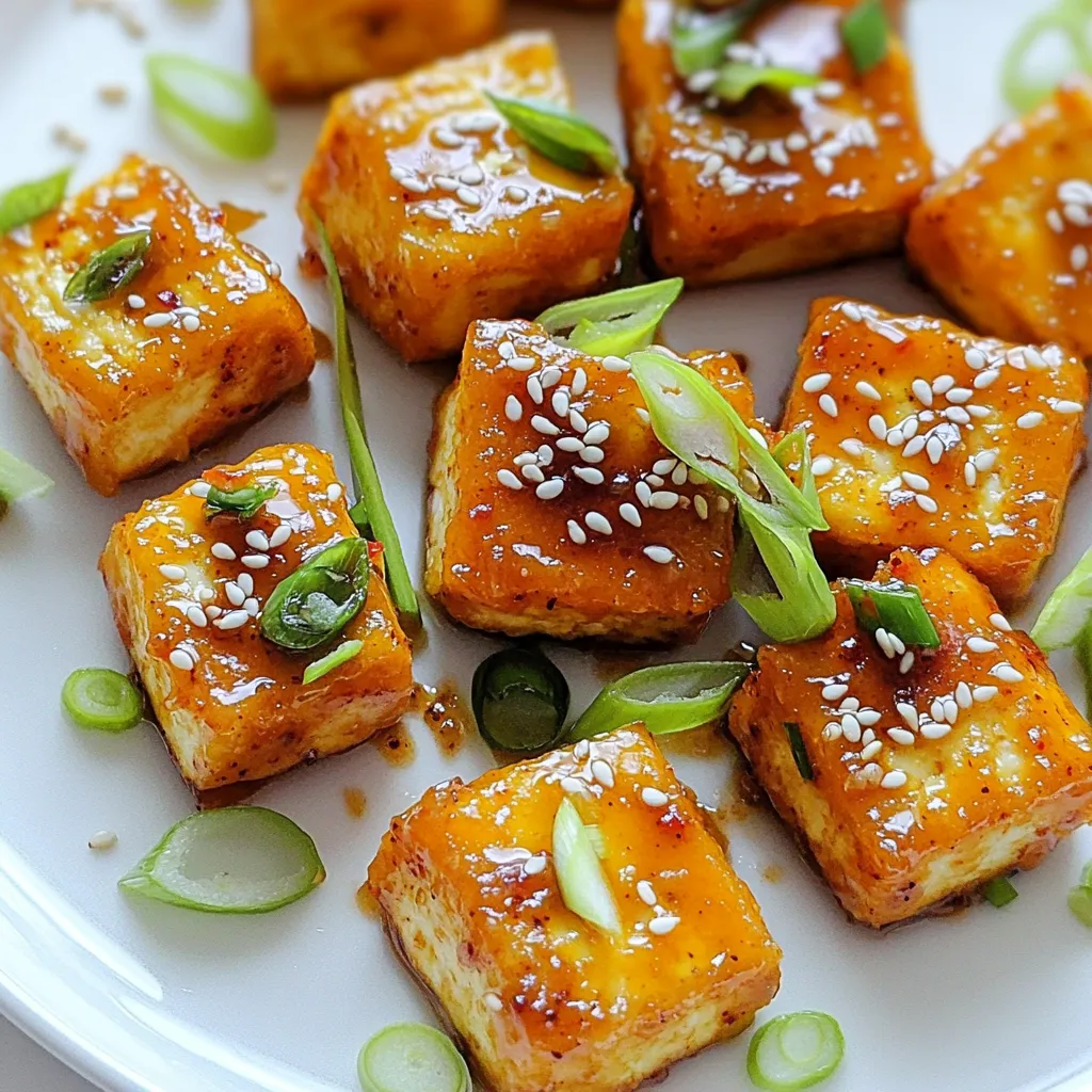 - 1 block firm tofu (14 oz), pressed and cubed - ½ cup cornstarch - 3 tablespoons vegetable oil - 4 cloves garlic, minced - ¼ cup sweet chili sauce - 2 tablespoons soy sauce - 1 tablespoon rice vinegar - 1 teaspoon sesame oil - 1 green onion, thinly sliced (for garnish) - Sesame seeds (for garnish) Tofu is the star of this dish. It’s made from soybeans and is a great source of protein. Firm tofu holds its shape well during cooking. Pressing the tofu helps remove water. This step makes it crispier when cooked. Tofu easily absorbs flavors, making it perfect for sweet chili sauce. It’s a versatile ingredient that fits into many diets. Garnishes add a nice touch to the dish. I suggest using thinly sliced green onions. They bring a fresh flavor and a pop of color. Sesame seeds are another great choice. They add a crunchy texture and nutty taste. For an extra burst of color, add fresh cilantro around the dish. These garnishes make your Sweet Chili Garlic Tofu Bites look inviting and appealing! To start, we need to press the tofu. This helps get rid of extra moisture. Wrap the tofu in a clean towel. Place a heavy object on top, like a skillet. Let it sit for 15 to 20 minutes. This step is important for crispy bites. After pressing, cut the tofu into small cubes. Aim for about one-inch pieces. These will cook evenly and become crunchy. Next, we’ll coat the tofu for crispiness. In a bowl, add cornstarch and the tofu cubes. Toss them gently until each piece is covered. This coating creates a crunchy texture when we fry them. Heat a non-stick skillet over medium-high heat. Add vegetable oil and let it heat until it shimmers. Carefully place the coated tofu cubes in a single layer. Cook for 4 to 5 minutes on each side. Look for a golden brown color. Once they’re crispy, take them out and set them aside on a plate. Now, let’s make the sweet chili sauce. In the same skillet, reduce the heat to medium. Add minced garlic and sauté for about 30 seconds. Stir it well but don’t let it burn. Next, pour in sweet chili sauce, soy sauce, rice vinegar, and sesame oil. Mix everything together and let it simmer. This brings all the flavors together. After that, return the crispy tofu to the skillet. Toss the tofu until it’s well coated in the sauce. Cook for another 2 to 3 minutes. This step warms everything through and blends the flavors nicely. To get that perfect crunch, start with firm tofu. Press the tofu well to remove moisture. Wrap it in a clean towel and put a heavy object on top. After 15-20 minutes, cut the tofu into cubes. Toss the cubes in cornstarch. This makes them crispy when cooked. Cook them in hot oil for 4-5 minutes on each side. Golden brown is the goal! To boost the flavor, think about your sauces. Sweet chili sauce is great, but you can add more. Try garlic powder or chili flakes for extra kick. Adding a splash of lime juice brightens the dish. You can also mix in fresh herbs for freshness, like cilantro or basil. Each bite should be packed with flavor! For serving, presentation matters. Place the tofu bites on a nice platter. Drizzle any extra sauce on top. Garnish with green onions and sesame seeds for color. Serve with rice or a fresh salad. You can also pair them with dipping sauces like soy sauce or sriracha. Enjoy your crunchy treat with friends or family! {{image_4}} You can change the sauce for a new taste. Try a spicy peanut sauce. This sauce adds a different kick and richness. You may also use teriyaki sauce for a sweet and savory mix. Feel free to mix ingredients. Add lime juice for a zesty twist. Each option lets you play with flavors! Adding veggies makes this dish even better. You can toss in bell peppers, snap peas, or broccoli. These colorful options add crunch and nutrition. If you want more protein, try adding chickpeas or edamame. Simply sauté them with the tofu. This way, you make a more filling meal. This recipe is already vegan, which is great! To keep it gluten-free, use tamari instead of soy sauce. Check your sweet chili sauce for gluten too. Some brands add wheat. You can make this dish fit many diets without losing taste. Enjoy these tasty bites without worry! Tofu bites need proper storage to keep them fresh. First, let them cool completely. Place the bites in an airtight container. You should cover the container to prevent air from getting in. Store the container in the fridge. They last for about 3-4 days this way. If you want to keep them longer, freezing is your best option. Reheating your tofu bites is easy. Use a skillet for the best results. Heat the skillet over medium heat. Add a little oil to help them crisp up again. Place the tofu bites in the skillet and heat for about 5-7 minutes. Flip them halfway through so they warm evenly. You can also use an oven. Preheat it to 350°F (175°C). Spread the tofu bites on a baking sheet and heat for 10-15 minutes. Freezing tofu bites is a great way to save leftovers. First, let them cool completely. Then, arrange the bites in a single layer on a baking sheet. Freeze them for about 1-2 hours until firm. After that, transfer the frozen bites to a freezer-safe bag. Remove as much air as possible before sealing. They can stay in the freezer for up to 3 months. When you're ready to eat, thaw them in the fridge overnight before reheating. To press tofu, wrap it in a clean kitchen towel. Place a heavy object on top, like a cast-iron skillet. Let it sit for 15-20 minutes. This helps remove extra moisture. Dry tofu absorbs flavors better and gets crispier when cooked. Yes, you can switch up the sauces! Try teriyaki for a sweet twist. You can also use sriracha for heat. Mixing soy sauce with honey gives a nice flavor too. Get creative and find what you love. These tofu bites last about 3-4 days in the fridge. Store them in an airtight container to keep them fresh. Reheat them in a skillet for best results. They may lose some crunch when microwaved. Serve these tofu bites with rice or quinoa for a complete meal. They pair well with steamed vegetables or a fresh salad. For a fun twist, try them in lettuce wraps. They make a great appetizer too! In this blog post, we explored how to make delicious Sweet Chili Garlic Tofu Bites. We detailed the key ingredients, like tofu and tasty sauces. I shared tips for getting your tofu crispy and highlighted variations to suit your taste. Proper storage methods help you keep leftovers fresh, too. Tofu can be a great addition to any meal. With these steps, you can enjoy this dish any time. Keep experimenting and make it your own!