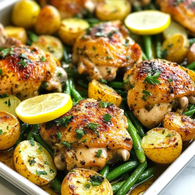 - 4 boneless, skinless chicken thighs - 2 lemons (1 for juice and 1 for slicing) - 6 cloves garlic, minced - 1 teaspoon dried oregano - 1 teaspoon paprika - ½ teaspoon red pepper flakes (optional, for a spicy kick) - 3 tablespoons olive oil - Salt and pepper to taste - 1 pound baby potatoes, halved - 1 cup green beans, trimmed - Fresh parsley, chopped (for garnish) - Large mixing bowl - Whisk - Sheet pan - Knife - Cutting board - Measuring spoons - Meat thermometer When measuring ingredients, use dry measuring cups for solids and liquid measuring cups for liquids. For spices, level off with a knife for accuracy. If you want fresh lemon juice, roll the lemon on the counter before cutting. This helps release more juice. Always taste as you go; it’s the best way to adjust flavors! {{ingredient_image_2}} Start by preheating your oven to 425°F (220°C). This step is key for even cooking. While the oven heats, grab a big bowl. In it, mix the juice of 1 lemon, minced garlic, oregano, paprika, red pepper flakes, olive oil, and a pinch of salt and pepper. This marinade is full of flavor. Add the chicken thighs to the bowl. Make sure they are well coated in the marinade. For the best taste, let them sit for at least 15 minutes. If you have time, two hours is even better. While the chicken marinates, it’s time to prep your veggies. Take 1 pound of baby potatoes and cut them in half. Also, trim 1 cup of green beans. In a separate bowl, toss the potatoes and green beans with a splash of olive oil, salt, and pepper. This helps them cook evenly and adds flavor. Grab a large sheet pan. Place the marinated chicken thighs in the center. Surround the chicken with the seasoned baby potatoes and green beans. Spread them out so they can cook well. Now, slice the second lemon into thin rounds. Place these lemon slices on top of the chicken and among the veggies. This adds flavor and makes the dish look pretty. Now it’s time to bake! Slide the sheet pan into your preheated oven. Bake for about 25 to 30 minutes. The chicken should reach 165°F (75°C) when done, and the potatoes should be tender. Once baked, carefully take the pan out. Let it rest for a few minutes. This helps the juices settle. Before serving, sprinkle fresh parsley on top for a pop of color and taste. Enjoy your meal! For the best taste, marinate the chicken. Use the juice from one lemon and mix it with garlic, olive oil, and spices. Let the chicken sit in this mixture for at least 15 minutes. If you have more time, aim for two hours. This extra time helps the flavors soak in deeply, making your chicken juicy and tasty. To make sure everything cooks well, spread the vegetables out on the sheet pan. Place the chicken in the center, surrounded by the potatoes and green beans. This setup allows the heat to circulate. Keep the pieces apart, so they don't steam each other. Check the chicken's internal temperature at 165°F for safety and best flavor. Feel free to switch up the herbs and spices. If you want a different taste, try fresh thyme or rosemary. You can also use lemon zest for extra zing. For a unique twist, add some cumin or curry powder. These changes can bring new life to your sheet pan dish. Experiment and find what you love! Pro Tips Marinate Longer: For deeper flavor, marinate the chicken thighs for at least 2 hours, or overnight if possible. Use Fresh Herbs: Fresh parsley or other herbs can elevate the dish; consider adding thyme or rosemary for an aromatic twist. Uniform Vegetable Cutting: Cut the baby potatoes and green beans to similar sizes to ensure even cooking and tenderness. Check Doneness with a Thermometer: Always use a meat thermometer to ensure the chicken reaches an internal temperature of 165°F (75°C) for safety. {{image_4}} You can switch up the chicken cuts for this recipe. If you prefer, use chicken breasts instead of thighs. Breasts cook faster, so check for doneness at 20-25 minutes. Skin-on cuts add a nice crispiness, but use a bit more oil to balance the flavors. Feel free to mix in different veggies. Zucchini, bell peppers, or asparagus work well. Just chop them into similar sizes to ensure even cooking. If you use heartier vegetables like carrots, add them to the pan first, as they take longer to cook. Experiment with spices to change the flavor. Try cumin for a warm taste, or rosemary for a fresh twist. If you like heat, add more red pepper flakes. You can also use lemon zest for extra brightness. Mix and match spices to find your perfect blend! Store your leftover lemon garlic chicken in an airtight container. Make sure the chicken and veggies cool down before sealing. This keeps them fresh. You can store it in the fridge for up to three days. If you want to keep it longer, freezing is a great option. To reheat, take the chicken and veggies out of the fridge. Preheat your oven to 350°F (175°C). Place the food in an oven-safe dish. Cover it with foil to keep it moist. Heat for about 20 minutes, or until warm. You can also use a microwave if you're short on time. Just heat in short bursts to avoid drying it out. For freezing, make sure the chicken and veggies cool completely. Place them in freezer-safe bags or containers. Remove as much air as possible to prevent freezer burn. You can freeze the dish for up to three months. When ready to eat, thaw it overnight in the fridge. Then, follow the reheating instructions above. Enjoy the flavors even after freezing! Cooking sheet pan lemon garlic chicken takes about 25 to 30 minutes in a preheated oven at 425°F (220°C). Make sure the chicken reaches an internal temperature of 165°F (75°C) to ensure it's safe to eat. The baby potatoes should also be tender for the best taste. You can serve many things alongside this dish. A fresh salad pairs well, adding crunch and color. Rice or quinoa can soak up the lemony juices. For a hearty meal, garlic bread or crusty rolls work great too. Feel free to get creative with your sides! Yes, you can use boneless chicken breasts in this recipe. They may cook faster, so check them earlier, about 20 to 25 minutes. Chicken breasts are leaner, so they might dry out quicker than thighs. To keep them juicy, marinate well and watch the cooking time. To make this recipe healthier, you can do a few things. Swap baby potatoes for sweet potatoes or cauliflower for lower carbs. Use less olive oil in the marinade. Add more vegetables, like bell peppers or zucchini, for extra fiber and nutrients. These tweaks keep the dish tasty and nutritious! This blog post covered everything you need for delicious sheet pan lemon garlic chicken. You learned about the right ingredients and kitchen tools. The step-by-step guide makes cooking easy. Tips for flavor and cooking help you get the best results. You can even explore variations with different vegetables or spices. Remember to store leftovers safely and follow reheating tips. Enjoy cooking this dish and make it your own!