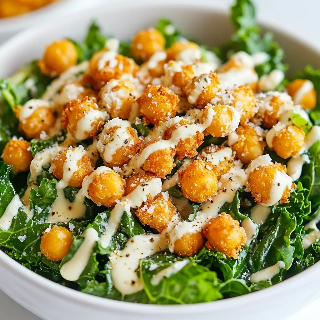 - Kale: 4 cups, chopped - Chickpeas: 1 can (15 oz), drained and rinsed - Olive Oil: 3 tablespoons, divided - Tahini: 1/4 cup - Nutritional Yeast: 1/4 cup - Optional: Grated Parmesan cheese - Garlic powder - Smoked paprika - Salt and freshly ground black pepper - Dijon mustard - Freshly squeezed lemon juice - Water (for thinning dressing) - Freshly cracked black pepper (for garnish) Kale Caesar Salad with Crispy Chickpeas starts with simple yet wholesome ingredients. First, you need fresh kale. I prefer to use four cups, chopped into bite-sized pieces. This helps you enjoy the crunchy texture. Next, you’ll add a can of chickpeas. It’s important to drain and rinse them well. This step helps remove excess sodium and makes them cleaner. Olive oil is key for flavor. You will use three tablespoons. This oil adds richness to both the chickpeas and the dressing. For that creamy texture, you will need tahini. A quarter cup gives the dressing a nutty flavor. Nutritional yeast adds a cheesy taste without dairy. You’ll also use a quarter cup of this ingredient. If you want a non-vegan option, grated Parmesan cheese makes a great addition. Now, let’s talk seasonings. You’ll need garlic powder, smoked paprika, salt, and black pepper. These spices add depth to the dish. Dijon mustard and freshly squeezed lemon juice give the dressing a tangy punch. Finally, you’ll need water to thin the dressing. This makes it easier to coat the kale evenly. And don’t forget freshly cracked black pepper for garnish. It adds a nice touch to the final dish. {{ingredient_image_2}} Set your oven to 400°F (200°C). Grab a baking sheet and line it with parchment paper. This helps with easy cleanup later. In a medium bowl, add the drained chickpeas. Pour in 1 tablespoon of olive oil. Then, sprinkle in garlic powder, smoked paprika, salt, and pepper. Mix well until the chickpeas are coated evenly. Spread the seasoned chickpeas in a single layer on the baking sheet. Roast them in the oven for 25-30 minutes. Remember to shake the pan halfway through to crisp them evenly. They should turn golden brown and crunchy. In a small bowl, mix tahini, lemon juice, Dijon mustard, and nutritional yeast. Add the remaining 2 tablespoons of olive oil. Gradually stir in water until the dressing is smooth and pourable. Season with salt and pepper to taste. Place the chopped kale in a large mixing bowl. Sprinkle a pinch of salt over it. With clean hands, massage the kale for 2-3 minutes. This makes it softer and brings out its flavor. Drizzle the creamy tahini dressing over the massaged kale. Toss the salad thoroughly. Make sure every leaf is coated in the delicious dressing. Once the chickpeas are roasted and cooled a bit, add them to the kale salad. Gently fold everything together to mix the crispy chickpeas with the kale. Portion the salad into bowls. If you like, sprinkle some grated Parmesan cheese on top and add freshly cracked black pepper for extra flavor. Enjoy your delightful meal! To make sure your chickpeas get nice and crispy, rinse and dry them well. After draining the chickpeas, pat them dry with a clean towel. This helps remove excess moisture. Moisture will make them soggy instead of crunchy. Once dry, season them with olive oil, garlic powder, and smoked paprika. Toss them well so they are coated evenly. Kale can be tough, but massaging it helps a lot. After chopping the kale, sprinkle a pinch of salt on top. Use your hands to rub the leaves for about 2-3 minutes. This makes the kale softer and sweeter. You will see the color change to a darker green. This process helps the flavors of the dressing soak into the leaves better. Feel free to get creative with the dressing! While the tahini base is great, you can add herbs and spices for fun twists. Try mixing in fresh basil, dill, or even a touch of chili flakes for heat. Lemon zest can also brighten the flavor. Experimenting with these options can give your salad a unique taste that fits your mood. Pro Tips Perfectly Crispy Chickpeas: Make sure to dry the chickpeas thoroughly after rinsing to achieve maximum crispiness during roasting. Freshly Massaged Kale: Massaging the kale not only softens it but also enhances its flavor. Don’t skip this step for the best texture! Customize Your Dressing: Feel free to adjust the lemon juice and tahini levels in the dressing to suit your taste preference—add more for a tangy kick! Serving Suggestions: This salad pairs beautifully with grilled chicken or shrimp for a heartier meal, or enjoy it as a light lunch on its own. {{image_4}} For a vegan twist, you can swap out the Parmesan cheese. Instead, use nutritional yeast. It adds a cheesy flavor without any dairy. This way, you keep the fun taste while keeping it plant-based. Want to make your salad more filling? You can add proteins like grilled chicken, shrimp, or tofu. Each choice brings its own flavor. Grilled chicken adds a smoky touch. Shrimp gives a sweet and briny bite. Tofu is great for a hearty, vegetarian option. If you want a change, consider using different greens. Spinach or mixed greens work well in place of kale. Spinach is tender and mild, while mixed greens add a variety of textures. This way, you can keep your salad fresh and exciting every time. Store your Kale Caesar Salad with Crispy Chickpeas in an airtight container in the refrigerator. This keeps the salad fresh and tasty for later meals. Avoid letting it sit out to prevent spoilage. For the best taste, consume leftover salad within 2-3 days. The kale stays crisp, and the flavors remain bright. After this time, the salad may lose its crunch and taste. If you have leftover chickpeas, reheat them separately. Crispiness is key, so use an oven or air fryer. This way, they stay crunchy and delicious, adding the perfect texture to your salad. To reduce kale's bitterness, you should massage it. Take your chopped kale and sprinkle a pinch of salt on it. Then, use your hands to knead and squeeze the leaves for 2-3 minutes. This process helps break down the cell walls and softens the leaves. It also brings out the natural flavors. After massaging, drizzle on your tahini dressing. The creamy dressing adds flavor and reduces bitterness. Yes, you can prep this salad ahead of time. Store the kale and dressing separately. Massaged kale can last in the fridge for about 2-3 days. Keep the dressing in a sealed container. When you're ready to serve, just combine the kale and dressing. This way, your salad stays fresh and crisp. You can also store the crispy chickpeas in a separate container. They stay crunchy longer that way. Yes, this Kale Caesar Salad can be made gluten-free. The tahini dressing does not contain gluten. Just check your Dijon mustard and nutritional yeast to ensure they are gluten-free. If you want croutons, use gluten-free bread. You can also skip croutons and enjoy the crispy chickpeas for crunch instead. This salad is tasty and suitable for everyone! This blog post covers a simple yet tasty kale salad with crispy chickpeas. You learned how to make the dressing and mix ingredients. We explored tips for better flavor and texture. You can even adapt the recipe to fit your needs or restrictions. Keep the salad fresh by storing it right. Enjoy this nutritious meal that’s easy to prepare. Cooking should be fun, so get creative with flavors and variations. Taste and enjoy every bite!