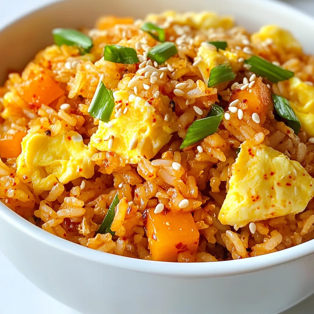 - 2 cups cooked rice (preferably chilled day-old rice) - 1 cup kimchi, coarsely chopped - 1/2 cup green onions, chopped (for garnish) - 1/2 cup carrots, finely diced - 2 tablespoons vegetable oil - 1 tablespoon gochujang (Korean chili paste) - 1 tablespoon soy sauce (preferably low-sodium) - 1 teaspoon sesame oil - Eggs (2 large) - Salt and freshly cracked black pepper to taste - Toasted sesame seeds for garnish In this recipe, I focus on fresh and bold flavors. Chilled day-old rice works best. It gives the dish a nice texture. The kimchi adds a spicy kick. I love using gochujang for heat and depth. Soy sauce brings out the savory notes. Sesame oil adds a nutty aroma that ties it all together. Feel free to customize your dish. Eggs add richness. You can also toss in any veggies you have. Carrots provide sweetness and crunch. Green onions are perfect for garnish, adding a fresh touch. This dish is fun to make and easy to share. You can adjust spice levels to your liking. If you want more heat, add extra gochujang. Enjoy this savory meal any day of the week! {{ingredient_image_2}} - Heat the vegetable oil in a skillet or wok over medium heat. - Sauté the diced carrots until soft, about 3-4 minutes. - Add the coarsely chopped kimchi and cook until heated through, about 2-3 minutes. - Incorporate the chilled rice, breaking up clumps for even mixing. - Push the rice mixture to one side and crack the eggs into the empty space. - Scramble the eggs until fully set, then mix them into the rice. - Add gochujang, soy sauce, and sesame oil, stirring well to coat the rice. - Adjust the seasoning with salt and freshly cracked black pepper to taste. - Fold in the chopped green onions, saving some for garnish. To make your dish just right, adjust the gochujang. If you love heat, add more. If you prefer mild flavors, use less. You can also serve extra gochujang on the side. This way, each person can spice up their meal as they like. When making fried rice, always use day-old rice. It helps the texture stay firm and prevents clumping. Also, make sure your skillet is hot before you add any ingredients. A hot skillet gives your fried rice a nice sear and flavor. Serve your spicy kimchi fried rice in colorful bowls or plates. This makes the meal more inviting. For an extra touch, garnish with reserved green onions and a sprinkle of sesame seeds. These small details make a big difference in how your dish looks and tastes. Pro Tips Use Day-Old Rice: Chilled, day-old rice helps achieve the perfect texture for fried rice, preventing it from becoming mushy. Adjust the Spice: Feel free to modify the amount of gochujang based on your heat preference. Start with less and add more if you like it spicier! Fresh Ingredients: Using fresh kimchi and vegetables enhances the flavor and texture of the dish, making it even more delicious. Garnish Smartly: Garnish with toasted sesame seeds and extra green onions right before serving for an appealing presentation and added crunch. {{image_4}} You can add diced chicken, beef, or tofu for extra protein. These options make the dish heartier. If you want a seafood twist, try using shrimp. They cook quickly and pair well with the flavors in the rice. Adding bell peppers, peas, or corn can bring new flavors to your fried rice. These veggies not only add taste but also a pop of color. Seasonal vegetables like zucchini or spinach can enhance freshness. They make the dish more vibrant and healthy. To boost the heat, experiment with adding chili flakes. This simple step can take your dish to the next level. You can also consider topping your fried rice with a spicy sauce or oil. This adds an extra layer of flavor that spicy food lovers will enjoy. Store leftover kimchi fried rice in an airtight container. It can last up to 3-4 days in the fridge. This is great news if you want to enjoy this dish later. Just remember to cool it down before sealing. Reheat in a skillet over medium heat for the best texture. This keeps the rice nice and fluffy. If you need it faster, microwave it with a splash of water. This helps prevent the rice from drying out. Freeze portions in airtight bags for up to 2 months. This is perfect for meal prep! When you're ready to eat, thaw it in the refrigerator before reheating. This method keeps the flavors fresh and tasty. Using day-old rice is preferred for better texture, but fresh rice can be used in a pinch with some adjustments. If you use fresh rice, spread it out on a tray. Let it cool and dry for about 30 minutes. This helps prevent clumping when you fry it. The spiciness comes from gochujang, a Korean chili paste, along with the heat from the kimchi itself. Gochujang adds a deep flavor and heat. The fermented kimchi also has a kick, making the dish bold and exciting. It's a wholesome dish packed with vegetables, but can be tailored to be healthier with lower-sodium sauces and additional veggies. You can add more carrots or green onions for extra nutrients. Using less oil and low-sodium soy sauce makes it even better. Serve with cucumber slices or a crisp salad for a refreshing contrast. The coolness of the cucumbers balances the heat of the rice. You can also add pickled radishes for a tangy twist. This blog post covered how to make delicious kimchi fried rice. We discussed essential ingredients, cooking steps, and tips for the best results. Remember to use day-old rice for the best texture. Feel free to customize it with your favorite protein or veggies. Kimchi fried rice is tasty and easy to store. Enjoy experimenting with flavors and ingredients. You’re now ready to create your own perfect dish!