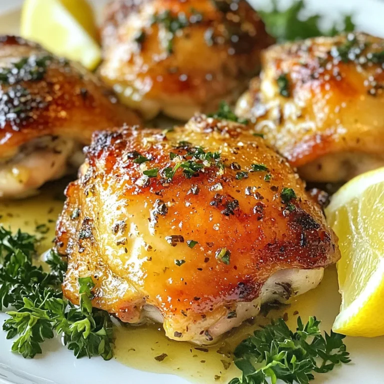 For this recipe, you will need: - 4 bone-in, skin-on chicken thighs - 4 tablespoons unsalted butter, softened - 5 cloves garlic, finely minced - 2 teaspoons fresh rosemary, finely chopped - 2 teaspoons fresh thyme, finely chopped - 1 teaspoon smoked paprika - Sea salt and freshly ground black pepper - 1 lemon, zested and juiced The key flavors come from simple seasonings. The garlic adds a strong taste. Rosemary and thyme provide a fresh aroma. Smoked paprika gives a hint of sweetness. Use sea salt and black pepper to enhance all these flavors. Garnish makes the dish pop! I suggest using fresh parsley. It adds color and freshness. You can also add lemon wedges for a zesty touch. This will brighten the dish and make it look appealing. {{ingredient_image_2}} First, preheat your oven to 400°F (200°C). This high heat helps to cook the chicken evenly. While the oven warms up, gather your ingredients. You want everything ready to go for a smooth cooking process. Next, take a small bowl and mix together the softened butter, minced garlic, chopped rosemary, chopped thyme, smoked paprika, sea salt, and black pepper. Stir until it blends well. You will smell a strong, savory aroma. This butter adds flavor and moisture to the chicken. Now, take your chicken thighs. Pat them dry using paper towels. This step is key for crispy skin. Season both sides with sea salt and black pepper. Then, lift the skin gently and spread some garlic herb butter underneath. Use the rest of the butter to coat the top. This ensures that every bite is packed with flavor. Arrange the chicken thighs in a baking dish, leaving some space between each piece. Squeeze fresh lemon juice over the chicken and sprinkle lemon zest on top. This adds a bright taste that balances the rich butter. Place the baking dish in the preheated oven. Bake the chicken for 35-40 minutes. The skin should turn a beautiful golden brown. Use a meat thermometer to check; the internal temperature should reach 165°F (75°C). This ensures the chicken is safe to eat. Once baked, take the chicken out of the oven. Let it rest for 5-10 minutes. Resting helps the juices spread throughout the meat. This makes the chicken moist and juicy. Just before serving, sprinkle some freshly chopped parsley on top for a nice touch. Serve your garlic herb butter chicken thighs on a wooden board. Add lemon wedges around for extra flair. Enjoy your tasty dish! To get that perfect crispy skin on your chicken thighs, start by drying them well. Use paper towels to pat them dry. This step is key because moisture makes the skin soggy. Season both sides with sea salt and pepper. This not only adds flavor but also helps with crispiness. When you bake the chicken at 400°F, the hot air will make the skin golden and crunchy. Using fresh herbs makes a big difference in flavor. I love rosemary and thyme for this dish. They add a bright, earthy taste that pairs well with chicken. Make sure to chop them finely. Mix them into the garlic butter, so their oils release while cooking. This infuses the chicken with rich flavors. You can also try mixing in other herbs if you like. After baking, let your chicken rest for 5-10 minutes. This time allows the juices to settle back into the meat. If you cut into it too soon, the juices run out, and the chicken becomes dry. This resting period ensures each bite is juicy and full of flavor. Pro Tips Perfectly Crispy Skin: Make sure to pat the chicken thighs dry with paper towels before seasoning and cooking. This will help achieve that irresistible crispy skin. Butter Under the Skin: Spreading the garlic herb butter under the skin infuses the chicken with flavor while keeping it moist. Be gentle to avoid tearing the skin. Resting Time: Allow the chicken to rest for 5-10 minutes after baking. This helps the juices redistribute, resulting in tender and juicy meat. Lemon Zest Brightness: Zesting the lemon and sprinkling it on top before baking adds a fresh, vibrant flavor that complements the rich herbs and butter. {{image_4}} You can swap chicken thighs for breasts in this recipe. Chicken breasts cook faster, so check them early. Aim for a final temperature of 165°F (75°C). The herb butter will keep the breasts moist. You can still enjoy that crispy skin by cooking them with the skin on. Add vegetables to the baking dish for a full meal. Ideas include carrots, potatoes, or green beans. Toss veggies in olive oil and season them with salt and pepper. Place them around the chicken. They will soak up the chicken juices, adding flavor and nutrition. Feel free to change the herbs in the recipe. Basil, oregano, or dill can add a new twist. Use dried herbs if fresh ones are not available. Keep the same amounts for a balanced taste. Experimenting with flavors can lead to exciting new meals that you will love. After cooking garlic herb butter chicken thighs, let them cool. Place the chicken in an airtight container. This helps keep the chicken fresh for up to three days in your fridge. Be sure to store any leftover garlic herb butter separately. It adds great flavor when reheating. You can freeze the chicken for longer storage. Allow the chicken to cool completely. Wrap each thigh tightly in plastic wrap. Then, place them in a freezer-safe bag. This method keeps them tasty for up to three months. When you’re ready to eat, just thaw them in the fridge overnight. To reheat, preheat your oven to 350°F (175°C). Place the chicken in a baking dish. Add a splash of chicken broth or water to keep it moist. Cover the dish with foil to prevent drying out. Heat for about 20-25 minutes until warmed through. You can also use a microwave, but the oven keeps the skin crispy. Yes, you can use boneless chicken thighs. They will cook faster than bone-in thighs. Adjust baking time to around 25-30 minutes. Check for a safe internal temperature of 165°F (75°C). Bake chicken thighs for 35-40 minutes. This time allows them to cook through while staying juicy. Use a meat thermometer to ensure they reach 165°F (75°C). Rest them for 5-10 minutes before serving. This dish goes well with many sides. Try roasted vegetables, creamy mashed potatoes, or a fresh salad. Garlic bread also complements the chicken nicely. Choose sides that balance flavors and textures. Yes, you can use olive oil or avocado oil as a substitute. These oils add healthy fats and flavor. The result will be lighter but still delicious. You can also try using a plant-based butter. Yes, this recipe is perfect for meal prep! Cook the chicken, then store it in airtight containers. It keeps well in the fridge for 3-4 days. You can reheat it easily for a quick meal. Now you have all the tools to make delicious garlic herb butter chicken. We covered the key ingredients, step-by-step instructions, and useful tips. Remember, the right seasonings and resting time can make a big difference. Don't shy away from trying new variations, like adding vegetables or using different herbs. With proper storage, you can enjoy this dish later too. Happy cooking!