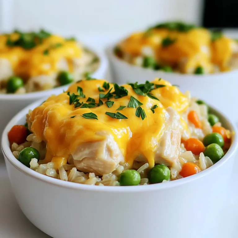 - 2 cups uncooked brown rice - 4 boneless, skinless chicken breasts (approximately 1.5 lbs) - 1 medium onion, finely chopped - 2 cloves garlic, minced - 1 cup frozen peas and carrot mix - 4 cups chicken broth - 1 tablespoon olive oil - 1 teaspoon garlic powder - 1 teaspoon paprika - 1 teaspoon dried thyme - Salt and black pepper, to taste - 1 cup shredded cheddar cheese - Fresh parsley, chopped (for garnish) This recipe has simple yet flavorful ingredients. The brown rice adds a nutty taste. The chicken brings protein and heartiness to the dish. Onions and garlic give a strong base flavor. Peas and carrots add sweetness and color. Chicken broth makes everything juicy and rich. Using olive oil helps the chicken achieve that nice golden brown crust. The spices like garlic powder and paprika give the dish warmth. Dried thyme adds aroma and depth. Salt and black pepper enhance every bite. Lastly, cheddar cheese melts into a creamy topping. Gather these ingredients before you start cooking. Each one plays a role in making this casserole a winner. - Searing the chicken breasts: Start by heating olive oil in a skillet over medium heat. Season the chicken breasts with garlic powder, paprika, dried thyme, salt, and pepper. Sear each breast for 4-5 minutes on both sides, until they turn golden brown. This step adds great flavor to the chicken. - Seasoning tips for optimal flavor: Use a mix of spices like garlic powder and paprika. This adds depth to your dish. Don't forget to season with salt and pepper to enhance the overall taste. - Layering the uncooked ingredients: In your slow cooker, add uncooked brown rice first. Next, layer in the chopped onion, minced garlic, and frozen peas and carrots. This order helps the rice cook well. - Importance of stirring for even cooking: After adding the chicken broth, stir everything together. This ensures all ingredients mix well and cook evenly. A good stir also helps the rice absorb flavors from the other ingredients. - Setting the slow cooker temperature: Cover your slow cooker with its lid. Set it to cook on low heat for 6-8 hours, or choose high heat for 3-4 hours. Both methods work well, but low heat gives richer flavor. - Cooking time preferences (low vs high): Cooking on low allows the flavors to meld. High heat cooks faster but may not be as rich. Choose what fits your schedule best. - Adding cheese before finishing: About 15 minutes before cooking ends, sprinkle shredded cheddar cheese on top. Cover again to let the cheese melt into a gooey layer. This adds creaminess to the dish. - Fluffing the casserole and garnishing: Once it's done cooking, use a fork to fluff the casserole gently. Garnish with fresh parsley for a colorful and tasty finish. This little touch makes your meal look great! To make a great chicken and rice casserole, avoid a few common mistakes: - Not Searing the Chicken: Searing adds flavor. Don’t skip this step. - Overcooking the Rice: Brown rice takes longer than white rice. Adjust cooking time accordingly. - Skipping the Stirring: Mix the ingredients well. This ensures even cooking. You can choose between fresh or frozen vegetables. Fresh veggies add crunch, while frozen ones save time. Both work well, so pick what you have. Adding herbs and spices can boost the taste of your casserole. - Thyme, Garlic Powder, and Paprika: These are great choices for flavor. - Experiment with Others: Consider adding oregano or rosemary for a twist. You can also try different broth options. Chicken broth is classic, but vegetable broth works too. This can change the dish's taste in a fun way. For this recipe, a good slow cooker is key. Look for one with a programmable timer. Here are some suggestions: - 6-Quart Slow Cooker: Great size for family meals. - Smart Slow Cooker: Connects to your phone for easy control. You will need some basic kitchen tools too: - Large Skillet: For searing the chicken. - Chopping Board and Knife: For veggies and chicken prep. - Measuring Cups and Spoons: To get ingredient amounts just right. With the right tips and tools, you will make a tasty chicken and rice casserole! {{image_4}} You can easily change the rice in this recipe. While I use brown rice, white rice works great too. Just be aware that cooking times may differ. If you want a nutty flavor, try wild rice. It adds a unique twist. You can also swap out the chicken. If you prefer turkey, it works well in this dish. For a lighter option, use chicken thighs instead of breasts. You could even try pork or beef for a different taste. Not a fan of the slow cooker? No problem! You can make this dish on the stove. Start by cooking the rice separately. Sauté the chicken and veggies in a large pot, then stir in the cooked rice and broth. Let it simmer until everything is tender. If you want the oven-baked version, preheat your oven to 350°F. Combine all the ingredients in a baking dish. Cover it with foil and bake for about 45 minutes. Remove the foil, add the cheese, and bake for another 10 minutes until golden. For a gluten-free option, choose gluten-free rice and broth. Make sure all your ingredients are certified gluten-free. This keeps the dish safe for those with gluten allergies. If you're looking for vegetarian or vegan options, skip the chicken. Use mushrooms or tofu for protein. Swap chicken broth with vegetable broth. Add in extra veggies for more flavor and texture. This way, you still get a comforting meal without meat. After your meal, let the chicken and rice casserole cool down a bit. This helps keep the texture nice. Use airtight containers to store leftovers. This keeps moisture in and prevents odors. I like to use glass containers, as they don’t stain and are easy to clean. Make sure to cover the dish tightly. You can keep it in the fridge for up to three days. If you want to save some for later, freezing works great. First, let the casserole cool completely. Then, scoop it into freezer-safe bags or containers. Try to remove as much air as possible. This helps prevent freezer burn. When you're ready to eat, thaw it in the fridge overnight. You can reheat it in the microwave or in the oven until hot. In the fridge, leftovers last about three days. In the freezer, they can last up to three months. Just remember to label your containers with the date. This way, you know when to eat them by. Keeping track helps avoid eating old food. Enjoy your savory chicken and rice casserole whenever you like! Yes, you can use brown rice in this recipe. Brown rice takes longer to cook than white rice. It usually needs about 30-45 minutes more. This change will give your casserole a nutty taste and chewy texture. Keep in mind that using brown rice may also change the liquid amount. You might need a bit more broth for best results. You can serve many things with this casserole. A fresh side salad adds crunch and color. Roasted vegetables are another great choice. You might also enjoy garlic bread for a tasty side. If you want something warm, pair it with steamed broccoli. Each of these sides complements the flavors well. To check if the casserole is done, look at the rice and chicken. The rice should be soft and fluffy. The chicken should be fully cooked and not pink. If you have a meat thermometer, the chicken should reach 165°F (75°C). If everything looks good, it's ready to serve! You now have all the ingredients and steps to make a great chicken and rice casserole. Remember to layer the ingredients correctly and adjust cooking times based on your preferences. Don’t forget to add cheese for extra flavor! With the tips and variations provided, you can make this dish your own. Enjoy sharing this meal with your loved ones, knowing you created something delicious and fulfilling. Happy cooking!