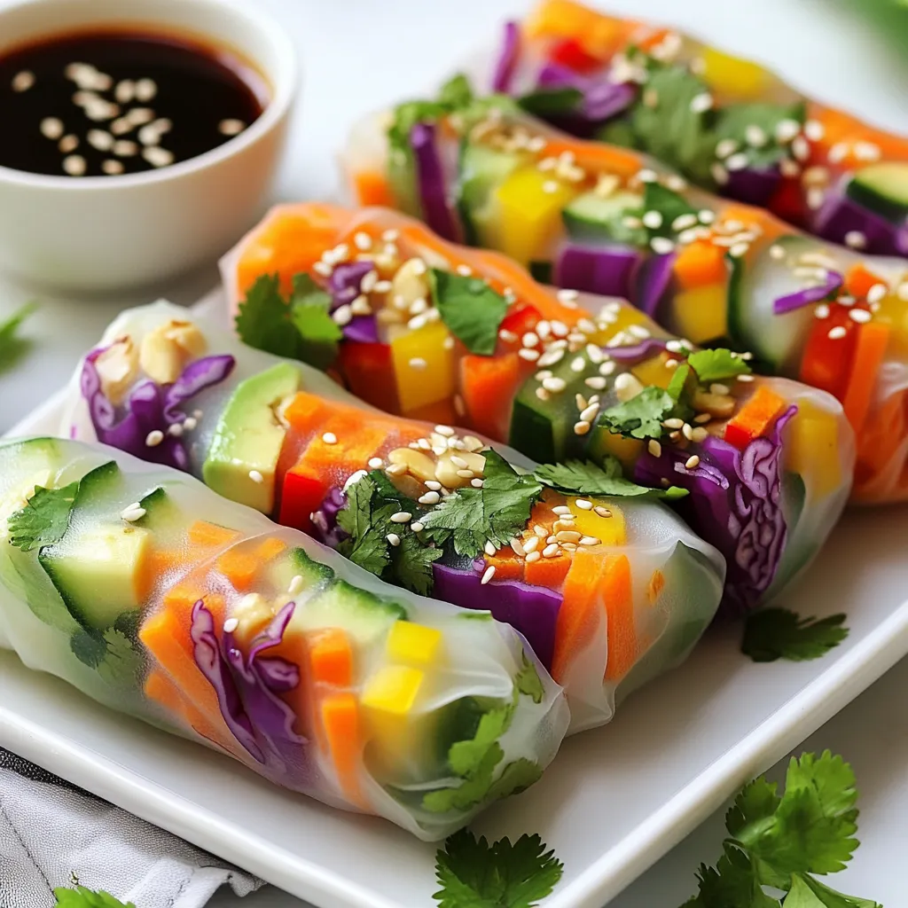- 8 rice paper wrappers - 1 cup red cabbage, finely shredded - 1 cup carrots, cut into julienne strips - 1 cup cucumber, thinly julienned - 1 cup bell peppers (a mix of colors), sliced into thin stripes - 1 cup ripe avocado, sliced - 1 cup fresh mint leaves - 1 cup fresh cilantro leaves - 1/4 cup sesame seeds (optional for garnish) - 1/4 cup hoisin sauce - 2 tablespoons creamy peanut butter - 1 tablespoon freshly squeezed lime juice - 1 tablespoon water (adjust for consistency) In my kitchen, I love using fresh ingredients. The colors in these spring rolls pop! The rice paper wrappers are delicate yet strong. They hold all the goodness inside. I like to prepare my veggies ahead of time. It makes the rolling easy and quick. The fresh vegetables add crunch and flavor. Red cabbage brings a nice color, while carrots add sweetness. Cucumber gives a refreshing bite. Bell peppers add a mix of taste and shades. I always use ripe avocado for creaminess. It balances the crunch from the other veggies. Fresh herbs are a must! Mint and cilantro add brightness and aroma. They make each bite feel fresh. I sometimes sprinkle sesame seeds on top. They give a nutty flavor and a little crunch. For the dipping sauce, I mix hoisin sauce, creamy peanut butter, and lime juice. It creates a sweet and tangy taste. Water helps me adjust the thickness. I want it smooth, but not too runny. This sauce pairs perfectly with the spring rolls. Using these fresh ingredients makes my spring rolls burst with flavor. They are fun to make and even better to eat! {{ingredient_image_2}} Start by washing all your veggies. If needed, peel them to remove any tough skin. Next, cut each vegetable into thin strips. This step is key for a great look and even cooking. Thin strips help the spring rolls roll nicely and stay together. Aim for uniform cuts to keep them looking pretty. Fill a shallow dish with warm water. Make sure it’s deep enough to cover the rice paper. Take one rice paper wrapper and dip it into the water. Hold it there for about 15 to 20 seconds. You want it soft but not soggy. If it feels too soft, it might tear when you roll it. Once the wrapper is ready, place it flat on a clean surface. Start by laying a few mint and cilantro leaves at the bottom third of the wrapper. Then, add your colorful veggies: red cabbage, carrots, cucumber, bell peppers, and avocado. If you like, sprinkle some sesame seeds on top for extra crunch. Next, fold the sides of the wrapper over the filling. Start rolling tightly from the bottom edge upwards. Make sure the filling stays secure inside. Repeat this with the rest of the wrappers and the remaining veggies. Enjoy the fun of creating each roll! To ensure tight rolls without tearing, follow these steps: - Use warm water to soak the rice paper wrappers. This makes them soft but not too soggy. - Dip one wrapper at a time for 15-20 seconds. If it feels too stiff, soak a bit longer. - Lay the wrapper flat on a clean surface and add your veggies in the bottom third. - Tightly fold the sides in, then roll up from the bottom. Keep the filling snug inside. For easier rolling, you can use a bamboo mat. It helps guide the roll and keeps it tight. Plating can make your spring rolls pop! Here are some fun ideas: - Use a colorful plate to showcase the bright colors of the spring rolls. - Arrange the rolls in a fan shape or stack them in a pyramid. - Garnish with fresh herbs on top for added flair. Pair your spring rolls with a dipping sauce. I love using hoisin and peanut butter mix. It adds a rich sweetness that balances the fresh veggies. Prep can save you time. Here’s how to make ahead: - Chop your veggies a few hours in advance. Store them in a sealed container in the fridge. - You can roll the spring rolls the night before. Just keep them in a damp cloth to prevent drying out. For storing rolled spring rolls, place wax paper between each roll. This helps prevent sticking. Enjoy your beautiful, fresh spring rolls anytime! Pro Tips Perfectly Soft Rice Paper: Soak the rice paper wrappers just until they are fully pliable but not soggy. This prevents tearing and makes rolling easier. Colorful Layering: Use a variety of colorful vegetables to create a visually appealing dish. The more vibrant your ingredients, the more enticing your spring rolls will look! Herb Freshness: Always use fresh herbs like mint and cilantro for added flavor. They enhance the taste and aroma of the spring rolls significantly. Adjustable Dipping Sauce: Feel free to tweak the dipping sauce by adding a splash of soy sauce or chili sauce for an extra kick of flavor. {{image_4}} You can switch up the veggies in your spring rolls. Try using seasonal vegetables like zucchini, radishes, or snap peas. These options keep your rolls fresh and exciting. For vegan choices, use tofu or tempeh as a protein source. If you want to keep it vegetarian, add some cheese or eggs. This way, you can cater to different diets while keeping the flavors vibrant. The dipping sauce can change the whole experience. If you want variety, try soy sauce or a sweet chili sauce. For those who love heat, add sriracha to your hoisin sauce. A tangy vinegar-based sauce can also be a great match. Mix and match to find your perfect dip! Adding protein makes your spring rolls more filling. Shrimp adds a nice seafood flavor, while chicken gives a hearty bite. If you prefer plant-based options, tofu is perfect. It soaks up flavors well. Protein-enriched spring rolls also help keep you satisfied longer. These variations not only enhance taste but also boost nutrition. To keep your rainbow veggie spring rolls fresh, wrap them in a damp paper towel. Place them in an airtight container. This method prevents them from drying out. You can store them in the refrigerator for up to three days. After that, they start to lose their crispness and flavor. Store any leftover dipping sauce in a sealed jar or container. It can last in the fridge for about a week. If the sauce thickens, you can reheat it on low heat. Add a splash of water to get the right consistency again. You can freeze rainbow veggie spring rolls, but it’s best to do this before adding the dipping sauce. Wrap each spring roll tightly in plastic wrap. Then, place them in a freezer-safe bag. They can last in the freezer for up to two months. When ready to eat, thaw them in the fridge overnight before serving. To stop rice paper from sticking, use a few simple tips. First, soak each wrapper in warm water for just 15-20 seconds. This keeps them soft but not soggy. After soaking, lay each wrapper flat on a clean surface. Make sure to keep space between them. If you have extra wrappers, cover them with a damp cloth to maintain moisture. This helps keep the wrappers from drying out and sticking together. Yes, you can make spring rolls ahead of time! To do this, assemble the rolls and then place them in an airtight container. Use parchment paper between layers to keep them from sticking. Store the rolls in the fridge. They are best eaten within a day or two for freshness. If you know you won’t eat them soon, leave out the avocado until serving to avoid browning. Feel free to get creative! You can add many ingredients to your spring rolls. Try sliced radishes for a crunchy bite. Cooked shrimp or tofu can add protein. If you want some spice, consider adding jalapeño slices. You can also include mango for a sweet twist. The key is to keep the colors bright and the flavors fun! Yes, rainbow veggie spring rolls can be gluten-free! Rice paper wrappers are made from rice flour and water, which are gluten-free ingredients. However, always check the labels to be sure. For the dipping sauce, use gluten-free hoisin sauce and peanut butter. This way, everyone can enjoy these tasty rolls without worry. Rainbow veggie spring rolls are a fun and healthy snack. You learned about the main ingredients, like rice paper and fresh veggies, plus tasty dipping sauces. I shared tips for rolling and storing, ensuring you enjoy these rolls fresh. You can customize them with proteins or different sauces for variety. Remember, these rolls are not just tasty; they are visually stunning too. Give them a try and impress your friends with your skills! Enjoy experimenting and make these delicious spring rolls a regular meal choice!