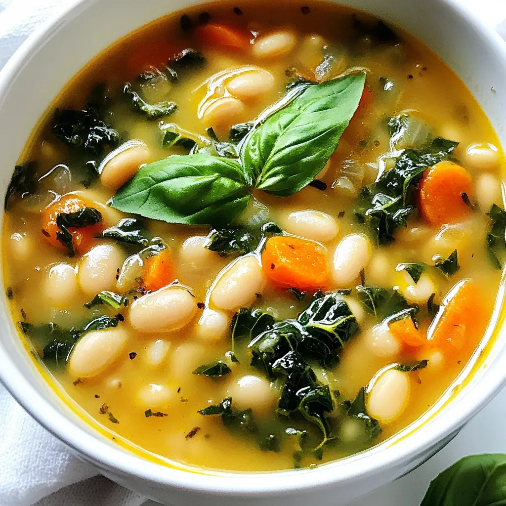 - 2 cups canned white beans (cannellini) - 1 medium onion, finely diced - 2 cloves garlic, minced - 2 medium carrots, diced - 2 celery stalks, diced - 4 cups vegetable broth - 1 can (14 oz) diced tomatoes - 1 teaspoon dried thyme - 1 teaspoon dried rosemary - 1 bay leaf - 2 cups kale, chopped - 2 tablespoons extra virgin olive oil - Salt and black pepper - Fresh basil leaves for garnish To make this Tuscan White Bean Soup, you need simple yet tasty ingredients. Start with canned white beans, like cannellini, for ease. You will need a medium onion, two cloves of garlic, and two medium carrots. Also, grab two celery stalks and four cups of vegetable broth. Don’t forget a can of diced tomatoes, along with some dried thyme and rosemary. A bay leaf adds depth to the flavor. You’ll also want fresh kale for a healthy green boost. Extra virgin olive oil gives the soup a rich taste. Finally, season with salt and black pepper, and add fresh basil leaves to garnish. Each ingredient plays a key role. The beans provide protein and creaminess. The broth and tomatoes create a savory base. The herbs give the soup its signature Tuscan flavor. The kale adds color and nutrition. Always use fresh ingredients for the best taste. Gather these items, and you are ready to create a warm, comforting soup! {{ingredient_image_2}} Start by heating a large pot over medium heat. Pour in 2 tablespoons of extra virgin olive oil. Let it warm for a minute. Add 1 medium onion, finely diced, along with 2 medium carrots, diced into small cubes, and 2 diced celery stalks. Sauté these veggies for about 5-7 minutes. Stir often until the onion is soft and turns translucent. Next, add 2 cloves of minced garlic to the pot. Stir it in and cook for about 1 minute. You want the garlic to smell great, but don’t let it burn. Now, pour in 2 cups of canned white beans, rinsed and drained. Add 1 can of diced tomatoes, including their juices, and 4 cups of vegetable broth. Sprinkle in 1 teaspoon of dried thyme, 1 teaspoon of dried rosemary, and toss in 1 bay leaf. Bring this mixture to a rolling boil. Once boiling, lower the heat and let it simmer uncovered for 20 minutes. After 20 minutes, it’s time to add the greens. Toss in 2 cups of chopped kale. Keep simmering for another 10 minutes. This will let the kale soften and blend with the soup. After simmering, remove the bay leaf from the pot. Taste your soup and add salt and freshly ground black pepper to your liking. If you want a creamier soup, blend part of it with an immersion blender before adding the kale. Now, ladle the hot soup into bowls. Top each bowl with fresh torn basil leaves for a pop of flavor and nice color. For an extra touch, drizzle a little olive oil on top. Enjoy with crusty bread for a complete meal! - How to Sauté Vegetables Perfectly: Start with a hot pot. Add olive oil and let it heat. Once hot, add onion, carrots, and celery. Stir them every minute. Cook until soft, about 5-7 minutes. The onion should look clear. - Tips for Balancing Flavors: Use fresh herbs like thyme and rosemary. They add depth. Taste the soup as you go. Adjust salt and pepper slowly. A little acid, like lemon juice, can brighten the flavors. - Best Methods for Blending Soup: For a smooth soup, use an immersion blender. Blend until creamy. If you want chunks, blend just half. This gives texture and body to the soup. - Ideal Pairings for Tuscan White Bean Soup: Crusty bread is a great choice. It soaks up the soup well. A fresh salad also pairs nicely. It adds crunch and lightness. - Garnishing Techniques: Use fresh torn basil leaves for color. Drizzle a little olive oil on top. This adds richness and a beautiful finish. - Serving Temperature for Best Flavor: Serve the soup hot. This brings out all the flavors. Let it sit for a few minutes if needed. It should be warm, not boiling. Pro Tips Choose Your Beans: Opt for dried beans that you soak overnight for a more authentic flavor and texture, but if you're short on time, canned beans work just fine! Layer Your Flavors: Enhance the soup's depth by adding a splash of white wine after sautéing the vegetables, allowing it to reduce before adding the broth. Customize Your Greens: Feel free to substitute kale with Swiss chard or spinach for a different flavor profile and nutritional boost. Make It Ahead: This soup tastes even better the next day! Prepare it in advance and store it in the fridge for a quick and delicious meal. {{image_4}} - Alternative Beans If you cannot find cannellini beans, you can use great northern beans. They have a similar taste and texture. Navy beans are another good choice. They also work well in this soup. - Gluten-Free Options This soup is naturally gluten-free. Just make sure to use gluten-free vegetable broth. Always check the label on your broth to be safe. - Vegan Additions The recipe is already vegan-friendly. You can add more veggies for extra nutrition. Try adding diced zucchini or bell peppers. They will enhance the soup's flavor and texture. - Adding Spices To spice it up, consider adding a pinch of red pepper flakes. This will give the soup a nice kick. You can also add a dash of smoked paprika for a smoky flavor. - Recommendations for Extra Vegetables Feel free to experiment with other vegetables. Spinach, Swiss chard, or even potatoes can make great additions. Just chop them small so they cook evenly and blend well. - Creamier Soup Variations If you like a creamier soup, blend part of it. Use an immersion blender for a quick mix. You can also add a splash of coconut milk or almond milk for creaminess without dairy. - To store leftovers, let the soup cool first. - Transfer it to an airtight container. - Keep it in the fridge for up to five days. - Before reheating, stir the soup gently. - Heat in a pot over low heat until warm. - You can also use a microwave-safe bowl. - For freezing, let the soup cool to room temperature. - Use freezer-safe bags or containers. - Leave some space at the top for expansion. - Label the bags with the date and contents. - When ready to eat, thaw the soup overnight in the fridge. - Reheat it in a pot over low heat. - Stir occasionally until it’s hot throughout. - You can add a splash of broth if it seems too thick. How long does Tuscan White Bean Soup last in the fridge? Tuscan White Bean Soup lasts about 3 to 5 days in the fridge. Store it in an airtight container to keep it fresh. Can I use dried beans instead of canned? Yes, you can use dried beans. Soak them overnight, cook them, and then add them to the soup. This adds a great flavor and texture. Is Tuscan White Bean Soup healthy? Yes, this soup is healthy. It has plenty of veggies and beans, which give you fiber and protein. It’s also low in calories if you use low-sodium broth. Can I make this soup in a slow cooker? Absolutely! Just add all the ingredients to the slow cooker. Cook on low for 6 to 8 hours or on high for 3 to 4 hours. What can I serve with Tuscan White Bean Soup? This soup pairs well with crusty bread, a fresh salad, or a light pasta dish. You can also add a sprinkle of Parmesan cheese for extra flavor. How do I make it spicier? To spice it up, add red pepper flakes, diced jalapeños, or a dash of hot sauce. Adjust the amount to your taste for the perfect kick. In this post, we explored how to make a delicious Tuscan White Bean Soup. We covered the main ingredients, detailed each cooking step, and provided helpful tips. We also discussed tasty variations, storage methods, and answered common questions. With this guide, you can create a wholesome meal that warms the soul. Enjoy experimenting with flavors and ingredients to make it your own. Cooking should be fun, and with this recipe, you have everything you need to succeed!