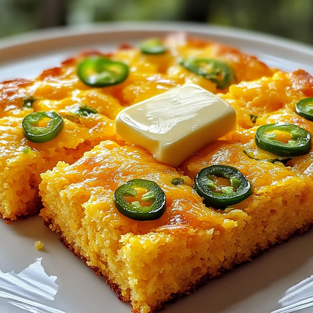 To make Jalapeño Cheddar Cornbread, gather these key ingredients: - 1 cup cornmeal - 1 cup all-purpose flour - 1 tablespoon baking powder - ½ teaspoon salt - ½ teaspoon baking soda - 2 large eggs - 1 cup buttermilk (or milk with a tablespoon of lemon juice) - ¼ cup unsalted butter, melted and slightly cooled - 1 cup sharp cheddar cheese, shredded - 1-2 jalapeños, finely chopped (adjust to your heat level) - 2 tablespoons honey (optional for sweetness) Each ingredient plays an important role. The cornmeal gives the cornbread its unique texture and flavor. The flour helps with structure. Baking powder and baking soda make it rise. Salt adds depth, while eggs bind the mix together. Buttermilk keeps it moist and tender. Unsalted butter adds rich flavor. Sharp cheddar brings a tasty kick, and jalapeños add spice. Honey, if you choose to use it, balances the heat with a hint of sweetness. Make sure to use fresh ingredients for the best taste. Enjoy gathering these items before you start baking! {{ingredient_image_2}} First, preheat your oven to 400°F (200°C). This step is key for a nice rise. Next, take an 8-inch baking pan and grease it well with butter or non-stick spray. This helps the cornbread come out easily. In a big mixing bowl, add 1 cup of cornmeal, 1 cup of all-purpose flour, 1 tablespoon of baking powder, ½ teaspoon of salt, and ½ teaspoon of baking soda. Mix these dry ingredients well with a whisk. This ensures they blend evenly for a great texture. In another bowl, crack 2 large eggs and beat them gently. Pour in 1 cup of buttermilk and ¼ cup of melted butter. If you want a hint of sweetness, add 2 tablespoons of honey. Whisk this mixture until it looks smooth. Carefully pour the wet mixture into the bowl with the dry ingredients. Stir it together gently. Stop mixing when it’s just combined. It’s fine if the batter is a bit lumpy. Overmixing can make it tough. Now, it’s time to add flavor! Fold in 1 cup of shredded sharp cheddar cheese and 1-2 finely chopped jalapeños. Make sure they spread evenly throughout the batter for that perfect spicy kick. Pour the batter into your prepared pan. Use a spatula to smooth it out. Bake in the oven for 20-25 minutes. Check if it’s done by inserting a toothpick in the center. If it comes out clean, your cornbread is ready! Let it cool in the pan for about 5 minutes before slicing. Enjoy your tasty creation! To get the best flavor in your cornbread, use fresh ingredients. Fresh jalapeños add spice and zest. Sharp cheddar cheese gives a rich taste. If you like sweet, add honey. It balances the heat well. You can also try different spices. A dash of cumin or smoked paprika can add depth. Baking time is key for perfect cornbread. Bake at 400°F for 20-25 minutes. Keep an eye on it as it cooks. Look for a golden top and a toothpick that comes out clean. Underbaking can lead to a mushy center, while overbaking can dry it out. Mix the batter gently to avoid overmixing. Overmixing can make your cornbread tough. Stir until the dry and wet ingredients are just combined. It’s okay if the batter is slightly lumpy. Lumps mean a light, fluffy cornbread. Pro Tips Use Fresh Jalapeños: For the best flavor and heat, opt for fresh jalapeños instead of pickled ones. Adjust the quantity based on your spice tolerance. Don’t Overmix: When combining wet and dry ingredients, mix just until combined. This will keep your cornbread light and fluffy. Experiment with Cheese: Feel free to mix different types of cheese, like pepper jack or gouda, for a unique flavor twist. Serve Warm: Cornbread is best enjoyed warm. Serve with butter or honey for an added layer of flavor that complements the spice. {{image_4}} You can get creative with your cornbread. Add-ins can boost flavor and texture. Here are some ideas: - Corn kernels: Fresh or frozen corn adds sweetness and crunch. - Chopped green onions: These give a mild onion taste. - Cooked bacon: For a savory twist, add crispy bacon bits. - Spices: Try cumin or chili powder for extra warmth. If you want a sweeter cornbread, consider adding more honey or even brown sugar. Making this cornbread gluten-free is easy. Swap out all-purpose flour for a gluten-free blend. Many blends work well, but look for one that contains xanthan gum. This helps bind the ingredients together. You can also use almond flour or coconut flour, but adjust the liquid to keep the batter moist. While sharp cheddar is tasty, you can try different cheeses too. Here are some options: - Monterey Jack: This cheese melts well and adds creaminess. - Pepper Jack: For more spice, use pepper jack cheese. - Feta: Crumbled feta can add a tangy, salty flavor. - Mozzarella: This cheese gives a gooey texture but is milder. Mixing cheeses can also create a unique flavor profile. To keep your Jalapeño Cheddar Cornbread fresh, place it in an airtight container. You can also wrap it in plastic wrap or foil. Store it at room temperature for up to two days. If you want to keep it longer, refrigerate it. The cornbread will last about a week in the fridge. Remember, keeping it wrapped helps maintain its moisture. When you want to enjoy leftover cornbread, preheat your oven to 350°F (175°C). Place the cornbread on a baking sheet and cover it with foil. Heat it for about 10-15 minutes. If you prefer, you can microwave it. Place a slice on a plate and heat it for 20-30 seconds. This keeps it warm and soft. Freezing is a great option if you have extra cornbread. Allow it to cool completely first. Then, wrap each piece in plastic wrap. Place the wrapped pieces in a freezer-safe bag. You can freeze it for up to three months. When you're ready to eat it, thaw it in the fridge overnight. Then, reheat as mentioned above. Yes, you can make this cornbread without buttermilk. Use regular milk with a tablespoon of lemon juice instead. This trick will add the tangy flavor that buttermilk gives. It works great and keeps the cornbread moist. The spice level depends on how many jalapeños you add. One jalapeño gives a mild heat. Two jalapeños bring more kick. You can adjust the heat to fit your taste. If you like it hot, add more jalapeños or use spicy cheese. Yes, you can use frozen jalapeños. Just thaw them and chop them finely. They will still add good flavor to the cornbread. Fresh jalapeños are great, but frozen ones work too if that's what you have. This cornbread pairs well with many dishes. Serve it with chili, soup, or BBQ. It also tastes great with a dollop of butter on top. For a sweet touch, offer honey on the side. Enjoy it with friends and family for a cozy meal! In this blog post, we explored how to make delicious Jalapeño Cheddar Cornbread from scratch. We discussed key ingredients, easy steps, and tips to boost flavor. You can experiment with variations and storage options. I encourage you to try this recipe at home. You’ll enjoy the blend of cheese and spices. Happy baking!