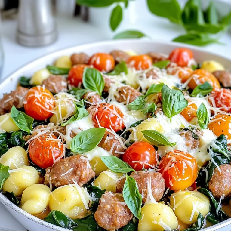 - 1 pound Italian sausage (mild or spicy) - 1 (16 oz) package of gnocchi (store-bought or homemade) - 2 cups cherry tomatoes, halved - 1 cup baby spinach leaves - 1 cup shredded mozzarella cheese - 1/2 cup grated Parmesan cheese - 2 tablespoons extra-virgin olive oil - 2 cloves garlic, minced - 1 teaspoon Italian seasoning blend - 1/2 teaspoon red pepper flakes (optional, for heat) The main ingredients set the stage for this dish. The Italian sausage gives it a rich flavor. You can choose between mild and spicy, depending on your taste. Gnocchi, either store-bought or homemade, creates a soft texture. Cherry tomatoes add a burst of freshness, while baby spinach brings color and nutrients. Cheese is the star in this recipe. Shredded mozzarella melts well and creates that gooey texture we love. Grated Parmesan adds a salty bite that makes everything taste better. Don’t forget the pantry staples. Extra-virgin olive oil is key for cooking the sausage. Minced garlic brings in a wonderful aroma. The Italian seasoning blend adds depth, while red pepper flakes give an optional kick. These ingredients come together to create a dish that's comforting and packed with flavors. Start by heating two tablespoons of olive oil in a large skillet over medium heat. Once the oil is hot, add one pound of Italian sausage. Choose either mild or spicy, based on your taste. Use a spatula to break apart the sausage as it cooks. This helps it brown evenly. Cook for about 6-8 minutes, stirring now and then until the sausage is browned and fully cooked. Next, add two cloves of minced garlic to the skillet. Stir for about 30 seconds until it smells amazing. Then, toss in two cups of halved cherry tomatoes. Cook this mixture for 2-3 minutes. You want the tomatoes to soften and release their juices. This step adds great flavor to the dish. Now it's time to add the gnocchi. You can use one 16 oz package of store-bought gnocchi or make your own. Gently stir the gnocchi into the skillet. Pour in enough water to just cover the gnocchi, about 2-3 cups. Sprinkle in one teaspoon of Italian seasoning, along with salt and freshly cracked black pepper. If you like some heat, add half a teaspoon of red pepper flakes. Mix everything well. Let the mixture come to a gentle simmer. Cover the pan with a lid and cook for about 5-7 minutes. This will help the gnocchi become tender. Stir occasionally to keep it from sticking. Once the gnocchi is cooked, remove the lid. Fold in one cup of baby spinach until it wilts. Then, sprinkle one cup of shredded mozzarella cheese and half a cup of grated Parmesan cheese over the top. Cover again for a few minutes to let the cheese melt. Once the cheese is melted and gooey, taste the dish. Adjust the seasoning with more salt and pepper if needed. Remove the pan from heat. Spoon the cheesy gnocchi onto plates. Garnish with fresh basil or parsley leaves for a lovely touch. This dish is sure to impress! To avoid sticking in the pan, use a non-stick skillet. Make sure you heat the olive oil before adding the sausage. This helps create a barrier and keeps it from clinging to the bottom. Stir the sausage often while it cooks. This breaks it apart and helps it brown evenly. For even cooking, spread the gnocchi across the skillet. Ensure they have space and aren't overcrowded. Stir gently when simmering to prevent sticking. Keep the heat on medium-low, so nothing burns while cooking. If you want alternatives for sausage, try ground turkey or chicken. They offer a lighter flavor but still taste great. For a vegetarian option, use plant-based sausage or mushrooms. Both add depth without meat. For cheese variations, consider using sharp cheddar or creamy Gouda. They can change the taste and richness of your dish. Mixing different cheeses can also create a fun flavor profile. To elevate the dish, add fresh herbs like basil or parsley. They bring a fresh taste that brightens the meal. You can also use dried oregano or thyme for added flavor. Adding extra veggies can give your dish more color and nutrients. Zucchini, bell peppers, or peas work well. You can also mix in some cooked chicken or shrimp for added protein, making your meal heartier. {{image_4}} You can make this dish vegetarian by replacing sausage with plant-based options. Look for meatless sausages at your grocery store. They add great flavor without the meat. You can choose spicy or mild versions, just like regular sausage. This keeps the dish rich and tasty. Add extra herbs to boost the flavor. Cheese is key in this recipe. While mozzarella and Parmesan work well, you can explore other options. Try using Gouda for a smoky taste or cheddar for a sharp kick. Each cheese will change the dish's flavor. Mix and match to find your favorite combo. Stronger cheeses can add depth to the dish, so have fun with it! You can make this dish more vibrant by adding seasonal vegetables. In summer, toss in zucchini or bell peppers. They pair well with the tomatoes and spinach. In winter, consider using hearty vegetables like kale or butternut squash. Adjust your veggies based on what’s fresh. This not only boosts nutrition but also keeps the dish exciting all year round! To store your Cheesy Sausage Gnocchi, let it cool down first. Place leftovers in a container with a tight lid. This helps keep the dish fresh and tasty. Store it in the fridge for up to three days. If you want to enjoy it later, freezing is a good option. To freeze portions of the dish, let it cool completely. Then, scoop it into freezer-safe bags or containers. Remove as much air as you can. Label the bags with the date. You can freeze it for up to three months. When ready to eat, thaw it overnight in the fridge. For quick thawing, you can also use the microwave. For reheating, you can use the stove or the microwave. On the stove, heat a pan over medium heat. Add a splash of water or broth to keep it moist. Stir until hot and bubbly. In the microwave, place it in a microwave-safe bowl. Cover it with a damp paper towel. Heat in short bursts, stirring in between, until it's warm. This helps keep the cheese melty and the gnocchi soft. You can whip up this dish in about 30 minutes. It takes around 10 minutes to prep. Then, it cooks for about 20 minutes. This quick time makes it perfect for busy nights. Yes, you can use frozen gnocchi! Just add it directly to the pan without thawing. You may need to cook it a little longer. Frozen gnocchi can still taste great and saves time. To add more heat, use spicy Italian sausage. You can also add more red pepper flakes. Consider including chopped jalapeños or even hot sauce for extra kick. Adjust to your taste! Absolutely! This dish works well for meal prep. You can cook it ahead and store it in the fridge for about three days. Just reheat it on the stove or in the microwave when you are ready to eat. This dish blends tasty ingredients like sausage, gnocchi, and cheese. You can customize it easily. Try different cheeses or veggies based on the season. Leftovers are simple to store and reheat. Whether you enjoy cooking or want quick meals, this recipe works for you. With these tips and tricks, you’re all set to impress at dinner. Enjoy making delightful meals that friends and family will love!