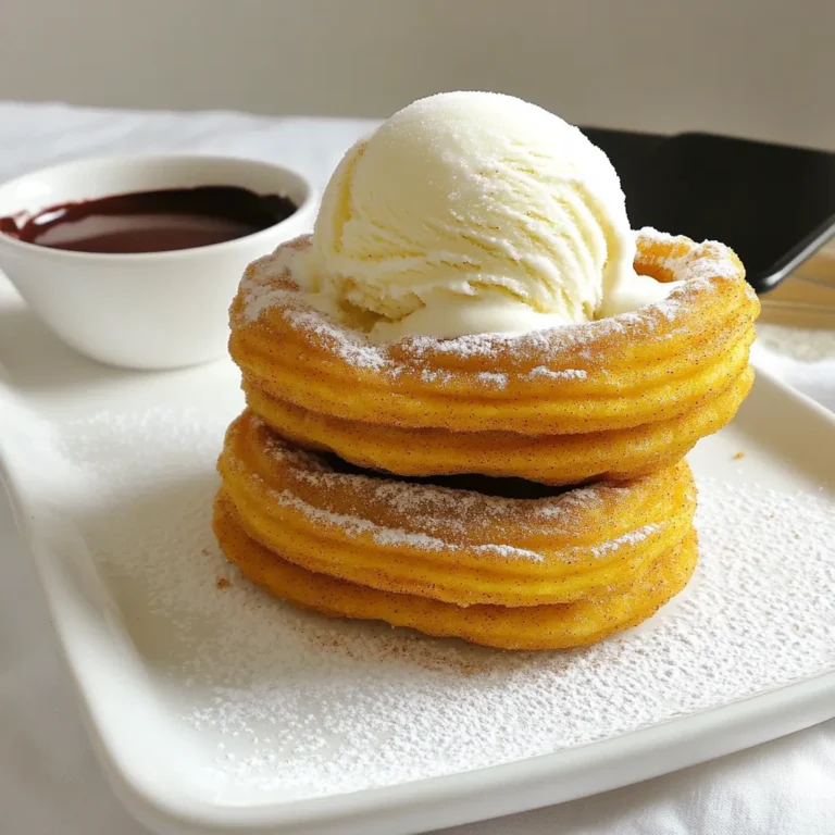 - 1 cup all-purpose flour - 1/4 cup granulated sugar - 1/2 teaspoon ground cinnamon - 1/4 teaspoon ground nutmeg - 1/2 teaspoon baking powder - 1/4 teaspoon salt - 1/2 cup pumpkin puree - 1/2 cup water - 1/4 cup unsalted butter (for brushing) - 2 cups ice cream (vanilla or your favorite flavor) - 1/4 cup granulated sugar (for rolling) - 1 teaspoon ground cinnamon (for rolling) In this recipe, you'll need a mix of dry and wet ingredients to create churros that shine. The dry ingredients include flour, sugar, spices, baking powder, and salt. These create the base for your churros. Then, you will add pumpkin puree and water as wet ingredients. The pumpkin gives flavor and moisture. Butter helps the churros crisp up after frying. For the ice cream part, choose your favorite flavor, like vanilla. You'll also need sugar and cinnamon for rolling the finished churros. This adds a sweet and spicy touch. Gather all these ingredients before you start. This will help make your cooking experience smooth and fun! Mixing dry ingredients Start by grabbing a big bowl. Add 1 cup of flour, 1/4 cup of sugar, 1/2 teaspoon of cinnamon, 1/4 teaspoon of nutmeg, 1/2 teaspoon of baking powder, and 1/4 teaspoon of salt. Mix these dry items well until they blend together. Combining wet ingredients Now, take another bowl and add 1/2 cup of pumpkin puree. Pour in 1/2 cup of water. Whisk this mixture until it looks smooth and creamy. Slowly add this blend to the dry mix. Stir until the dough forms. It should be a bit sticky and smooth. Heating the oil to the correct temperature For frying, you need hot oil. Pour vegetable oil into a deep pot. Heat it over medium heat until it reaches 350°F (175°C). Use a thermometer to check the temperature. Piping and frying the churros Once the oil is hot, grab a piping bag with a big star tip. Squeeze out 4 to 5-inch strips of dough into the oil. Fry them in batches, cooking each side for 2-3 minutes. They should turn golden brown. Use a slotted spoon to move them to a paper towel-lined plate to soak up extra oil. Coating churros in cinnamon-sugar In a small bowl, mix 1/4 cup sugar and 1 teaspoon cinnamon. While the churros are warm, brush them with melted butter. Roll each churro in the cinnamon-sugar mix until covered. Cooling instructions Let the churros cool completely before making your ice cream sandwiches. This step is important to keep the ice cream from melting too fast. To make great churros, keep the oil at 350°F (175°C). Use a thermometer for best results. Fry churros for about 2-3 minutes on each side. This timing helps them turn golden brown and tasty. To keep churros crispy, coat them in melted butter right after frying. Then, roll them in cinnamon-sugar while warm. This crunchy coating adds flavor and texture. Let them cool completely before making ice cream sandwiches. For a fun presentation, arrange the churro ice cream sandwiches on a colorful platter. Dust the tops with powdered sugar for a sweet touch. You can place a small bowl of chocolate or caramel sauce on the side for dipping. Consider rolling the edges of the ice cream in extra cinnamon-sugar. It adds a nice crunch and looks great. Drizzling chocolate syrup over the top also gives a delightful twist. One common mistake is getting the dough too thick or too runny. The dough should be smooth and slightly sticky. If it’s too dry, add a little more water. If it's too wet, add a bit more flour. Another mistake is frying too many churros at once. Overcrowding the pan can lower the oil temperature. This can lead to soggy churros. Fry in small batches to keep them crispy and golden. {{image_4}} You can customize your ice cream sandwiches with different flavors. Seasonal flavors like pumpkin spice or maple work great. If you want a dairy-free option, try coconut or almond milk ice cream. These choices add a fun twist and cater to everyone's taste. Spicing things up can make a big difference. You can add ginger or cloves for extra warmth. Adjusting sweetness levels can also change the dessert's flavor. If you prefer less sugar, reduce the granulated sugar in the churro mix or the cinnamon-sugar coating. Churros don't have to be long. Consider making mini churros for bite-sized treats. This fun shape is perfect for parties or sharing. You can also experiment with different shapes, like spirals or hearts, for unique presentations. These variations can make your dessert stand out even more! To keep churros crisp, store them in an airtight container. Place a paper towel inside to absorb moisture. This helps them stay fresh longer. If they get soft, you can reheat them. Preheat your oven to 350°F (175°C). Place the churros on a baking sheet and heat for about 5-7 minutes. This method restores their crunch. For ice cream sandwiches, wrap each sandwich in plastic wrap. This prevents freezer burn and keeps them fresh. You can also place them in a sealed container. They are best enjoyed within one week for optimal taste. If left longer, the texture might change. Always handle ingredients with clean hands. Keep raw items separate from cooked food. Store pumpkin puree in the fridge after opening. Use it within a week for best quality. If you make dough ahead of time, chill it in the fridge. This keeps it safe until you are ready to fry. You can bake churros instead of frying. To bake, preheat your oven to 400°F (200°C). Pipe the churro dough onto a baking sheet lined with parchment paper. Brush them with melted butter and sprinkle with cinnamon sugar. Bake for about 15-20 minutes until golden brown. This method reduces oil and keeps them lighter. Yes, you can use other flours. Almond flour or gluten-free flour works well. Just keep in mind that the texture may change. Each type of flour brings a new taste and feel to your churros. You can use applesauce, mashed sweet potatoes, or butternut squash. Each substitute brings its own flavor. If you want a similar texture, make sure it's smooth and thick. You can store churro ice cream sandwiches in the freezer for about 1-2 weeks. Wrap each sandwich in plastic wrap or foil. This helps prevent freezer burn and keeps them fresh. Yes, you can make the churro dough ahead of time. Store it in the fridge for up to 24 hours. Just remember to let it sit at room temperature for about 30 minutes before piping and frying. This helps it stay smooth and easy to work with. Making churros at home is fun and rewarding. We covered key ingredients, steps, and tips for the perfect treat. You learned to mix dry and wet ingredients, fry them just right, and coat them in tasty cinnamon-sugar. Plus, we discussed fun variations and how to store leftovers. Try these tips and enjoy delicious churros with ice cream. Your friends and family will love them! Happy cooking!