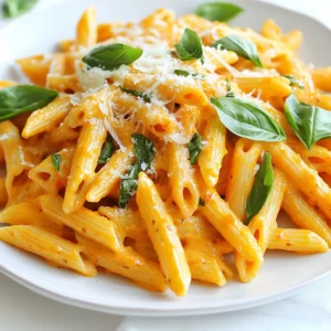 - 12 oz penne pasta - 2 large red bell peppers, roasted and peeled - 1 cup heavy cream - 1/2 cup fresh basil leaves, chopped - 1/4 cup grated Parmesan cheese - 1 teaspoon red pepper flakes - Salt and black pepper - 2 tablespoons olive oil - Fresh basil leaves for garnish - Extra Parmesan cheese - Crusty bread as a side dish The main ingredients create a rich and creamy flavor for Roasted Red Pepper Penne. You need the penne pasta for a solid base. Roasted red bell peppers add sweetness and depth. Heavy cream gives the dish its smooth texture. Fresh basil brightens the taste, while grated Parmesan adds a salty finish. Optional ingredients enhance the dish. Red pepper flakes give a spicy kick if you like heat. Salt and black pepper balance the flavors. Olive oil adds richness. Fresh basil leaves make a great garnish, adding both flavor and color. For serving, I suggest adding extra Parmesan cheese on top. A side of crusty bread pairs well with the creamy pasta. It’s the perfect way to soak up every last drop of sauce. Feel free to get creative with your presentation! {{ingredient_image_2}} - Preheating the broiler or grill Start by turning on the broiler or grill. Let it heat up for a few minutes. - Roasting and steaming the peppers Place the red bell peppers under the broiler or on the grill. Turn them often until the skin gets charred. This should take about 15 minutes. Once charred, put the peppers in a bowl and cover it with plastic wrap. This will help steam them for about 10 minutes. - Peeling and chopping the peppers After steaming, let the peppers cool down a bit. Once they are cool, peel off the charred skin. Remove the seeds and chop the peppers into small pieces. - Boiling water and salting In a large pot, bring salted water to a boil. The salt adds flavor to the pasta. - Cooking penne to al dente Add the penne pasta to the boiling water. Cook it according to the package directions until it is al dente. This means it should be firm but not hard. - Draining and reserving pasta water Once the pasta is ready, drain it in a colander. Save a small cup of the pasta water for later. - Combining ingredients in a blender In a blender, add the roasted red peppers, heavy cream, chopped basil, minced garlic, and Parmesan cheese. - Blending to a smooth consistency Blend all the ingredients until you get a smooth and creamy sauce. - Heating the sauce in a skillet In a large skillet, heat olive oil over medium heat. Once the oil shimmers, pour in the creamy red pepper sauce. Let it simmer for about 5 minutes while stirring. - Tossing penne with the sauce After the sauce is warm, add the cooked penne pasta to the skillet. Gently toss it until every piece is coated in sauce. - Adding red pepper flakes if desired If you like some heat, sprinkle in red pepper flakes and mix well. - Tasting and adjusting flavors Take a moment to taste your dish. Add more salt and black pepper if needed to enhance the flavors. - Plating and garnishing suggestions Serve the pasta on plates or in bowls. Garnish with fresh basil leaves and a sprinkle of extra Parmesan cheese for a nice touch. Enjoy your meal hot for the best taste! - Using fresh basil vs. dried basil: Fresh basil gives a bright, aromatic flavor. It makes the dish lively. Dried basil can work too, but it lacks that fresh taste. If you can, always use fresh basil for this recipe. - Importance of reserving pasta water: When you cook pasta, save a cup of the water. This water is starchy and helps the sauce cling to the pasta. It can also thin out the sauce if it gets too thick. - Tips for roasting red peppers perfectly: Preheat your broiler or grill. Place the red peppers directly under the heat. Turn them often until the skin is blackened and blistered. This usually takes about 15 minutes. After roasting, let them steam in a covered bowl. This makes peeling easier. - Using a food processor vs. a blender: A food processor can chop the peppers well, but a blender makes the sauce creamier. Use a blender for a smooth sauce. If you don’t have one, a food processor will still work. Just blend until it is smooth. - Serving in deep bowls: Serving your dish in deep bowls makes it look fancy. It also keeps the sauce contained, making it easier to eat. - Drizzling olive oil and garnishing: A drizzle of olive oil on top adds shine and flavor. Place a few whole basil leaves on top for color. You can also sprinkle more Parmesan cheese for an extra touch. Pro Tips Roasting Perfection: To achieve the best flavor, ensure your red peppers are fully charred. This enhances the sweetness and smokiness of the sauce. Fresh Basil Boost: Add fresh basil leaves just before serving for a vibrant color and fresh flavor that elevates the dish. Pasta Water Magic: Reserve some pasta water and add it to the sauce if you need to loosen it up after combining with the pasta. Spice It Up: For those who enjoy heat, increase the amount of red pepper flakes or add a dash of cayenne pepper to the sauce. {{image_4}} To make Roasted Red Pepper Penne vegan, you can swap heavy cream. Use coconut cream for a rich, creamy texture. Another good choice is cashew cream. Simply soak cashews in water, blend them with a bit of water until smooth, and use it in place of cream. For cheese alternatives, nutritional yeast gives a cheesy flavor. You can also use vegan cheese if you prefer. You can add protein to your dish. Grilled chicken, shrimp, or sausage work well. Cook them separately and mix them in with the pasta. If you want vegetarian options, consider chickpeas or lentils. These provide great protein without meat. Tofu is another option; just sauté it before adding to the dish. Adjust spice levels by using different peppers. For more heat, choose spicy peppers like jalapeños. You can also add red pepper flakes for a kick. Adding veggies is a fun way to change the dish. Zucchini or spinach complement the flavors nicely. Just sauté them briefly before mixing them into the pasta for added texture and taste. To keep your Roasted Red Pepper Penne fresh, store leftovers in airtight containers. This helps prevent moisture loss and keeps flavors intact. You can safely refrigerate the pasta for about three days. If you wait too long, the sauce may separate and lose its creamy texture. When you’re ready to enjoy the leftovers, the best method is to use the stove. Heat a skillet over low to medium heat. Add a splash of water or extra cream to the pasta. This will help keep the sauce creamy as you stir. Avoid microwaving, as it can make the pasta dry. If you want to enjoy this dish later, freezing is a great option. Place the cooled pasta in freezer-safe bags or containers. It stays good for up to three months. When it’s time to eat, thaw the pasta in the fridge overnight. Then, reheat it gently on the stove, adding a little cream to revive the sauce. You can use several lighter options. Here are a few: - Half-and-half: It gives creaminess with less fat. - Coconut milk: This adds a touch of sweetness. - Greek yogurt: This is a healthy choice and adds tang. - Cashew cream: Blend soaked cashews for a rich, vegan option. To add spice, consider these ideas: - Add more red pepper flakes for heat. - Toss in diced jalapeños for a fresh kick. - Use spicy Italian sausage instead of chicken. - Try a dash of hot sauce right before serving. Yes, jarred roasted peppers work well. Here are some pros and cons: - Pros: They save time and are easy to find. - Cons: They may have added salt or preservatives. Freshly roasted peppers have a deeper flavor. The total time is about 30 minutes. Here's a quick breakdown: - Prep time is around 15 minutes. - Cooking time takes about 15 minutes. Yes, it's great for meal prep! Here are some tips: - Cook the pasta al dente to keep it firm. - Store the sauce and pasta separately to avoid sogginess. - Reheat gently to maintain the creamy texture. This blog covered how to make Roasted Red Pepper Penne. We discussed key ingredients, including penne pasta and roasted red peppers. I shared step-by-step instructions to guide you in preparing the dish. You learned tips for enhancing flavor and variations to try. In the end, this recipe is simple and tasty. Whether you keep it classic or try variations, enjoy your delicious meal!