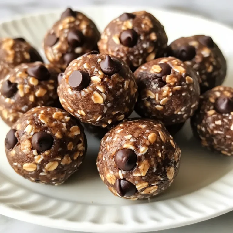 - 1 cup rolled oats - 1/2 cup creamy peanut butter - 1/4 cup honey or maple syrup - 1/4 cup chocolate chips - 1/4 cup ground flaxseed - 1/2 teaspoon vanilla extract - A pinch of salt To make chocolate peanut butter energy balls, you need simple ingredients. Each one brings flavor and nutrition. Rolled oats give a great base. They add fiber and help you feel full. Creamy peanut butter adds rich taste and healthy fats. You can use any brand you love. For sweetness, you can choose honey or maple syrup. Both options work well. They make the balls sticky and sweet. Chocolate chips add a fun crunch. You can use dark or semi-sweet, depending on your taste. Ground flaxseed is a superfood. It adds omega-3s and helps bind the energy balls. Next, we have vanilla extract. This adds warmth and balance to the flavor. Finally, a pinch of salt enhances all the tastes. Gather these ingredients to create a tasty snack. This mix is easy to find in most stores. Let's make something delicious! {{ingredient_image_2}} - Mixing dry ingredients Start with a big bowl. Add 1 cup of rolled oats, 1/4 cup of ground flaxseed, and a pinch of salt. Stir these together well. This mix forms the base of your energy balls. - Combining wet ingredients and forming the mixture In the same bowl, add 1/2 cup of creamy peanut butter, 1/4 cup of honey or maple syrup, and 1/2 teaspoon of vanilla extract. Use a spatula to mix until everything blends nicely. The mixture should be thick and sticky. - Folding in chocolate chips Now, gently fold in 1/4 cup of chocolate chips. Be careful not to break them. You want to spread them throughout the dough for a sweet surprise in every bite. - Shaping the energy balls With damp hands, scoop about 1 tablespoon of the mixture. Roll it into a ball shape. Set each ball aside on your work surface. Repeat this until you shape all the mixture into balls. - Setting and chilling Place the energy balls on a baking sheet lined with parchment paper. This helps prevent sticking. Now, put them in the fridge for at least 30 minutes. This chilling time helps the balls firm up, making them easy to eat. Enjoy your tasty snack! To make your energy balls easy to roll, use damp hands. This trick helps the mixture stick less to your fingers. It makes rolling quick and neat. Mixing is key too. Start by combining your dry ingredients first. Stir rolled oats, ground flaxseed, and salt well. This ensures even flavor in each bite. Then, add your wet ingredients. Mix until everything blends together well. A good mix gives your balls a uniform texture. Want to spice things up? Add a dash of cinnamon or nutmeg for a warm kick. You could also try a splash of almond extract for a twist. These small changes can boost the flavor. Choosing different chocolate types can change the taste too. Dark chocolate adds richness, while semi-sweet chocolate gives a balanced sweetness. Pick what you enjoy most. Mixing and matching can lead to fun new flavors! Pro Tips Use Natural Nut Butters: Opt for natural peanut butter without added sugars or oils for a healthier option that enhances flavor. Experiment with Sweeteners: Feel free to substitute honey with maple syrup or agave nectar, depending on your dietary preferences. Chill for Better Texture: Chilling the energy balls not only helps them firm up but also enhances their chewiness. Customize Add-Ins: Personalize your energy balls by adding nuts, dried fruits, or seeds to increase flavor and nutrition. {{image_4}} You can easily change the taste of your energy balls. Start with nut butter alternatives. If you’re not a fan of peanut butter, try almond butter or sunflower seed butter. Each option gives a unique flavor and still keeps the energy boost. Next, consider your sweetener options. You can swap honey for maple syrup or agave nectar. Each sweetener gives a different taste, but all work well in this recipe. You can play around until you find your favorite mix. Incorporating seeds is a great way to add more nutrition. Chia seeds or pumpkin seeds can give your energy balls extra crunch and healthy fats. Just a couple of tablespoons can make a big difference. Adding dried fruits or nuts can also enhance your energy balls. Try raisins, cranberries, or chopped walnuts. They add natural sweetness and texture. You can mix and match to create your perfect snack. To keep your chocolate peanut butter energy balls fresh, use airtight containers. These containers stop air from getting in and help maintain flavor. You can stack the energy balls neatly in the container. If you have more than one layer, place parchment paper between them to avoid sticking. Refrigeration is key for longer freshness. After making the energy balls, put them in the fridge right away. This helps them stay firm and tasty. Make sure not to leave them out for too long, as warmth can change their texture. Understanding how long your energy balls stay fresh is important. In the fridge, they can last up to one week. This is a good time to enjoy them. After seven days, they might lose some flavor and texture. If you want to keep them longer, consider freezing them. They can stay fresh in the freezer for up to three months. Just make sure to wrap each ball well before freezing. When ready to eat, let them thaw in the fridge. This helps keep them tasty and enjoyable! Yes, chocolate peanut butter energy balls are healthy. They have oats, peanut butter, and flaxseed. These ingredients provide fiber, protein, and healthy fats. They offer energy without added sugar. You can enjoy them as a snack or quick breakfast. They last up to one week in the fridge. Store them in an airtight container to keep them fresh. Make sure to check for any signs of spoilage before eating. Yes, you can freeze energy balls. Place them in a single layer on a baking sheet. Once frozen, transfer them to an airtight bag. They can last for about three months in the freezer. Just thaw them in the fridge before eating. A serving is typically 2 to 3 energy balls. This gives you a good balance of energy and nutrients. Adjust the number based on your hunger and activity level. Enjoy them as a quick snack or pre-workout boost! In this article, we covered how to make tasty chocolate peanut butter energy balls. We explored the key ingredients, the step-by-step process, and how to get the perfect texture. You learned variations for flavors and how to boost nutrition. Proper storage tips help keep them fresh longer. These energy balls are quick to make and delicious. Enjoy making them easily and keep your snacks healthy!