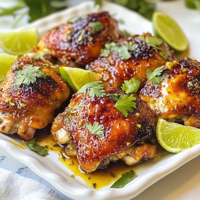 - 4 bone-in, skin-on chicken thighs - 1/4 cup honey - 2 tablespoons freshly squeezed lime juice - 2 cloves garlic, finely minced - 1 teaspoon lime zest - 1 teaspoon low-sodium soy sauce - 1/2 teaspoon ground cumin - 1/4 teaspoon smoked paprika - Salt and pepper to taste The chicken thighs are the star here. They stay juicy and flavorful. Honey adds sweetness, while lime juice brings the zing. Garlic gives a nice depth, and soy sauce adds umami. Ground cumin and smoked paprika round out the flavor, making it truly standout. - Fresh cilantro, chopped (for garnish, optional) Adding fresh cilantro on top makes the dish pop. The color brightens the plate. It also adds a fresh note that balances the sweet and savory flavors. - Mixing bowl - Whisk - Large resealable plastic bag or shallow dish - Ovenproof skillet - Meat thermometer Using the right tools helps you succeed. A meat thermometer ensures the chicken is safe to eat. The mixing bowl and whisk make preparing the marinade quick and easy. An ovenproof skillet allows for a seamless transition from stovetop to oven. {{ingredient_image_2}} To start, gather your ingredients. Grab a small bowl. Mix together 1/4 cup honey, 2 tablespoons of lime juice, 2 cloves of minced garlic, 1 teaspoon lime zest, and 1 teaspoon soy sauce. Add 1/2 teaspoon ground cumin and 1/4 teaspoon smoked paprika. Sprinkle in salt and pepper to taste. Whisk everything until it blends well. This marinade is key for flavor. Next, take 4 bone-in, skin-on chicken thighs. Place them in a large resealable bag or shallow dish. Pour the marinade over the chicken, making sure each piece is coated. Seal the bag or cover the dish with plastic wrap. Let it sit in the fridge for at least 30 minutes. For the best taste, marinate for up to 2 hours. After marinating, it’s time to cook. First, preheat your oven to 400°F (200°C). This ensures it’s hot and ready. Then, take the chicken out of the marinade. Set the marinade aside for later use. In a large, ovenproof skillet, heat 2 tablespoons of oil over medium-high heat. Once hot, place the chicken thighs skin-side down in the skillet. Sear for about 5-7 minutes. You want the skin to turn golden brown and crispy. Flip the chicken gently to prevent splattering. Pour the reserved marinade evenly over the chicken. This adds great flavor to the underside. Now, it’s time to bake. Transfer the skillet to the preheated oven. Bake the chicken for 25-30 minutes. You want it to reach an internal temperature of 165°F (74°C). This ensures the chicken is safe to eat. After baking, remove the skillet from the oven. Let the chicken rest for a few minutes. This helps the juices redistribute, making the meat juicy. Your Honey Lime Chicken Thighs are now ready to enjoy! To make the best marinade, mix honey, lime juice, garlic, lime zest, soy sauce, cumin, smoked paprika, salt, and pepper. Whisk it well. The balance of sweet and tart gives your chicken a great taste. Marinate the chicken for at least 30 minutes. For deeper flavor, let it sit for up to 2 hours. This step is key for juicy, flavorful chicken. For crispy skin, start by searing the chicken in a hot skillet. Heat oil over medium-high heat. Place the chicken skin-side down and let it cook for 5 to 7 minutes. This browns the skin nicely. Do not rush this step! When you flip it over, the skin should be golden brown and crispy. Serve the chicken on a large platter. Garnish it with freshly chopped cilantro and lime wedges. Drizzle some pan drippings over the chicken for added flavor. This not only makes it look nice but also adds a burst of taste. Pair it with rice or a fresh salad for a complete meal. Enjoy every bite! Pro Tips Marination Time: For the best flavor, allow the chicken to marinate for at least 2 hours, or overnight if possible. This will enhance the taste and tenderness of the meat. Searing Technique: Ensure your skillet is hot enough before adding the chicken. A proper sear will create a crispy skin and lock in juices for a more flavorful dish. Use a Meat Thermometer: To ensure perfectly cooked chicken, use a meat thermometer to check the internal temperature. The chicken should reach 165°F (74°C) for safe consumption. Resting Period: Let the chicken rest for about 5 minutes after baking. This allows the juices to redistribute, keeping the meat moist and flavorful when you cut into it. {{image_4}} You can cook honey lime chicken thighs on a grill or in the oven. Grilling gives it a smoky flavor. The high heat adds a nice char to the skin. If you choose the grill, preheat it to medium-high heat. Sear the chicken thighs for about 5-7 minutes on each side. Use a meat thermometer to check for doneness. The chicken should reach 165°F. Baking in the oven keeps the meat juicy. It also makes cleanup easy. Both methods work well, so pick one that suits you. If you want to switch things up, try different proteins. Chicken thighs are great, but you can use chicken breasts too. They will cook faster, so adjust your time. You can also use pork chops for a different taste. Pork pairs well with honey and lime too. If you are feeling adventurous, use shrimp. Shrimp cooks quickly and absorbs the marinade well. Just marinate for about 15-20 minutes. This will give you a new twist on the dish. You can experiment with sauces and flavors. Try using maple syrup instead of honey for a rich taste. You can also add chili flakes for heat. If you like a citrus kick, add orange juice instead of lime. Soy sauce can be swapped for tamari for a gluten-free option. Mix in fresh herbs like thyme or rosemary for a unique flavor. These changes can turn the dish into something new and exciting. Don't be afraid to get creative! After you enjoy your Honey Lime Chicken Thighs, store any leftovers right away. Place the chicken in an airtight container. Make sure to cover it well. This helps keep the chicken fresh. You can store it in the fridge for up to 3 days. To reheat your chicken, use the oven for the best results. Preheat the oven to 350°F (175°C). Place the chicken on a baking sheet. Cover it with foil to prevent it from drying out. Heat for about 15-20 minutes, or until hot. You can also use a microwave if you're short on time. Just place the chicken on a microwave-safe plate and heat for 1-2 minutes. Check it often to avoid overcooking. If you have more leftovers, freezing is a great option. Wrap each piece of chicken in plastic wrap. Then place the wrapped chicken in a freezer bag. Remove as much air as you can before sealing. This helps prevent freezer burn. You can keep it frozen for up to 3 months. When you’re ready to eat, thaw it in the fridge overnight. Reheat it like I mentioned above for the best flavor. You should marinate the chicken thighs for at least 30 minutes. For the best flavor, let them sit for up to 2 hours. This time allows the chicken to soak up the sweet and tangy marinade. If you’re short on time, even a quick 30-minute soak will work. Yes, you can use boneless chicken thighs. They cook faster than bone-in thighs. This means you may need to reduce the baking time by about 10 minutes. Check for that perfect golden color and juicy texture. Several side dishes work well with Honey Lime Chicken Thighs. Here are some tasty ideas: - Steamed rice - Quinoa salad - Roasted vegetables - Fresh coleslaw - Corn on the cob These sides balance the rich flavors of the chicken and add freshness to your meal. To check if the chicken is done, use a meat thermometer. Insert it into the thickest part of the thigh. The internal temperature should reach 165°F (74°C). If you don’t have a thermometer, look for clear juices when you cut into it. No pink meat means it’s ready to enjoy! In this post, we explored the key ingredients and tools for Honey Lime Chicken Thighs. I shared step-by-step instructions, plus tips for perfecting the dish. We discussed different cooking methods and variations, along with storage advice. Ultimately, making this recipe can greatly enhance your meal options. With simple changes, you can enjoy this dish in many ways. You’ll impress anyone who shares a meal with you. Enjoy your cooking journey!