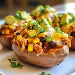 To make BBQ Chicken Stuffed Sweet Potatoes, gather these essentials: - 4 medium-sized sweet potatoes - 2 cups of cooked, shredded chicken - 1 cup of your favorite BBQ sauce - 1 cup of corn (canned or frozen) - 1/2 cup of black beans, thoroughly rinsed and drained - 1/2 cup of shredded cheese (choose between cheddar or mozzarella) - 1 ripe avocado, diced - 1/4 cup of green onions, finely sliced - Salt and freshly ground black pepper to taste - Olive oil for brushing These key ingredients create mouthwatering flavors and a satisfying meal. You can enhance your dish with these optional items: - Fresh cilantro, chopped, for garnish Adding cilantro gives a fresh taste, brightening the overall flavor. Sweet potatoes are rich in vitamins A and C. They provide fiber and antioxidants. Chicken offers protein, essential for muscle health. Black beans add more fiber and protein, while corn gives a sweet crunch. Avocado supplies healthy fats and vitamins. Together, these ingredients make a balanced meal packed with nutrients. {{ingredient_image_2}} First, preheat your oven to 400°F (200°C). Clean the sweet potatoes by rinsing them under cool water. Use a fork to poke holes in each potato. This helps steam escape while they bake. Brush the potatoes with olive oil and sprinkle with salt. Place them on a baking sheet lined with foil for easy cleanup. Bake for 45-60 minutes until they are fork-tender. While the sweet potatoes bake, prepare the BBQ chicken filling. In a medium bowl, mix 2 cups of shredded chicken with 1 cup of BBQ sauce. Add in 1 cup of corn and 1/2 cup of rinsed black beans. Season the mix with salt and pepper. Stir everything together until well combined. Once the sweet potatoes are ready, take them out of the oven and cool for 5 minutes. Carefully slice each potato in half lengthwise. Fluff the insides gently with a fork. Spoon the BBQ chicken mix into each half evenly. Top with shredded cheese. Return the stuffed potatoes to the oven for another 10 minutes, or until the cheese melts. Finally, finish by adding diced avocado, sliced green onions, and chopped cilantro, if you like. Enjoy your flavorful BBQ chicken stuffed sweet potatoes! When picking sweet potatoes, look for ones that feel firm and heavy. They should have smooth skin with no soft spots or cracks. Choose medium-sized sweet potatoes, as they cook evenly and are easier to handle. If you can, buy organic sweet potatoes. They taste better and have fewer chemicals. You can change the taste by using different BBQ sauces. For a smoky flavor, try a hickory BBQ sauce. If you like spice, choose a chipotle BBQ sauce. You can also add spices to the filling. Try a pinch of cumin or smoked paprika for depth. For a fresh twist, add lime juice to the chicken mix. Serve your BBQ chicken stuffed sweet potatoes on a colorful platter. Drizzle some extra BBQ sauce on top for flair. Pair them with a light salad to balance the meal. A simple green salad with lemon vinaigrette works well. You can also add corn on the side for extra flavor and texture. Pro Tips Perfectly Baked Sweet Potatoes: To ensure even baking, choose sweet potatoes of similar size and shape. This way, they will cook uniformly and reach the perfect tenderness. Flavorful Chicken Mix: For an extra kick of flavor, try adding diced jalapeños or a sprinkle of smoked paprika to the BBQ chicken mixture. Cheese Melting Tip: To achieve a beautifully melted cheese topping, broil the stuffed sweet potatoes for the last 2-3 minutes of cooking. Keep a close watch to avoid burning. Garnish for Freshness: Don't skip the garnish! Fresh herbs like cilantro or parsley add a burst of flavor and color, enhancing the overall presentation of your dish. {{image_4}} If you want a vegetarian version of BBQ chicken stuffed sweet potatoes, you have great options. You can use jackfruit or lentils as a tasty substitute for chicken. Jackfruit has a pulled texture when cooked and absorbs flavors well. Lentils provide protein and a hearty feel. For the BBQ sauce, look for vegetarian-friendly brands. This way, you keep all the flavor without the meat. BBQ sauce can change your dish's taste a lot. You can choose from sweet, smoky, or spicy sauces. A sweet sauce pairs well with the sweet potatoes, making each bite feel rich. A smoky sauce adds depth, while a spicy one brings a kick. Try different sauces to find your favorite. You can even mix two or three sauces for a unique flavor. Customization makes this dish fun! You can add toppings like diced tomatoes, jalapeños, or sour cream for a twist. If you want more crunch, consider adding crushed tortilla chips or sliced radishes. Mix-ins are also great. Try adding sautéed bell peppers or mushrooms to the BBQ chicken filling. These additions can brighten up the flavors and add more texture. After enjoying your BBQ chicken stuffed sweet potatoes, you may have some leftovers. To store them, place the stuffed halves in an airtight container. Make sure to let them cool down first. Store in the fridge for up to three days. This helps keep them fresh and tasty. When you are ready to eat your leftovers, reheating is key. You can use the oven for the best results. Preheat the oven to 350°F (175°C). Place the stuffed sweet potatoes in a baking dish. Cover them with foil to keep them moist. Heat for about 15-20 minutes, or until warm. You can also use a microwave for quick reheating. Just heat on medium power for 2-3 minutes. This way, they stay soft and delicious. If you want to save some for later, freezing is a great option. Wrap each stuffed sweet potato in plastic wrap tightly. Then, place them in a freezer-safe bag or container. This keeps out air and prevents freezer burn. They can last up to three months in the freezer. When you want to eat them, thaw in the fridge overnight. Then, follow the reheating tips to enjoy a warm meal. You should bake sweet potatoes for 45-60 minutes. This time allows them to become fork-tender. Check them by inserting a fork. If it goes in easily, they are ready. Yes, you can use other proteins. Turkey, pork, or even tofu work well. Just make sure they are cooked and shredded. This gives you tasty options for different diets. You can use teriyaki sauce or honey mustard as a substitute. You may also try salsa for a fresh twist. Adjust the flavors to fit your taste. BBQ chicken stuffed sweet potatoes offer a tasty and healthy meal. We explored key ingredients, preparation steps, and useful tips. You can customize the dish to fit your taste. Storing leftovers is easy, and I encourage you to try different variations. These stuffed potatoes are not just filling; they are fun to create. Using the advice here, you can enjoy this dish many ways. Enjoy your cooking adventure and make it your own!