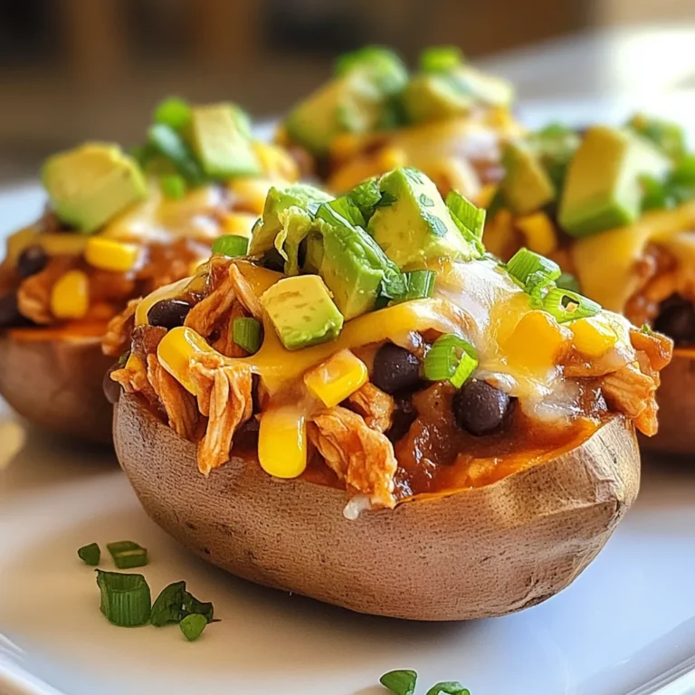 To make BBQ Chicken Stuffed Sweet Potatoes, gather these essentials: - 4 medium-sized sweet potatoes - 2 cups of cooked, shredded chicken - 1 cup of your favorite BBQ sauce - 1 cup of corn (canned or frozen) - 1/2 cup of black beans, thoroughly rinsed and drained - 1/2 cup of shredded cheese (choose between cheddar or mozzarella) - 1 ripe avocado, diced - 1/4 cup of green onions, finely sliced - Salt and freshly ground black pepper to taste - Olive oil for brushing These key ingredients create mouthwatering flavors and a satisfying meal. You can enhance your dish with these optional items: - Fresh cilantro, chopped, for garnish Adding cilantro gives a fresh taste, brightening the overall flavor. Sweet potatoes are rich in vitamins A and C. They provide fiber and antioxidants. Chicken offers protein, essential for muscle health. Black beans add more fiber and protein, while corn gives a sweet crunch. Avocado supplies healthy fats and vitamins. Together, these ingredients make a balanced meal packed with nutrients. {{ingredient_image_2}} First, preheat your oven to 400°F (200°C). Clean the sweet potatoes by rinsing them under cool water. Use a fork to poke holes in each potato. This helps steam escape while they bake. Brush the potatoes with olive oil and sprinkle with salt. Place them on a baking sheet lined with foil for easy cleanup. Bake for 45-60 minutes until they are fork-tender. While the sweet potatoes bake, prepare the BBQ chicken filling. In a medium bowl, mix 2 cups of shredded chicken with 1 cup of BBQ sauce. Add in 1 cup of corn and 1/2 cup of rinsed black beans. Season the mix with salt and pepper. Stir everything together until well combined. Once the sweet potatoes are ready, take them out of the oven and cool for 5 minutes. Carefully slice each potato in half lengthwise. Fluff the insides gently with a fork. Spoon the BBQ chicken mix into each half evenly. Top with shredded cheese. Return the stuffed potatoes to the oven for another 10 minutes, or until the cheese melts. Finally, finish by adding diced avocado, sliced green onions, and chopped cilantro, if you like. Enjoy your flavorful BBQ chicken stuffed sweet potatoes! When picking sweet potatoes, look for ones that feel firm and heavy. They should have smooth skin with no soft spots or cracks. Choose medium-sized sweet potatoes, as they cook evenly and are easier to handle. If you can, buy organic sweet potatoes. They taste better and have fewer chemicals. You can change the taste by using different BBQ sauces. For a smoky flavor, try a hickory BBQ sauce. If you like spice, choose a chipotle BBQ sauce. You can also add spices to the filling. Try a pinch of cumin or smoked paprika for depth. For a fresh twist, add lime juice to the chicken mix. Serve your BBQ chicken stuffed sweet potatoes on a colorful platter. Drizzle some extra BBQ sauce on top for flair. Pair them with a light salad to balance the meal. A simple green salad with lemon vinaigrette works well. You can also add corn on the side for extra flavor and texture. Pro Tips Perfectly Baked Sweet Potatoes: To ensure even baking, choose sweet potatoes of similar size and shape. This way, they will cook uniformly and reach the perfect tenderness. Flavorful Chicken Mix: For an extra kick of flavor, try adding diced jalapeños or a sprinkle of smoked paprika to the BBQ chicken mixture. Cheese Melting Tip: To achieve a beautifully melted cheese topping, broil the stuffed sweet potatoes for the last 2-3 minutes of cooking. Keep a close watch to avoid burning. Garnish for Freshness: Don't skip the garnish! Fresh herbs like cilantro or parsley add a burst of flavor and color, enhancing the overall presentation of your dish. {{image_4}} If you want a vegetarian version of BBQ chicken stuffed sweet potatoes, you have great options. You can use jackfruit or lentils as a tasty substitute for chicken. Jackfruit has a pulled texture when cooked and absorbs flavors well. Lentils provide protein and a hearty feel. For the BBQ sauce, look for vegetarian-friendly brands. This way, you keep all the flavor without the meat. BBQ sauce can change your dish's taste a lot. You can choose from sweet, smoky, or spicy sauces. A sweet sauce pairs well with the sweet potatoes, making each bite feel rich. A smoky sauce adds depth, while a spicy one brings a kick. Try different sauces to find your favorite. You can even mix two or three sauces for a unique flavor. Customization makes this dish fun! You can add toppings like diced tomatoes, jalapeños, or sour cream for a twist. If you want more crunch, consider adding crushed tortilla chips or sliced radishes. Mix-ins are also great. Try adding sautéed bell peppers or mushrooms to the BBQ chicken filling. These additions can brighten up the flavors and add more texture. After enjoying your BBQ chicken stuffed sweet potatoes, you may have some leftovers. To store them, place the stuffed halves in an airtight container. Make sure to let them cool down first. Store in the fridge for up to three days. This helps keep them fresh and tasty. When you are ready to eat your leftovers, reheating is key. You can use the oven for the best results. Preheat the oven to 350°F (175°C). Place the stuffed sweet potatoes in a baking dish. Cover them with foil to keep them moist. Heat for about 15-20 minutes, or until warm. You can also use a microwave for quick reheating. Just heat on medium power for 2-3 minutes. This way, they stay soft and delicious. If you want to save some for later, freezing is a great option. Wrap each stuffed sweet potato in plastic wrap tightly. Then, place them in a freezer-safe bag or container. This keeps out air and prevents freezer burn. They can last up to three months in the freezer. When you want to eat them, thaw in the fridge overnight. Then, follow the reheating tips to enjoy a warm meal. You should bake sweet potatoes for 45-60 minutes. This time allows them to become fork-tender. Check them by inserting a fork. If it goes in easily, they are ready. Yes, you can use other proteins. Turkey, pork, or even tofu work well. Just make sure they are cooked and shredded. This gives you tasty options for different diets. You can use teriyaki sauce or honey mustard as a substitute. You may also try salsa for a fresh twist. Adjust the flavors to fit your taste. BBQ chicken stuffed sweet potatoes offer a tasty and healthy meal. We explored key ingredients, preparation steps, and useful tips. You can customize the dish to fit your taste. Storing leftovers is easy, and I encourage you to try different variations. These stuffed potatoes are not just filling; they are fun to create. Using the advice here, you can enjoy this dish many ways. Enjoy your cooking adventure and make it your own!