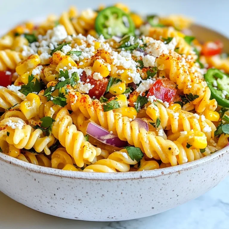 For this tasty Mexican street corn pasta salad, gather these items: - 8 oz fusilli pasta - 2 cups corn kernels (fresh or frozen) - 1 red bell pepper, diced - 1/2 red onion, finely chopped - 1 jalapeño, deseeded and minced - 1/2 cup crumbled cotija cheese - 1/4 cup fresh cilantro, chopped - 3 tablespoons mayonnaise - 2 tablespoons lime juice - 1 teaspoon chili powder - Salt and pepper to taste You can easily swap some ingredients if needed: - Use any pasta shape, like penne or rotini, instead of fusilli. - If you don’t have cotija cheese, feta works well as a substitute. - For a creamy vegan option, use dairy-free mayo. - If lime juice is unavailable, lemon juice is a great alternative. Fresh corn tastes sweet and bright. It’s a great choice when in season. You can grill or sauté it to enhance the flavor. Frozen corn is convenient and still tasty. It’s often picked at peak ripeness, so don’t worry if it’s your only option. Just thaw it before adding to the salad. {{ingredient_image_2}} Start by boiling a large pot of salted water. Once it boils, add 8 oz of fusilli pasta. Cook according to the package instructions until it’s al dente. This usually takes about 8-10 minutes. Drain the pasta and rinse it under cold water. This stops the cooking process and cools it down. Set the pasta aside to dry completely. In a large skillet, add 2 cups of corn kernels. You can use fresh or frozen corn. Set the skillet over medium heat. Sauté the corn for 5-7 minutes. Stir occasionally until the corn gets a nice char. This adds flavor. Once done, remove the skillet from the heat and let the corn cool. In a large mixing bowl, combine the cooled pasta with the sautéed corn. Next, add 1 diced red bell pepper, 1/2 finely chopped red onion, and 1 minced jalapeño. Stir gently to mix everything evenly. It’s important to blend the flavors well in this step. In a small bowl, whisk together 3 tablespoons of mayonnaise, 2 tablespoons of lime juice, and 1 teaspoon of chili powder. Add salt and pepper to taste. This dressing brings all the flavors together. Make sure it’s smooth before you pour it over the pasta salad. Now, pour the dressing over the pasta salad mixture. Toss gently until all the ingredients are coated. Carefully fold in 1/2 cup of crumbled cotija cheese and 1/4 cup of chopped cilantro. This adds a burst of flavor and freshness. Taste the salad. Adjust seasoning if needed. For the best flavor, cover the salad and chill it in the fridge for at least 30 minutes. This allows the flavors to meld beautifully. To get the best pasta, start with plenty of water. Use a big pot and add salt. It should taste like the ocean. When the water boils, add the fusilli pasta. Cook it until it’s al dente, which means firm to the bite. This usually takes about 8-10 minutes. After cooking, drain it well. Rinse it under cold water to stop the cooking. This keeps the pasta from getting mushy. If you want more flavor, try adding extra lime juice or chili powder. A squeeze of fresh lime can brighten the dish. You can also add more jalapeño for heat. Don't be afraid to adjust the salt and pepper too. Taste your salad before serving. If it lacks flavor, you can easily fix it. Serve your pasta salad in a large, colorful bowl. This makes it look inviting. For a nice touch, add extra cilantro on top. A sprinkle of chili powder adds color too. Using pretty plates or bowls can enhance the look. Remember, we eat with our eyes first! Pro Tips Fresh Corn is Best: For the most authentic flavor, use freshly grilled corn. The char adds a wonderful smokiness that elevates the salad. Customize the Heat: Adjust the amount of jalapeño based on your spice preference. You can also add some diced red chili for extra heat. Make Ahead: This salad can be made a day in advance. Just keep it covered in the fridge to enhance the flavors and serve chilled. Adding Other Veggies: Feel free to mix in other vegetables like diced cucumbers or cherry tomatoes for added texture and flavor. {{image_4}} You can make this dish heartier by adding protein. Grilled chicken or shrimp works well. Cook the protein first, then chop it into bite-sized pieces. Mix it in with the pasta and veggies. This adds flavor and makes the salad more filling. If you want a vegetarian version, skip the meat. You can add black beans or chickpeas for protein. For a vegan option, replace mayonnaise with a plant-based mayo. Also, use a vegan cheese or skip cheese altogether. This keeps the dish light and fresh. Adjust the heat to your taste. For spicy, add more jalapeño or use a spicier pepper, like serrano. You can also sprinkle in some cayenne pepper for extra kick. If you prefer mild, leave out the jalapeño. Your salad will still taste great without the heat. To keep your Mexican Street Corn Pasta Salad fresh, store it in an airtight container. Place it in the fridge. It will stay good for up to three days. If you notice any extra moisture, drain it before serving. Reheating this salad is simple. Use the microwave for a quick warm-up. Heat it in short bursts, stirring in between. You can also enjoy it cold, as the flavors still shine through chilled. For meal prep, make the salad ahead of time. This allows the flavors to blend beautifully. Store it in individual containers for easy lunches. Prep the ingredients separately if you plan to eat it later in the week. This keeps everything fresh and tasty. Yes, you can use other pasta shapes. Bowtie, penne, or rotini work well. Just make sure to cook them until they are al dente. This keeps the pasta firm and gives a nice bite. You can prepare the salad a day before serving. Just mix all the ingredients but add the dressing later. Keep the salad in the fridge. Add the dressing just before you serve it. This keeps the pasta and veggies fresh. This salad pairs well with grilled meats and tacos. You can serve it as a side or a main dish. It goes great with chicken, steak, or shrimp. Try it with a refreshing drink like agua fresca or iced tea. No, this recipe is not gluten-free due to the pasta. However, you can use gluten-free pasta. Look for brands made from rice or chickpeas. This way, you can enjoy the salad without gluten. It is not ideal to freeze this salad. Freezing may change the texture of the pasta and veggies. If you have leftovers, store them in the fridge and eat them within a few days. This blog post covers how to make a delicious Mexican Street Corn Pasta Salad. We explored ingredients, cooking steps, and tips for the best results. You can use fresh or frozen corn and substitute ingredients as needed. I shared ways to add protein and make vegetarian options. Plus, I included storage tips to keep your salad tasty. Enjoy making this easy and flavorful dish. You can impress others with your cooking skills! Happy cooking and eating!