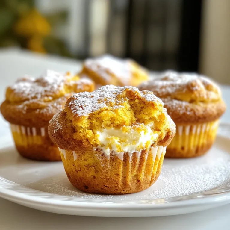To make pumpkin cream cheese muffins, gather these key ingredients: - 1 cup pumpkin puree (canned or fresh) - 1/2 cup cream cheese, softened - 1/2 cup granulated sugar - 1/4 cup packed brown sugar - 1/3 cup vegetable oil - 2 large eggs, at room temperature - 1 teaspoon vanilla extract - 1 1/2 cups all-purpose flour, sifted - 1 teaspoon baking soda - 1 teaspoon baking powder - 1 teaspoon ground cinnamon - 1/2 teaspoon ground nutmeg - 1/4 teaspoon ground ginger - 1/4 teaspoon salt These ingredients work together to create a rich, moist muffin. The pumpkin adds natural sweetness and moisture, while the cream cheese gives a creamy texture. You can enhance your muffins with optional add-ins. Chopped walnuts or pecans add a nice crunch and flavor. Use about 1/2 cup if you like nuts. If you prefer a nut-free option, you can skip them altogether. You can swap some ingredients if needed. For a lower sugar option, use a sugar substitute. If you want a dairy-free version, try vegan cream cheese in place of regular cream cheese. For gluten-free muffins, use a gluten-free flour blend. These substitutions keep the muffins tasty while fitting different diets. {{ingredient_image_2}} First, set your oven to 350°F (175°C). This temperature is perfect for baking. While the oven heats, grab a muffin tin and line it with paper liners. You can also spray it lightly with non-stick spray. This step keeps your muffins from sticking. In a large bowl, add the pumpkin puree and softened cream cheese. Next, mix in the granulated sugar and brown sugar. Pour in the vegetable oil, then crack in the eggs. Don’t forget the vanilla extract! Use a whisk to blend everything until it’s smooth. It should look uniform and creamy. Take another bowl and sift together the flour, baking soda, baking powder, cinnamon, nutmeg, ginger, and salt. Sifting helps the dry ingredients mix well. This step also makes sure the flour is light and fluffy. Now, it’s time to combine the wet and dry ingredients. Gradually add the dry mix into the pumpkin mixture. Use a spatula or a wooden spoon to fold them together. Be gentle! It’s okay to leave some lumps; this helps keep the muffins light. If you want, fold in chopped walnuts or pecans for added crunch. Next, carefully spoon the batter into your muffin tin. Fill each cup about two-thirds full. This allows space for the muffins to rise. Bake them in the oven for 18-20 minutes. To check if they are done, insert a toothpick into the center of a muffin. It should come out clean. Once baked, cool the muffins on a wire rack for about five minutes before serving. To get soft and moist muffins, mix the wet and dry ingredients well. When you combine them, stop as soon as you see no dry flour. A few lumps are okay. Overmixing makes muffins tough. Use room temperature eggs and cream cheese for the best blend. Every oven is different. Start checking your muffins at 18 minutes. Insert a toothpick in the center. If it comes out clean, they are ready. If not, bake a bit longer. Be careful not to overbake; this can dry them out. To make your muffins look great, dust them with powdered sugar after they cool. Place them on a wooden board for a rustic feel. Add a bowl of whipped cream cheese on the side. This adds extra flavor and makes for a lovely brunch treat. Pro Tips Use Fresh Ingredients: Whenever possible, opt for fresh pumpkin puree instead of canned for a richer flavor and better texture. Room Temperature Eggs: Ensure your eggs are at room temperature before mixing; this will help them blend more easily into the batter. Don’t Overmix: When combining the wet and dry ingredients, mix until just combined. Overmixing can lead to dense muffins. Cool Completely: Let the muffins cool completely on a wire rack before serving; this will help them set properly and enhance their flavor. {{image_4}} Want to make your muffins even more fun? Add chocolate chips! Chocolate and pumpkin go well together. Use about 1 cup of semi-sweet or dark chocolate chips. Simply fold them into the batter after mixing. This will add a rich sweetness that pairs well with the creamy pumpkin. You can use mini chips if you prefer a smaller bite. Making these muffins vegan is simple! Replace the cream cheese with a vegan cream cheese. For the eggs, use flax eggs. To make one flax egg, mix 1 tablespoon of ground flaxseed with 2.5 tablespoons of water. Let it sit until it thickens. Use this in the recipe. Also, swap the vegetable oil with coconut oil or any neutral oil. If you need a gluten-free option, use gluten-free all-purpose flour. Make sure the blend you choose has xanthan gum for the right texture. You can also add a bit of baking powder to help the muffins rise. Follow the rest of the recipe as is. Your muffins will be just as tasty! After baking your pumpkin cream cheese muffins, let them cool completely. This step is key to keeping them fresh. Once cool, place the muffins in an airtight container. You can stack them, but make sure to add parchment paper between layers. This will help prevent sticking. Store them at room temperature for up to three days. If you need to keep them longer, it's best to freeze them. To freeze your muffins, first, let them cool. Wrap each muffin in plastic wrap for best results. Then, place them in a freezer-safe bag. Remove as much air as you can to avoid freezer burn. Label the bag with the date. You can freeze them for up to three months. When you are ready to enjoy them, just take out how many you need. To reheat your muffins, you have a few options. For the oven, preheat it to 350°F (175°C). Place the muffins on a baking sheet and heat for about 10 minutes. This method keeps them soft and warm. If you’re in a hurry, you can use the microwave. Heat each muffin for about 15-20 seconds. Just be careful not to overheat them or they may become tough. Enjoy your muffins fresh and warm! Yes, you can use fresh pumpkin. Start with a small pumpkin. Cut it, remove the seeds, and cook it until soft. Then mash it or blend it into a puree. This fresh pumpkin will add a nice flavor to your muffins. Just make sure it is smooth and not too watery. To check if the muffins are done, insert a toothpick into the center of one muffin. If it comes out clean, the muffins are ready. If you see batter on the toothpick, bake them for a few more minutes. The tops should look golden brown and spring back when touched. You can serve these muffins with a dollop of whipped cream cheese. It adds a nice touch. A drizzle of honey or maple syrup also works well. For a fun treat, pair them with a warm cup of spiced chai or coffee. Enjoying them fresh from the oven is the best! These pumpkin cream cheese muffins are sure to impress. You learned about the main ingredients and optional add-ins. We covered how to mix, bake, and store them for fresh flavor. Remember, you can adapt these muffins to fit different diets, whether vegan or gluten-free. In closing, these tasty treats are easy to make and enjoy. Try mixing in your favorite flavors for a fun twist. Enjoy your baking journey and share these muffins with friends!
