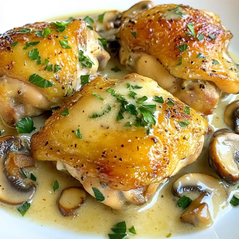 - 4 bone-in, skin-on chicken thighs - 2 tablespoons extra virgin olive oil - 1 cup sliced mushrooms (either cremini or button) - 1 small onion, finely chopped - 3 cloves of garlic, minced - 1 cup low-sodium chicken broth - 1 cup heavy cream - 1 teaspoon dried thyme - 1 teaspoon sweet paprika - Salt and freshly ground black pepper, to taste - Fresh parsley, finely chopped, for garnish Choose high-quality chicken thighs for great flavor. Bone-in and skin-on give the best taste and moisture. Use fresh mushrooms for a rich, earthy flavor. Pick low-sodium chicken broth to control salt levels. Heavy cream creates a rich sauce, but you can use half-and-half for a lighter option. Fresh parsley adds color and brightness to the dish. You can swap chicken thighs for chicken breasts, but they won’t be as juicy. Use vegetable broth instead of chicken broth for a vegetarian option. If you can’t find fresh mushrooms, canned mushrooms work in a pinch but won’t have the same texture. You can replace heavy cream with coconut cream for a dairy-free version. {{ingredient_image_2}} Start by patting the chicken thighs dry with paper towels. This helps make the skin crispy. Next, season both sides with salt, black pepper, and sweet paprika. This ensures the meat is tasty and flavorful. Heat two tablespoons of olive oil in a large skillet over medium-high heat. When the oil shimmers, add the chicken thighs skin-side down. Sear them for 5-7 minutes until the skin turns golden brown. Flip the chicken and cook for another 5 minutes. Once done, remove the chicken and set it aside on a plate. In the same skillet, add one finely chopped onion without cleaning it. Sauté for about 2 minutes until the onions look clear. Then, add three minced garlic cloves and cook for one more minute. This lets the garlic release its aroma. Now, add one cup of sliced mushrooms and cook for 4-5 minutes. Stir occasionally until the mushrooms soften and brown. Pour one cup of low-sodium chicken broth into the skillet. Use a wooden spoon to scrape any tasty bits stuck to the bottom. Let the mixture simmer for a few minutes to reduce. Lower the heat and stir in one cup of heavy cream and one teaspoon of dried thyme. Mix until the sauce is creamy. Carefully return the chicken to the skillet, placing it skin-side up. Spoon sauce over the chicken. Cover the skillet and simmer on low for about 25 minutes. The chicken should reach 165°F (75°C) when done. Taste the sauce and adjust salt or pepper as needed. Serve the chicken drizzled with sauce and garnish with fresh parsley. To get crispy skin on your chicken thighs, start with dry meat. Pat the chicken thighs with paper towels. This step removes excess moisture. Next, season the chicken well with salt, pepper, and paprika. When you sear the chicken, use a hot skillet. This helps to create a beautiful, golden crust. Sear skin-side down for 5-7 minutes. Do not rush this step. The skin needs time to crisp up. For a rich and creamy sauce, use heavy cream. It adds a wonderful texture. After cooking the mushrooms and onions, add chicken broth. Stir well to scrape up any brown bits. These bits add flavor to your dish. Allow the sauce to simmer before adding the cream. This helps to deepen the flavors. Stir in dried thyme for a hint of earthiness. Taste the sauce before serving to adjust seasoning. Serve the creamy mushroom chicken thighs over rice or mashed potatoes. This lets you soak up the delicious sauce. You can also add steamed green vegetables on the side. Bright vegetables create a lovely contrast. For added freshness, sprinkle chopped parsley on top just before serving. This gives a nice pop of color and flavor. Enjoy your meal with a glass of white wine for a delightful pairing! Pro Tips Dry the Chicken: Patting the chicken thighs dry helps achieve a crispy skin when searing. This step is crucial for texture. Don’t Rush the Sear: Allow the chicken to sear undisturbed for a few minutes to develop a golden-brown crust. It enhances flavor and presentation. Scrape the Skillet: When adding the chicken broth, make sure to scrape the bottom of the skillet to incorporate all the flavorful bits. Rest the Chicken: Let the cooked chicken rest for a few minutes before serving to allow the juices to redistribute, resulting in more tender meat. {{image_4}} You can use different types of mushrooms. Cremini mushrooms give a rich flavor. Button mushrooms are lighter in taste. You can also try shiitake for a more earthy taste. Mix them up for a fun twist! Each type adds unique notes to the dish. For more color and nutrients, add vegetables. Spinach adds a nice pop of green. Peas bring sweetness and texture. Carrots can add a crunch if sliced thin. You can toss in any veggies you like. Just remember to cook them until tender. If you want a lighter meal, swap heavy cream. Use half-and-half for a creamy taste with less fat. Coconut milk gives a fun twist and is dairy-free. Greek yogurt can add creaminess without too many calories. Just stir it in at the end for the best results. To store your creamy mushroom chicken thighs, let them cool first. Place the chicken and sauce in an airtight container. This helps keep them fresh. You can store it in the fridge for up to three days. Make sure to keep the sauce with the chicken for the best flavor. When you’re ready to enjoy leftovers, reheat gently. You can use a skillet or microwave. If using a skillet, add a splash of chicken broth to keep the sauce creamy. Heat on low until warm. If using a microwave, cover the dish and heat in short bursts. Stir often to avoid hot spots. Check that the chicken is heated through before serving. If you want to freeze the dish, it’s best to do so before reheating. Place the cooled chicken and sauce in a freezer-safe container. You can freeze it for up to three months. When you're ready to eat, thaw it overnight in the fridge. Reheat the chicken and sauce on the stove for the best taste. Yes, you can use boneless chicken thighs. They cook faster and are easier to eat. Just adjust the cooking time to about 20 minutes after returning them to the sauce. Check for doneness to ensure they reach 165°F (75°C). Creamy mushroom chicken thighs pair well with many sides. Here are some tasty options: - Fluffy rice to soak up the sauce - Creamy mashed potatoes for a rich complement - Steamed green vegetables for color and crunch - A simple salad to add freshness These sides enhance the meal and balance the flavors. To check if chicken thighs are cooked, use a meat thermometer. Insert it into the thickest part of the thigh, avoiding the bone. The chicken is done when it reaches 165°F (75°C). If you don’t have a thermometer, cut into the meat. It should be opaque and the juices should run clear. This blog post covers everything you need for a tasty creamy mushroom chicken. We looked at important ingredients, step-by-step cooking directions, and helpful tips to make your dish shine. You learned about variations and ways to store leftovers for later. Remember to choose fresh mushrooms and enjoy your meal with friends. Cooking can be fun and easy! Now, go ahead and make this dish your own. You’ll impress everyone at the table.