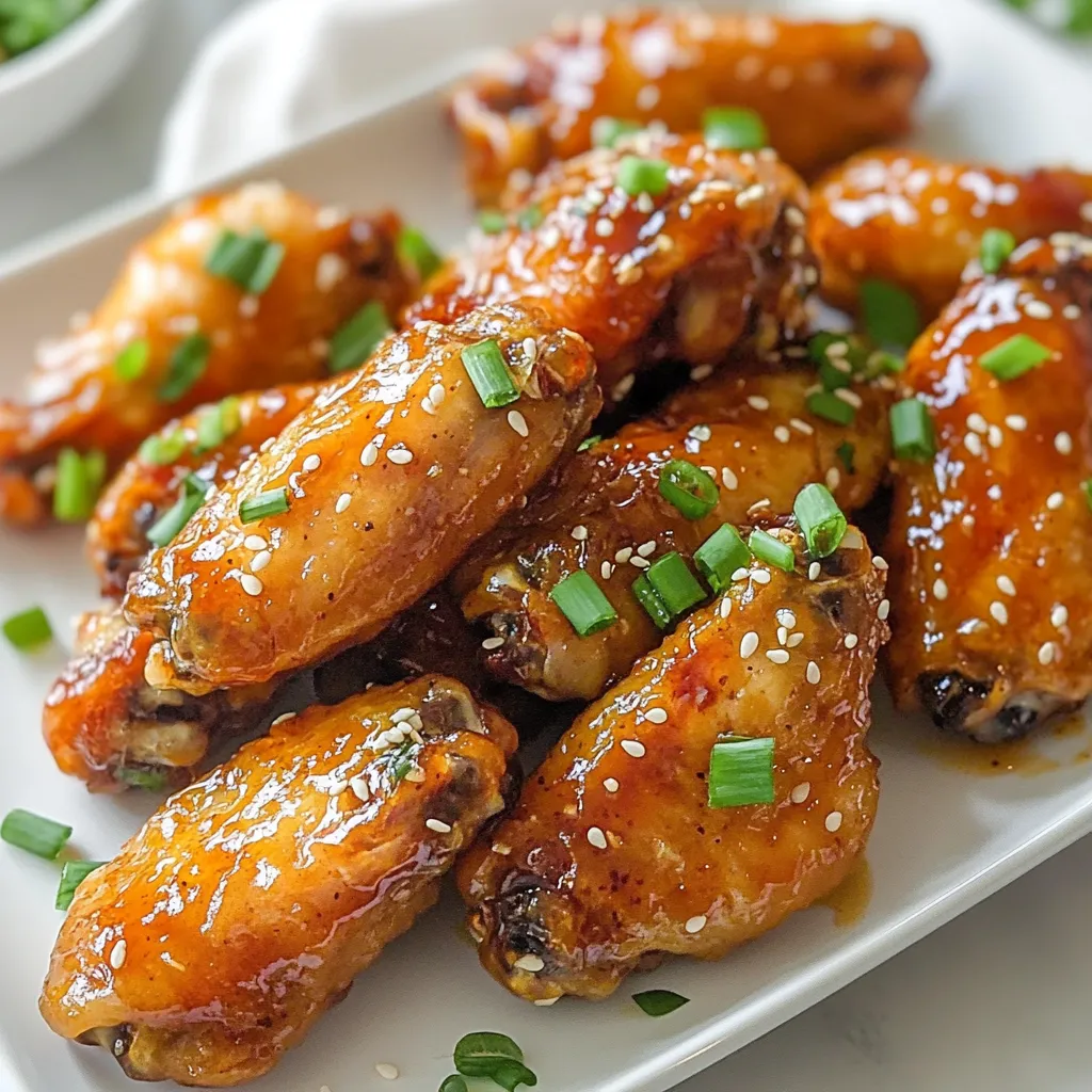 - 2 lbs chicken wings - 1/4 cup Sriracha sauce - 1/4 cup honey - 2 tablespoons soy sauce - 2 tablespoons olive oil - 3 cloves garlic, finely minced - 1 teaspoon fresh ginger, grated - 1 teaspoon salt - 1/2 teaspoon freshly ground black pepper - 1 tablespoon sesame seeds (for garnish) - 2 green onions, finely chopped (for garnish) To make Sriracha honey chicken wings, you need fresh chicken wings. They form the base of this tasty dish. Sriracha sauce adds heat and flavor. Honey brings a sweet touch to balance the spice. Soy sauce gives depth and umami. Olive oil keeps the wings moist and helps them crisp up. Next, we have garlic and ginger. Both add a nice kick. Salt and pepper are key for seasoning. Finally, sesame seeds and green onions make great garnishes. They add color and texture. Gather these ingredients before you start cooking. It makes the process smooth and fun. Trust me, these wings will be a hit at your next gathering! {{ingredient_image_2}} To start, grab a large mixing bowl. In this bowl, mix 1/4 cup of Sriracha sauce and 1/4 cup of honey. These two ingredients create the sweet and spicy taste we love. Next, add 2 tablespoons of soy sauce and 2 tablespoons of olive oil. These help to tenderize the chicken and add depth. Then, finely mince 3 cloves of garlic and grate 1 teaspoon of fresh ginger. Add these to the bowl. Finally, sprinkle in 1 teaspoon of salt and 1/2 teaspoon of black pepper. Whisk everything together until it is smooth and well combined. Now it’s time to marinate the wings. Take 2 pounds of chicken wings and place them into the bowl with the marinade. Make sure each wing gets a good coat of that delicious mix. Cover the bowl with plastic wrap or a lid. Let the wings sit in the fridge for at least 1 hour. If you can wait longer, let them marinate overnight. This step is key to making the wings full of flavor. When you’re ready to cook, preheat your oven to 400°F (200°C). This temperature helps the wings turn crispy. Line a baking sheet with aluminum foil to make cleanup easy. Place a wire rack on top of the baking sheet. This allows hot air to circulate around the wings, giving them a great texture. Lay the marinated chicken wings on the rack in a single layer. Bake them for about 40 to 45 minutes. Flip the wings halfway through to ensure they cook evenly. For a final touch, brush the wings with extra marinade during the last 5 minutes of baking. This adds an extra layer of flavor. Once done, let the wings rest a few minutes before serving. To get your chicken wings crispy, use a wire rack. This allows air to flow around the wings. Bake them in the oven at 400°F (200°C) for the best results. Flip the wings halfway through baking. This helps both sides crisp up evenly. Avoid overcrowding the baking sheet. Space between wings lets heat circulate better. For a deeper flavor, marinate your wings overnight. The longer they sit in the marinade, the more they absorb the tasty mix. You can also add more garlic or ginger for a stronger kick. A splash of lime juice can brighten the flavors, too. Before serving, brush on more marinade. This adds a glossy layer and extra taste. If you want a different approach, try frying the wings. Heat oil to 350°F (175°C) and fry in batches until golden. This gives a crunchy outside and juicy inside. You can also use an air fryer for a healthier option. Cook at 375°F (190°C) for about 25 minutes. No matter the method, keep an eye on the wings to avoid overcooking. Pro Tips Marinate for Maximum Flavor: The longer you marinate the wings, the deeper the flavors will penetrate the meat. Aim for at least 1 hour, but overnight is ideal. Use a Wire Rack: Elevating the wings on a wire rack allows hot air to circulate around them, resulting in a crispier exterior without the need for frying. Brush with Marinade: For an extra layer of flavor, brush the wings with leftover marinade during the last few minutes of baking to create a sticky, caramelized glaze. Serve with Accompaniments: Enhance your wing experience by serving with lime wedges for a fresh zing and extra Sriracha for those who enjoy a spicy kick. {{image_4}} For those who crave extra heat, I recommend adding more Sriracha. Try 1/2 cup instead of 1/4 cup. This change gives the wings a bold kick. You can also add crushed red pepper flakes for more spice. Mix these into the marinade for a fiery flavor. The sweet honey will balance the spice, making each bite amazing. If you love BBQ flavors, swap out the honey for your favorite BBQ sauce. Use 1/4 cup of BBQ sauce and mix it with Sriracha. This blend gives the wings a smoky, tangy taste. You can add a touch of apple cider vinegar for added zest. Brush the wings with more BBQ sauce before serving for that sticky goodness. Baking the wings gives a healthier option. You still get crispy wings without too much oil. However, frying them makes them ultra-crispy and juicy. If you fry, use a deep fryer or a large pot with oil. Cook them until golden brown. Both methods taste great, so choose based on your mood! To keep leftover wings fresh, place them in an airtight container. Make sure they cool down first. Store them in the fridge for up to three days. If you want to keep them longer, freezing is a great option. For freezing, wrap the wings in plastic wrap or foil. Place them in a freezer-safe bag or container. They can last for up to three months in the freezer. Always label your bags with the date. This way, you’ll know when to use them. To reheat the wings, preheat your oven to 350°F (175°C). Place the wings on a baking sheet. Heat them for about 15-20 minutes or until they are warm. You can also microwave them, but this might make them less crispy. To keep that crunch, the oven is best! Yes, you can use other chicken parts. Thighs or drumsticks work well too. Just adjust the cooking time. Thighs may take longer to cook, while drumsticks are similar to wings. Always check that the chicken reaches 165°F for safe eating. I suggest marinating the wings for at least one hour. For the best taste, marinate them overnight. This time allows the flavors to soak into the chicken. The longer you marinate, the better it will taste. Many sides go great with Sriracha honey chicken wings. Here are some ideas: - Coleslaw: The crunch and creaminess balance the heat. - Rice: White or fried rice soaks up the sauce well. - Vegetable sticks: Carrots and celery add a fresh crunch. - Potato wedges: They are crispy and fill you up. Try one or mix a few sides to enhance your meal! You now have the tools to make amazing chicken wings at home. We covered key ingredients, step-by-step instructions, and clever tips. You learned how to achieve maximum crispiness and boost flavors. Don’t forget the fun variations, like spicy Sriracha honey wings. Store leftovers properly and follow easy reheating tips for the best taste. With these skills, you can impress friends and family with delicious chicken wings every time. Enjoy your cooking adventure!