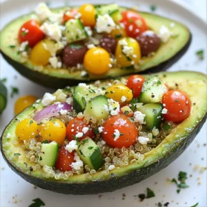 - 2 ripe avocados, halved and pitted - 1 cup cherry tomatoes, quartered - 1 cucumber, diced - 1/2 red onion, finely chopped - 1/2 cup cooked quinoa - 1/2 cup feta cheese, crumbled - 1/4 cup Kalamata olives, sliced - 2 tablespoons fresh parsley, finely chopped - 2 tablespoons extra virgin olive oil - 1 tablespoon fresh lemon juice - Salt and freshly ground black pepper to taste - Extras like bell peppers or capers for added flavor - Alternative cheese options such as goat cheese or mozzarella - Other vegetables like spinach, zucchini, or even corn to include Using fresh, ripe avocados is key. They should yield slightly to gentle pressure. The cherry tomatoes bring sweetness, while cucumbers add crunch. Red onion gives a mild bite that balances the flavors. Quinoa adds protein and a nutty taste. Feta cheese provides creaminess, and Kalamata olives add a briny touch. Fresh parsley brightens each bite. Feel free to customize the dish. You can add bell peppers for a sweet crunch. Goat cheese can replace feta for a tangy twist. Zucchini or corn can bring more texture and taste. Adjust the ingredients based on your likes and what you have on hand. {{ingredient_image_2}} First, rinse your quinoa under cold water. This step helps remove any bitterness. Next, cook the quinoa according to the package instructions. Usually, this means bringing water to a boil, adding quinoa, and simmering. Once it’s done, fluff it with a fork and let it cool. Cooling is key to keeping your salad fresh. In a medium bowl, combine the following ingredients: - 1 cup cherry tomatoes, quartered - 1 cucumber, diced - 1/2 red onion, finely chopped - 1/2 cup cooked quinoa - 1/2 cup feta cheese, crumbled - 1/4 cup Kalamata olives, sliced - 2 tablespoons fresh parsley, finely chopped Next, drizzle olive oil and lemon juice over this mix. You need about 2 tablespoons of olive oil and 1 tablespoon of lemon juice. Season with salt and pepper. Gently fold everything together with a rubber spatula. This keeps your veggies intact while blending flavors. Take your ripe avocados and cut them in half. Carefully scoop out a bit of avocado flesh to make room for the filling. This step ensures a generous portion of that vibrant mixture. Now, fill each avocado half with your Mediterranean mixture. Pack it well so it overflows a little. For presentation, serve the stuffed avocados on a rustic wooden board or a colorful platter. Sprinkle extra parsley on top for a fresh look. Adding lemon slices on the side gives a nice touch and can enhance flavor at serving time. Enjoy this fresh dish right away, or chill it for about 15 minutes to let those flavors meld. To pick the best avocados, look for these signs: - Color: A dark green or almost black skin is ideal. - Feel: The avocado should yield slightly when you press it gently. - Shape: Choose avocados that feel heavy for their size. If your avocados are not ripe, try this: - Place them in a brown paper bag. - Add an apple or banana to speed up the ripening process. - Keep the bag at room temperature for one to three days. Add extra flavor to your stuffed avocados with these herbs and spices: - Fresh basil - Oregano - Dill - A pinch of red pepper flakes To adjust salt and acidity, follow these tips: - Taste the filling after mixing. - Add salt gradually and taste as you go. - If it’s too salty, add a squeeze of lemon juice for balance. Pair your Mediterranean stuffed avocados with: - Crusty bread or pita chips - A light green salad with a lemon vinaigrette - Roasted vegetables for a warm touch For garnishing options, consider: - A sprinkle of extra parsley on top - Lemon slices on the side for a zesty kick - A drizzle of balsamic glaze for added sweetness Pro Tips Choose Ripe Avocados: Look for avocados that yield slightly to pressure when gently squeezed. This ensures they are perfectly creamy and ready for stuffing. Mix and Match Ingredients: Feel free to customize the filling by adding other vegetables like bell peppers or zucchini, or switch out the feta for goat cheese for a different flavor profile. Serve Fresh: For the best taste and texture, serve the stuffed avocados immediately after preparation. If preparing in advance, keep the avocado halves from browning by squeezing extra lemon juice over the flesh. Chill for Flavor: Allowing the stuffed avocados to chill for about 15 minutes in the refrigerator lets the flavors meld beautifully, enhancing the overall taste. {{image_4}} You can add more protein to your stuffed avocados. Try chickpeas or black beans for a hearty bite. They mix well with the other flavors. If you're vegan, substitute feta cheese with a vegan cheese option. Nutritional yeast also offers a cheesy taste. Get creative with your fillings! You can use roasted red peppers or artichoke hearts for a new flavor. In summer, add fresh corn or zucchini for a bright twist. Seasonal veggies keep the dish fresh and fun. Transform your stuffed avocados into a salad. Chop the avocado and mix it with the filling. You can also serve it as a dip. Use pita chips or fresh veggies to scoop up the mix. It makes for a fun and interactive meal! To keep your stuffed avocados fresh, use an airtight container. This helps prevent air from getting in. Store them in the fridge. They will last for up to two days. If you want to save some time, prepare the filling and store it separately. You can then fill the avocados just before serving. This keeps the avocados from turning brown and mushy. You can freeze unstuffed avocados. To do this, first, cut them in half and remove the pit. Then, wrap each half tightly in plastic wrap. Place the wrapped avocados in a freezer bag. They can last in the freezer for about three months. When you thaw them, the texture may change. Expect a softer feel. They may not work well for stuffing. Instead, you can use thawed avocados in smoothies or soups. The taste will still be good, even if the texture is different. Yes, you can prepare these stuffed avocados ahead of time. To do this, follow the recipe steps up to filling the avocado halves. Store the filling in a separate container. This keeps it fresh. You can chill the filling in the fridge. When ready to serve, scoop out the flesh and fill the avocados. This method helps maintain the avocado's texture. You can easily boost the nutrition of your stuffed avocados with a few healthy add-ins. Here are some ideas: - Chickpeas: Add cooked chickpeas for extra fiber and protein. - Spinach: Mix in fresh spinach for added vitamins and minerals. - Bell Peppers: Diced bell peppers give a nice crunch and sweetness. - Artichoke Hearts: These add a unique flavor and more nutrients. - Hummus: A spoonful of hummus can add creaminess and depth. Feel free to get creative with your add-ins! Preventing browning in avocados is easy with a few tips: - Lemon Juice: Use fresh lemon juice on the cut surfaces to slow browning. - Seal Containers: Store avocado halves in airtight containers. - Onion: Placing onion in the same container can help keep avocados fresh. - Plastic Wrap: Wrap the avocado tightly in plastic wrap before storage. These methods keep your avocados looking fresh and tasty for longer! Mediterranean stuffed avocados blend fresh ingredients for a tasty meal. You learned how to select ripe avocados, prepare quinoa, and mix fillings. Customization options let you adjust flavors and add veggies. Feel free to store leftovers or freeze them for later. Explore variations for yourself or friends. Enjoy these healthy, easy meals that pack flavor in every bite. Dive into your kitchen and create a dish that delights.