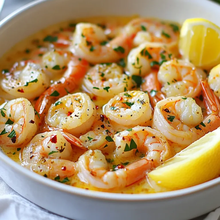 - 1 lb large shrimp, peeled and deveined - 4 tablespoons unsalted butter - 4 cloves garlic, minced - 1 tablespoon olive oil - 1/4 teaspoon red pepper flakes (adjust to taste for spice) - 1/2 cup low-sodium chicken broth - 2 tablespoons fresh lemon juice - 1/4 cup fresh parsley, chopped - Salt and black pepper to taste - 8 oz linguine or spaghetti (optional, for serving) Use fresh shrimp for the best taste. Look for shrimp that smell like the ocean, not fishy. The butter should be unsalted, as it lets you control the salt. Fresh garlic is key for a strong flavor. Choose a good brand of chicken broth for a rich base. Fresh parsley adds color and a fresh taste. If you can't find fresh shrimp, frozen works well, too. Just thaw them before cooking. You can swap unsalted butter with ghee for a dairy-free option. For a kick, use cayenne pepper instead of red pepper flakes. If you want a vegetarian dish, try using mushrooms or zucchini instead of shrimp. Gluten-free pasta is a great choice for those avoiding gluten. {{ingredient_image_2}} If you want to add pasta, start by boiling salted water in a large pot. Once the water is ready, add 8 oz of linguine or spaghetti. Cook the pasta according to the package instructions until it is al dente. This usually takes about 8-10 minutes. When done, drain the pasta but save 1/2 cup of the pasta water for later. Set the pasta aside. In a large skillet, add 1 tablespoon of olive oil and 2 tablespoons of unsalted butter over medium heat. Let the butter melt completely. Once melted, swirl the pan to mix the oil and butter. Then, add 4 cloves of minced garlic. Sauté the garlic for about 1 minute or until you smell its great aroma. Be careful not to burn it, as this can ruin the dish. Now it’s time for the star of the dish—shrimp! Add 1 lb of peeled and deveined large shrimp to the skillet. Spread them out evenly. Season them with salt and black pepper to taste. Cook the shrimp for about 2-3 minutes on each side. They are ready when they turn pink and opaque. Once cooked, transfer the shrimp to a plate to keep warm. In the same skillet, pour in 1/2 cup of low-sodium chicken broth and 2 tablespoons of fresh lemon juice. Take a wooden spoon and scrape any browned bits off the bottom of the skillet. This ensures you get all the flavor. Bring the mixture to a gentle simmer. Let it cook for about 2 minutes to combine the flavors. Reduce the heat and return the cooked shrimp to the skillet. Add the remaining 2 tablespoons of butter and 1/4 cup of chopped fresh parsley. Stir everything gently to warm the shrimp and blend the sauce. If you cooked pasta, now is the time to stir in some reserved pasta water for a silkier sauce. Toss everything together if serving with pasta. Taste the dish and adjust the seasoning with extra salt or pepper if needed. To get perfect shrimp, use fresh or thawed shrimp. They should be pink and firm. Avoid overcooking, as shrimp cook fast. Cook them for 2-3 minutes per side. They turn opaque when done. If they curl tightly, they are overcooked. To boost flavor, add salt and pepper to taste. Use fresh lemon juice for brightness. Red pepper flakes add a nice kick. Adjust the amount based on your spice level. Fresh parsley gives a burst of freshness. Don’t forget to taste and adjust as needed. For a lovely look, serve the dish in a shallow bowl. Twirl pasta on a fork for elegance. Garnish with more parsley and lemon wedges. This adds color and charm. Serving with crusty bread helps soak up the sauce. Enjoy the beautiful meal you’ve created! Pro Tips Fresh Ingredients: Using fresh shrimp and high-quality butter will significantly enhance the flavor of your scampi, making it more aromatic and delicious. Perfect Pasta: If serving with pasta, make sure to cook it al dente. This will help it hold up against the sauce without becoming mushy. Adjust the Spice: Feel free to modify the amount of red pepper flakes according to your spice preference. Start with a small amount and add more if desired. Garnish for Presentation: Adding extra chopped parsley and lemon wedges not only enhances the visual appeal but adds a fresh burst of flavor to the dish. {{image_4}} You can make this dish even better by adding veggies. Consider sautéing spinach, bell peppers, or zucchini. These add color and nutrients. You can also swap shrimp for chicken, scallops, or even tofu for a plant-based meal. Just adjust the cooking time so everything cooks evenly. If you want a gluten-free version, use gluten-free pasta. You can also serve the shrimp on rice or quinoa. Both options taste great and fit the gluten-free diet. Just ensure the broth and any sauces are gluten-free too. You can change up the flavors with fresh herbs. Try basil, thyme, or even dill. Add more heat by using cayenne pepper instead of red pepper flakes. For a richer taste, mix in white wine or cream into the sauce. These little tweaks make the dish your own and keep it exciting! After you enjoy your Garlic Butter Shrimp Scampi, store leftovers right away. Place the shrimp and sauce in an airtight container. Add pasta if you have any left. Keep it in the fridge for up to two days. The shrimp will stay fresh, but they taste best when eaten right away. To reheat, use a skillet over medium heat. Add a splash of water or broth to prevent sticking. Cook until hot, stirring gently. If you used pasta, you can also reheat it in boiling water for a minute. This method keeps the shrimp tender and the sauce creamy. You can freeze Garlic Butter Shrimp Scampi, but it’s best to skip the pasta. Place the shrimp and sauce in a freezer-safe bag. Remove as much air as possible. Label the bag with the date. Use it within three months for best taste. To thaw, place it in the fridge overnight before reheating. Cooking shrimp is fast. It only takes about 4 to 6 minutes. You want them pink and opaque. This shows they are cooked just right. Don't overcook them; they can get tough. Yes, frozen shrimp works well! Just thaw them before cooking. You can place them in cold water for about 15 minutes. This quick method helps them thaw safely and evenly. You can serve it with pasta like linguine or spaghetti. A fresh salad also pairs nicely. Garlic bread is another tasty side. It helps soak up the rich sauce. The spice level is mild to medium. You control it with red pepper flakes. Start with a little, then add more if you like it spicy. It's best to enjoy it fresh. However, you can prep ingredients in advance. Chop the garlic and parsley, and thaw the shrimp. This saves time when you cook. In this blog post, we covered all you need for Garlic Butter Shrimp Scampi. We explored key ingredients and how to choose quality ones. Then, I guided you through each cooking step, from prepping the pasta to making a delicious sauce. You learned helpful tips to enhance flavor and present your dish well. We also discussed tasty variations and how to store leftovers safely. Enjoy your cooking adventure, and don’t hesitate to experiment with new flavors!