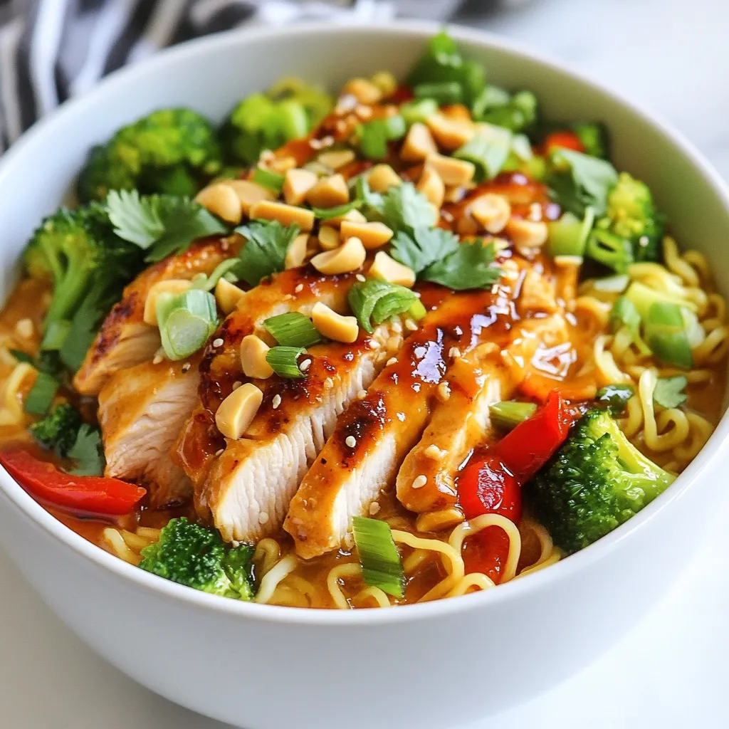 - 2 chicken breasts, thinly sliced - 2 packs of ramen noodles (discard seasoning packets) - 1 ½ cups chicken broth - ½ cup creamy peanut butter I start with chicken breasts for protein. Thinly slicing them helps them cook fast. Ramen noodles are quick and easy, giving a nice bite. Chicken broth adds depth. Creamy peanut butter makes the dish rich and flavorful. - 2 tablespoons soy sauce - 1 tablespoon sesame oil - 2 tablespoons sriracha (adjust to taste) - 1 tablespoon honey Soy sauce brings umami. I love sesame oil for its nutty taste. Sriracha adds heat. You can adjust this to your liking. Honey balances the spice, making it sweet and savory. - 1 cup fresh broccoli florets - ½ red bell pepper, thinly sliced - ¼ cup chopped green onions (for garnish) - Crushed peanuts (for garnish) - Fresh cilantro leaves (for garnish) Fresh broccoli and red bell pepper add color and crunch. Green onions give a fresh finish. Crushed peanuts add texture. Cilantro offers a burst of freshness. Together, they make this ramen a feast for the eyes and the taste buds. {{ingredient_image_2}} - Marinating the Chicken Start by slicing the chicken breasts thinly. In a bowl, mix soy sauce, sesame oil, minced ginger, and minced garlic. Toss the chicken in this mixture. Let it marinate for at least 15 minutes. This step boosts flavor. - Cooking the Chicken Heat a large skillet over medium heat. Add the marinated chicken. Cook for 5 to 7 minutes until golden brown and fully cooked. Stir occasionally. This gives the chicken a nice color and flavor. - Combining Ingredients In a large pot, bring chicken broth to a gentle simmer. Add creamy peanut butter, sriracha, and honey. Whisk together until smooth. This forms the rich and creamy sauce. - Simmering the Sauce Remove the pot from heat after mixing. Let the sauce sit for a moment. This helps the flavors meld together. - Boiling Ramen Noodles In a separate pot, boil water. Add the ramen noodles and cook for about 4 to 5 minutes. Drain the noodles. Make sure they are al dente for the best texture. - Stir-Frying Broccoli and Red Bell Pepper In the same skillet used for chicken, add fresh broccoli florets and sliced red bell pepper. Stir-fry for 3 to 4 minutes. You want the veggies tender yet crisp. - Mixing with Peanut Sauce Pour the peanut sauce into the skillet with chicken and veggies. Mix well to coat everything in the sauce. Let it simmer for 2 minutes to blend flavors. - Adding Noodles Gently add the cooked ramen noodles to the skillet. Toss everything together until the noodles are heated through. This creates a delicious and cohesive dish. - Serving in Bowls Spoon the spicy peanut chicken ramen into bowls. This makes it easy to enjoy. - Garnishing Top each bowl with chopped green onions, crushed peanuts, and fresh cilantro leaves. These add flavor and a pop of color to your dish. - Adjusting Spice Level: To make your sauce spicier, add more sriracha. If you prefer it milder, cut back on the sriracha. You can also mix in a pinch of cayenne pepper for extra heat or a dash of sugar to balance it out. - Achieving Creamy Consistency: For a smooth sauce, whisk the peanut butter into the warm chicken broth. This helps it melt evenly. If the sauce is too thick, add a splash of chicken broth until you reach your desired texture. - Ensuring Moist Chicken: Marinate your chicken for at least 15 minutes. This adds flavor and keeps it juicy. Use medium heat when cooking to avoid drying it out. - Achieving Golden Color: Cook the chicken until it turns golden brown. This usually takes about 5-7 minutes. Avoid stirring too much, as this can stop it from browning evenly. - Avoiding Overcooking: Boil the ramen noodles for just 4-5 minutes. They should be al dente, meaning they still have a little bite. Drain them right away to prevent them from getting mushy. - Alternative Noodle Options: If you can't find ramen, use soba noodles or rice noodles. Both work well and add a unique twist to your dish. Just adjust cooking times as needed. Pro Tips Marination Magic: Allowing the chicken to marinate for at least 30 minutes will enhance the flavors; consider marinating overnight for an even deeper taste. Adjust the Heat: If you prefer a milder dish, reduce the sriracha or substitute with a less spicy sauce. You can always add more at the end if desired. Fresh Veggies: Feel free to swap in other vegetables like snap peas or carrots for added color and nutrition. Just ensure they are cut to similar sizes for even cooking. Serving Suggestion: Serve with lime wedges on the side; a squeeze of fresh lime juice brightens the dish and adds a zesty kick. {{image_4}} You can change the protein in this dish to fit your taste. - Tofu or Tempeh Substitutes: Use firm tofu or tempeh for a plant-based option. Cut either into cubes and cook them just like chicken. Both absorb flavor well. - Shrimp Option: Shrimp cooks quickly and adds a nice twist. Sauté shrimp until pink, then add them to the sauce. Switching up the veggies can give the dish new life. - Adding Carrots or Snap Peas: Carrots add sweetness. Slice them thin and toss them in with the chicken. Snap peas give a nice crunch. Add them in the last few minutes of cooking. - Kale or Spinach Alternatives: Both greens are great in this ramen. Chop kale or spinach and stir them in towards the end. They wilt nicely and add nutrients. Adjust the heat level to your liking. - Incorporating Red Pepper Flakes: If you want more heat, sprinkle in red pepper flakes while cooking. Start slow and taste as you go. - Adjusting Sriracha Amount: Sriracha is key for spice. Use less if you prefer a milder flavor, or add more for a fiery kick. - Store your spicy peanut chicken ramen in an airtight container. - Let it cool down to room temperature first. - It stays fresh for up to 3 days in the fridge. - Always check for any off smells before eating. - Divide the ramen into single portions. - Use freezer-safe containers or bags for storage. - It can last up to 2 months in the freezer. - Label the containers with the date for easy tracking. - For stovetop, add a splash of water to a pan. - Heat over medium heat until warmed through. - For the microwave, heat in 30-second bursts. - Stir between intervals for even heating. - Avoid overheating, as this can make the noodles mushy. You can use several alternatives to ramen noodles. Options include rice noodles, soba noodles, or even zucchini noodles for a lower-carb choice. Each option brings its own texture and flavor. Just ensure you adjust cooking times as needed. I love how rice noodles soak up the peanut sauce! To make Spicy Peanut Chicken Ramen vegan, swap chicken for tofu or tempeh. Use vegetable broth instead of chicken broth. Replace honey with maple syrup for sweetness. These changes keep the dish delicious while meeting vegan needs. Yes, you can make the peanut sauce ahead of time! Store it in an airtight container in the fridge for up to one week. Just give it a good stir before using it in your ramen. This saves time and lets the flavors meld together nicely. Pair your ramen with a simple side salad or steamed edamame. A light cucumber salad also works well to balance the dish's richness. These sides add freshness and crunch to your meal. Store leftovers in an airtight container in the fridge for up to three days. For longer storage, freeze the ramen without the vegetables. Reheat on the stove for the best texture. Keep in mind that noodles can become soft when reheated. This blog post guides you through making a tasty Spicy Peanut Chicken Ramen. We covered key ingredients, detailed cooking steps, and various tips to enhance your dish. You learned how to make a rich peanut sauce, cook the chicken perfectly, and choose the best vegetables. With storage info and FAQs, you'll feel ready to impress everyone. Cooking should be fun and rewarding. Enjoy experimenting with flavors and make it your own!
