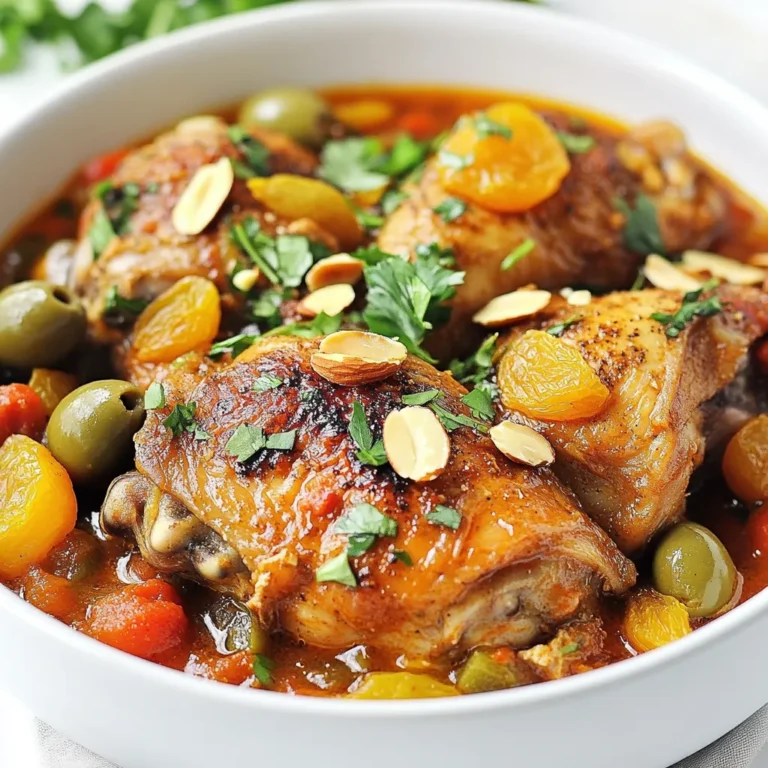 For this dish, you need the following main ingredients: - 4 chicken thighs, bone-in and skin-on - 2 tablespoons olive oil - 1 large onion, finely chopped - 3 cloves garlic, minced - 1 can (14 oz) diced tomatoes, with juices - 1 cup chicken broth - 1 cup dried apricots, chopped into bite-sized pieces - 1/2 cup almonds, toasted and roughly chopped - 1 cup green olives, pitted and halved - Salt and pepper to taste These ingredients bring rich flavors to the dish. The chicken provides protein and a savory taste. The dried apricots add sweetness. The olives give a salty bite that balances the meal. Spices make Moroccan Chicken Tagine special. Here are the spices you need: - 1 teaspoon ground cumin - 1 teaspoon ground ginger - 1 teaspoon ground cinnamon - 1 teaspoon smoked paprika - 1/2 teaspoon cayenne pepper (adjust to desired spiciness) This mix creates warmth and depth. Cumin and ginger give a warm flavor. Cinnamon adds a hint of sweetness. Smoked paprika adds earthiness, and cayenne gives it a kick. You can adjust the cayenne for more or less heat. Garnishes enhance the dish's look and taste. Here are some options: - Fresh cilantro or parsley, chopped - Lemon wedges Cilantro or parsley adds freshness. A squeeze of lemon brightens the flavors and offers a lively contrast to the rich sauce. Serve the tagine with couscous or crusty bread to soak up all that delicious sauce! {{ingredient_image_2}} Start by gathering all your ingredients. You will need: - 4 chicken thighs, bone-in and skin-on - 2 tablespoons olive oil - 1 large onion, finely chopped - 3 cloves garlic, minced - 1 teaspoon ground cumin - 1 teaspoon ground ginger - 1 teaspoon ground cinnamon - 1 teaspoon smoked paprika - 1/2 teaspoon cayenne pepper - 1 can (14 oz) diced tomatoes, with juices - 1 cup chicken broth - 1 cup dried apricots, chopped - 1/2 cup almonds, toasted and roughly chopped - 1 cup green olives, pitted and halved - Salt and pepper to taste - Fresh cilantro or parsley, chopped Next, heat the olive oil in a tagine or a heavy pot. Use medium-high heat until the oil shimmers. While the oil heats, season the chicken thighs with salt and pepper. This step adds great flavor to the meat. Once the oil is hot, add the chicken thighs. Brown them for about 5 to 7 minutes. The chicken should get a nice color. After browning, set the chicken aside on a plate. Now, it's time to add the onion to the pot. Cook the onions for about 5 minutes until they turn translucent. Add the minced garlic and cook for another minute. This will make your kitchen smell amazing! Next, add the spices: ground cumin, ginger, cinnamon, smoked paprika, and cayenne pepper. Stir well for about 2 minutes. This step wakes up the spices and helps the flavors blend. Pour in the diced tomatoes with their juices and the chicken broth. Stir everything together and bring the mix to a gentle simmer. Carefully return the browned chicken to the pot and nestle it into the sauce. Add the chopped dried apricots and cover the pot with a lid. Lower the heat and let the tagine simmer for about 45 minutes. Turn the chicken halfway through cooking for even results. You want the chicken tender and cooked through. In the last 10 minutes of cooking, gently stir in the toasted almonds and halved green olives. This adds texture and depth to your dish. Once the timer goes off, remove the pot from heat. Garnish with chopped cilantro or parsley for a fresh touch. Serve the tagine hot over a bed of fluffy couscous or with crusty bread. This helps soak up the rich sauce. Enjoy every flavorful bite! To get tender chicken, start with bone-in thighs. The bones add flavor and moisture. Brown the chicken in hot oil for about 5-7 minutes. This step seals in the juices. Once browned, let the chicken simmer in the sauce. Simmering slowly helps break down tough fibers. This makes the chicken juicy and soft. Remember to turn the chicken halfway through cooking. This ensures even cooking and flavor. You can make this dish your own by adjusting spices. If you like it spicy, add more cayenne pepper. If you prefer milder flavors, reduce the amount. Taste the sauce before it finishes cooking. You can always add more spices if needed. For a sweet twist, add extra dried apricots or a touch of honey. This balances the spices well. Always season with salt and pepper to enhance the flavors. A tagine pot is great for making this dish. It helps keep moisture in. If you don’t have one, use a heavy-bottomed pot. A Dutch oven works well too. Just make sure it has a tight-fitting lid. For serving, traditional dishes add charm. If you want, use a simple bowl or plate. This dish pairs well with couscous or crusty bread. Pro Tips Marinating the Chicken: For even more flavor, marinate the chicken thighs in the spices, olive oil, and some lemon juice for a few hours or overnight before cooking. Adjusting Spice Levels: Taste the sauce before serving and adjust the cayenne pepper to your preferred spice level; you can always add more, but it's hard to take it out! Using Fresh Herbs: Feel free to experiment with fresh herbs such as mint or dill along with cilantro or parsley for added freshness and complexity in flavor. Serving Suggestions: This tagine pairs wonderfully with couscous or fluffy rice, but consider serving it with flatbreads to soak up the delicious sauce. {{image_4}} You can easily swap some ingredients in this Moroccan Chicken Tagine. Here are a few ideas: - Chicken thighs: Use chicken breasts or drumsticks. - Olive oil: Swap for avocado oil or coconut oil. - Dried apricots: Try raisins or prunes for a different sweetness. - Green olives: Use Kalamata olives for a bolder flavor. - Spices: Feel free to add turmeric or cardamom for extra depth. To make a veggie version of this dish, follow these steps: - Replace chicken with firm tofu or chickpeas. - Use vegetable broth instead of chicken broth. - Add seasonal veggies like carrots, zucchini, or bell peppers. - Keep the same spices for that classic Moroccan flavor. Moroccan cuisine has many regional styles. Here are a few ways to vary your tagine: - In the north, add preserved lemons for a tangy twist. - In the south, use more spices like saffron and harissa for heat. - Some regions include nuts like pistachios or walnuts for added crunch. - You may even find seafood variations along the coast, using fish or shrimp. These variations let you customize your Moroccan Chicken Tagine to your taste. Enjoy exploring the flavors! To store leftover Moroccan chicken tagine, let it cool first. Place it in an airtight container. Make sure the lid seals tightly to keep the flavors fresh. You can also use a glass jar if you prefer. When you are ready to eat the leftovers, reheat the tagine on the stove. Pour it into a pot over low heat. Stir it often to avoid burning. You can add a splash of chicken broth if it seems dry. Heat until it is warm all the way through. Leftover Moroccan chicken tagine can last in the fridge for up to four days. If you want to keep it longer, freeze it. In the freezer, it can last for about three months. Just remember to label it with the date before you freeze it. Moroccan Chicken Tagine has roots in North Africa. Tagines are named after the pot used to cook them. This dish blends spices and local ingredients. It reflects the rich culture and traditions of Morocco. Yes, you can use a slow cooker for Moroccan Chicken Tagine. Brown the chicken first for flavor. Then, add all other ingredients to the slow cooker. Set it on low for about 6 hours. Serve Moroccan Chicken Tagine with fluffy couscous or crusty bread. A side of fresh salad adds crunch. You can also pair it with roasted vegetables for more flavor. Moroccan Chicken Tagine lasts about 3 to 4 days in the fridge. Store it in an airtight container. Make sure to cool it before you put it away. Yes, you can use lamb, beef, or even fish for this tagine. Adjust the cooking time based on the meat. Each option offers a unique flavor twist to your dish. Moroccan Chicken Tagine is a tasty dish to make at home. We covered the key ingredients, such as spices and garnishes. The step-by-step guide helps you prepare and cook perfectly. Tips for tender chicken and flavor adjustments ensure great results every time. Variations let you customize the dish to your liking, whether vegetarian or using different meats. Remember to store leftovers properly for later enjoyment. With this knowledge, you can now create a delicious Moroccan Chicken Tagine anytime! Enjoy your cooking journey!