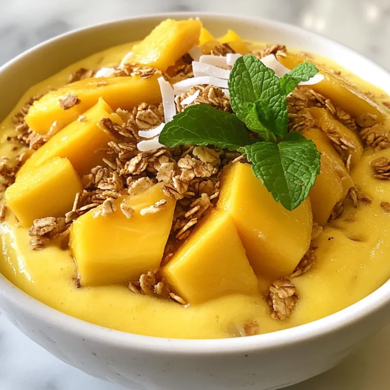 - 1 cup frozen mango chunks - 1 ripe banana, peeled - 1/2 cup coconut milk - 1/4 cup Greek yogurt - 1 tablespoon honey or maple syrup (optional) - 1/4 cup granola - 2 tablespoons shredded coconut - Fresh mango slices - Fresh mint leaves - Frozen mango chunks: They are rich in vitamins A and C. They help boost your immune system. - Ripe banana: Bananas provide potassium and fiber. They support heart health and digestion. - Coconut milk: This milk contains healthy fats. It helps keep your skin glowing and your energy up. - Greek yogurt: It adds protein and probiotics. This supports gut health and keeps you full longer. - Honey or maple syrup: These natural sweeteners can give you energy. They are better than refined sugar. - Granola: It adds crunch and fiber. This helps with digestion and keeps you satisfied. - Shredded coconut: This ingredient has healthy fats and adds flavor. It can help with heart health. - Fresh mango slices: They provide extra vitamins and a pop of color. They make the bowl more appealing. - Fresh mint leaves: Mint adds a refreshing taste. It can aid digestion and freshen your breath. - Add spinach or kale: These greens boost nutrients without changing the taste. - Try different fruits: Consider berries, pineapple, or kiwi for variety. - Use almond or oat milk: These can be great dairy-free options. - Mix in chia seeds or flaxseeds: These seeds add omega-3s and fiber. - Top with nuts or seeds: Almonds or sunflower seeds can increase crunch and nutrition. Feel free to get creative and make this bowl your own! {{ingredient_image_2}} To make the smoothie base, start by gathering your ingredients. You need: - 1 cup frozen mango chunks - 1 ripe banana, peeled - 1/2 cup coconut milk - 1/4 cup Greek yogurt - 1 tablespoon honey or maple syrup (optional) Next, place the frozen mango chunks, banana, coconut milk, and yogurt into your blender. This mix creates a creamy and fruity base. Blend on high speed until the mixture is smooth. If it seems too thick, add coconut milk. Do this gradually, adding one tablespoon at a time. Blend again after each addition. Once it’s smooth, taste the base. If you want it sweeter, add honey or maple syrup. Blend briefly to mix in the sweetener. You want a balance of creamy and sweet flavors. Pour your smoothie into a bowl. Use the back of a spoon to level the top. This makes it look nice. Now, for the fun part: garnishing! Add: - 1/4 cup granola - 2 tablespoons shredded coconut - Fresh mango slices - Fresh mint leaves Sprinkle the granola and shredded coconut on top. Arrange the mango slices and mint leaves for a beautiful look. Enjoy your smoothie bowl right away for the best taste! When choosing mangoes, look for ones that feel slightly soft. A ripe mango should have a sweet smell near the stem. The skin may show some wrinkles or slight give. Avoid mangoes that are very hard or have dark spots. If you get a green mango, let it ripen at room temperature for a few days. Once ripe, you can store it in the fridge to keep it fresh longer. For a creamy smoothie bowl, use full-fat coconut milk. It adds richness and depth to your dish. If you prefer a lighter texture, go for light coconut milk. The banana also brings creaminess, so pick a ripe one. If your mixture is too thick, add a bit more coconut milk. Blend until the mix is smooth and velvety. This will make your bowl more enjoyable to eat. Want to make your smoothie bowl even better? Try adding spinach or kale for extra nutrients. They mix well and add no strong taste. You can also toss in chia seeds or flaxseeds for fiber and protein. These small seeds help you feel full longer. For a bit of crunch, consider adding nuts or seeds on top. This not only boosts nutrition but also makes your bowl more exciting. Pro Tips Perfectly Ripe Bananas: Using a very ripe banana will enhance the natural sweetness and creaminess of your smoothie bowl. Frozen vs Fresh Mango: Frozen mango chunks provide a thick, creamy texture, but if you prefer fresh mango, simply add ice cubes for the desired chill. Customize Your Sweetness: Adjust the amount of honey or maple syrup according to your taste preference, or try adding a medjool date for a natural sweetener. Garnish Creatively: Get creative with your toppings! Add nuts, seeds, or other fruits to elevate your smoothie bowl's flavor and presentation. {{image_4}} You can easily make this coconut mango smoothie bowl dairy-free and vegan. Instead of Greek yogurt, use dairy-free yogurt made from coconut or almond. This keeps the creaminess while making it suitable for all diets. For sweetness, opt for maple syrup instead of honey. This swap keeps it plant-based and delicious. While mango and coconut create a great base, you can mix in other fruits. Berries like strawberries or blueberries add a nice tartness. Pineapple brings a tropical twist. You can also add spinach for a green boost. Just blend in a handful along with the mango for extra nutrients without changing the flavor much. Use seasonal fruits to keep your smoothie bowl fresh. In the summer, try peaches or nectarines for a juicy flavor. In the fall, add pumpkin puree for a warm taste. You can even swap coconut milk for almond milk in colder months for a lighter feel. Be creative and let the seasons inspire your choices! If you have extra smoothie left, store it in the fridge. Use an airtight container. The smoothie stays fresh for up to 24 hours. After that, it may lose its flavor and texture. You can stir it before enjoying it again. Freezing is a great way to save time. Pour the unused smoothie into ice cube trays. This method allows you to blend your smoothie later. Just add the cubes to a blender with a bit of coconut milk. This makes a quick and easy treat. Choose glass or BPA-free plastic containers for storage. These materials keep the smoothie fresh. They are safe and easy to clean. Make sure the container has a tight seal. This helps prevent air from getting in and keeps your smoothie tasting great. Yes, you can use fresh mango. Fresh mango gives a bright flavor. If you choose fresh, freeze it for a few hours. This helps make your smoothie cold and thick. You might need to add more ice if you skip the frozen fruit. You can swap Greek yogurt for dairy-free yogurt. Try coconut yogurt for a creamy taste. Silken tofu is another great option. If you want more protein, use plain yogurt. These options still keep the smoothie tasty and smooth. To lower the calories, skip the honey or maple syrup. The banana and mango add natural sweetness. You can also use light coconut milk instead of full-fat. For toppings, use less granola and coconut. Enjoy your smoothie bowl without losing flavor! This blog post covered how to make a great smoothie. We looked at the best ingredients and their health benefits. You learned tips for making the perfect blend and how to store leftovers. We explored fun variations, too, like dairy-free options and seasonal swaps. If you follow these steps and tips, you’ll enjoy a tasty and healthy drink. Now, it's time to get creative with your smoothies and have fun blending!