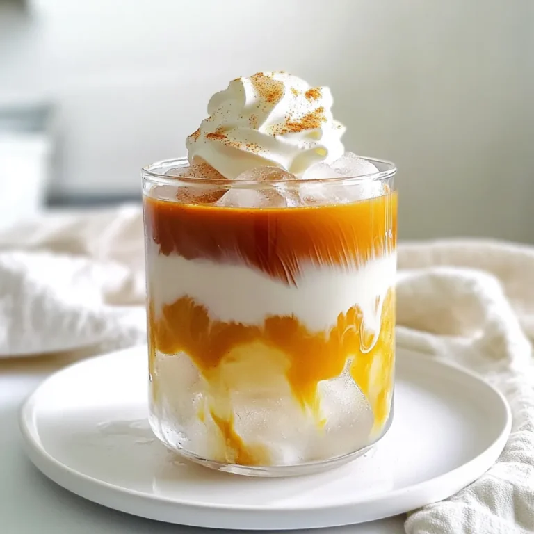 - 1 cup brewed coffee, cooled - 1 cup milk (or your favorite dairy alternative) - 2 tablespoons pumpkin puree - 1 tablespoon maple syrup (adjust to your taste) - 1 teaspoon pumpkin pie spice (plus more for garnish) - 1/2 teaspoon vanilla extract - Ice cubes - Whipped cream (optional, for topping) You can change ingredients to fit your needs. If you want a non-dairy drink, oat or almond milk works great. For a sugar-free option, use a sugar substitute in place of maple syrup. Instead of pumpkin pie spice, you can mix cinnamon and nutmeg for a similar flavor. If you don’t have pumpkin puree, you could use sweet potato puree instead. This drink is a tasty treat! Here is a rough breakdown of its nutrition per serving: - Calories: 250 (without whipped cream) - Protein: 8g - Carbohydrates: 32g - Fat: 10g - Fiber: 1g This drink offers a balance of flavors and nutrients, making it a fun choice for any time of day. Enjoy your delicious Pumpkin Spice Iced Latte! Start by gathering your ingredients. You will need brewed coffee, milk, pumpkin puree, maple syrup, pumpkin pie spice, vanilla extract, ice cubes, and optional whipped cream. 1. In a medium bowl or blender, mix pumpkin puree, maple syrup, pumpkin pie spice, and vanilla extract. Blend until smooth. This step makes your base creamy and flavorful. 2. Pour the cooled coffee into the pumpkin mix. Stir well to combine everything. Make sure there are no clumps left. Using a blender can help you achieve a smooth texture. If you don’t have one, use a whisk. Just mix vigorously to break down any lumps. Blend until your mixture feels light and fluffy. This is key for a great taste. Now it’s time to build your latte. Grab a tall glass and fill it halfway with ice cubes. Carefully pour your pumpkin coffee mix over the ice. Next, froth the milk. You can use a frother or whisk it in a separate container. Frothing adds air and makes your drink creamy. Once frothed, gently pour the milk over the coffee. Aim for a layered look, with the milk floating on top. For extra fun, add whipped cream on top. Sprinkle pumpkin pie spice for a finishing touch. Enjoy your drink! To craft the best iced latte, start with fresh coffee. Brew your coffee strong and let it cool. This step ensures your drink stays bold and flavorful. Blend the pumpkin puree, maple syrup, pumpkin pie spice, and vanilla extract until smooth. This mix adds creaminess and rich taste. Pour in your cooled coffee and stir well to combine. This helps avoid clumps. When serving, fill your glass halfway with ice. This keeps your drink chilled and refreshing. You can easily change the sweetness in your iced latte. If you like it sweeter, add more maple syrup. Start with one extra teaspoon, then taste it. You can also adjust the spice. If you love pumpkin pie spice, add a bit more. A quarter teaspoon can make a big difference. Always taste your drink as you go. This way, you can make it just how you like it. Presenting your iced latte well adds to the experience. Use a clear glass to show off the layers. The contrast of the creamy milk, rich coffee, and whipped cream looks great. For a fun touch, add a festive straw. Top with whipped cream and a sprinkle of pumpkin pie spice. This final touch makes it feel special. Enjoy your drink and share it on social media. Friends will love to see your creation! {{image_4}} To make a vegan version, swap the milk for a plant-based option. Almond, oat, or coconut milk work well. Use maple syrup as a sweetener. This keeps the drink creamy and delicious. You still get that rich pumpkin flavor. For an extra kick, add a pinch of nutmeg. This adds warmth and depth. If you want a lower-calorie drink, use fat-free milk or a low-calorie milk substitute. You can also cut down on the maple syrup. Try using a sugar substitute like stevia. This will keep your drink sweet without the extra calories. Remember, every little bit helps when counting calories! Feel free to get creative with flavors. Instead of pumpkin puree, use butternut squash puree for a twist. You can also add a splash of chocolate syrup for a mocha vibe. For a minty taste, add a few drops of mint extract. These options keep your drink exciting and unique! If you have leftover iced latte, store it in the fridge. Use an airtight container to keep it fresh. Drink it within one to two days. The flavors are best when fresh. If you notice any separation, just stir it well before drinking. Store your pumpkin puree in the fridge after opening. Use a clean, airtight container. This keeps it fresh for up to a week. If you have extra, freeze it in small portions. This way, you can use it later in other recipes, like soups or pies. Keep your coffee in a cool, dark place. This helps it stay fresh longer. For milk, follow the expiration date on the carton. Always check for any off smells before using. Unsweetened pumpkin puree is versatile. You can use it in many recipes. Try adding it to smoothies for a creamy texture. It also works well in pancakes or muffins. Another fun idea is to mix it into yogurt. This gives you a tasty snack. You can even use it in oatmeal for a fall twist. The possibilities are endless! You can make this drink your own in many ways. Here are some ideas: - Sweetness: Change the maple syrup amount to match your taste. - Milk: Use almond, oat, or soy milk for a different flavor. - Spices: Add cinnamon or nutmeg for extra spice. - Toppings: Try caramel drizzle or chocolate shavings for fun twists. These simple swaps let you create a latte that suits your mood. Most grocery stores carry pumpkin spice ingredients. Look for: - Pumpkin puree in canned goods. - Maple syrup in the baking aisle. - Pumpkin pie spice near spices or baking supplies. You can also find these items online. Check retailers like Amazon for easy delivery. Pumpkin is more than tasty; it has health perks! Here are some benefits: - Vitamins: Pumpkin is rich in vitamins A and C, good for skin and eyes. - Fiber: It helps with digestion and keeps you full longer. - Low calories: It adds flavor without many calories, perfect for a treat. Including pumpkin in your iced latte makes for a smart choice. You learned how to create the perfect Pumpkin Spice Iced Latte. We covered the right ingredients, made substitutions, and went over nutritional facts. You also got step-by-step prep and blending techniques. Tips to adjust sweetness and strong flavors helped too. Plus, I shared variations, storage tips, and answers to common questions. Now you can craft your own delightful lattes with ease. Enjoy the flavors, get creative, and share your wins!