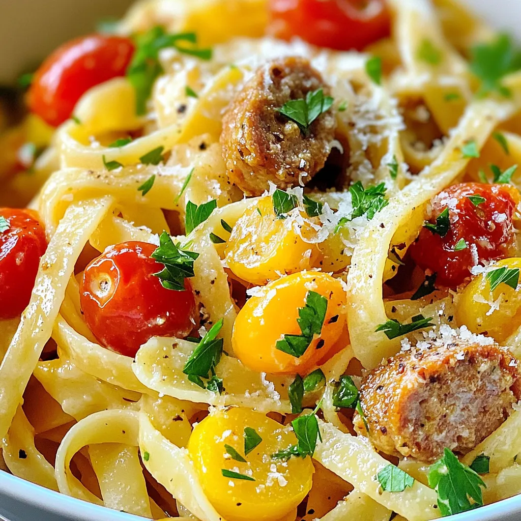 - 8 ounces fettuccine pasta - 1 tablespoon olive oil - 1 pound turkey sausage, sliced - 1 small onion, diced - 2 cloves garlic, minced - 1 red bell pepper, chopped - 1 green bell pepper, chopped - 1 cup heavy cream - 1 cup chicken broth - 2 teaspoons Cajun seasoning - Salt and freshly cracked pepper to taste - 1 cup cherry tomatoes, halved - ¼ cup grated Parmesan cheese - 2 tablespoons fresh parsley, chopped (for garnish) - Pasta: Use 8 ounces for four servings. - Oil: One tablespoon helps cook the sausage well. - Sausage: One pound gives great flavor and protein. - Onion: A small onion adds sweetness. - Garlic: Two cloves boost flavor with a nice aroma. - Peppers: One red and one green add color and crunch. - Cream: One cup makes the sauce rich and creamy. - Broth: One cup adds depth to the sauce. - Seasoning: Two teaspoons of Cajun seasoning bring the heat. - Salt and Pepper: Use to taste for balance. - Tomatoes: One cup of halved cherry tomatoes adds freshness. - Cheese: A quarter cup of Parmesan enhances creaminess. - Parsley: Two tablespoons of fresh parsley brightens the dish. - Fettuccine: You can use penne or rotini instead. - Turkey Sausage: Swap with chicken or pork sausage for variety. - Heavy Cream: Half-and-half works if you want a lighter sauce. - Chicken Broth: Vegetable broth is a great veggie option. - Cajun Seasoning: Make your own with paprika, cayenne, and garlic powder. - Parmesan Cheese: Try pecorino or nutritional yeast for a dairy-free option. - Fresh Parsley: Basil or cilantro can also work as a garnish. This list makes it easy to gather what you need. Feel free to mix and match as you like! {{ingredient_image_2}} Start by boiling water in a large pot. Add a pinch of salt to the water. Once it boils, add 8 ounces of fettuccine. Cook it for 8 to 10 minutes until it's al dente. Drain the pasta well and set it aside for later. In a big skillet, pour in 1 tablespoon of olive oil. Heat it on medium. Add 1 pound of sliced turkey sausage. Cook the sausage for 5 to 7 minutes. Stir it often until it is brown and warm. Once done, take it out with a slotted spoon. Place it on a plate to cool. Keep the skillet on the heat. Add 1 small diced onion. Sauté it for 3 to 4 minutes until soft. Next, add 2 minced cloves of garlic, along with 1 chopped red bell pepper and 1 chopped green bell pepper. Cook for another 5 minutes until the peppers are soft and bright. Pour in 1 cup of heavy cream and 1 cup of chicken broth. Stir well to mix with the veggies. Add 2 teaspoons of Cajun seasoning and a pinch of salt and pepper. Bring this mix to a gentle simmer. Let it cook for about 5 minutes until it thickens a bit. Return the browned turkey sausage to the skillet. Then, add 1 cup of halved cherry tomatoes. Stir gently, cooking for another 2 to 3 minutes. This warms the tomatoes and makes them soft. Add the drained fettuccine to the skillet. Toss everything together until the pasta is well coated. Let it sit on low heat for 1 more minute to blend the flavors. Finally, stir in ¼ cup of grated Parmesan cheese until it melts into the sauce. Remove the skillet from heat and sprinkle with 2 tablespoons of chopped fresh parsley. Serve hot and enjoy! To boost flavor in your creamy Cajun turkey sausage pasta, try these tips: - Use fresh ingredients: Fresh garlic and vegetables taste better. - Add spices: Extra Cajun seasoning gives more heat and flavor. - Finish with cheese: Freshly grated Parmesan adds depth. - Incorporate herbs: Fresh parsley or basil brightens the dish. Mixing these elements will make your dish pop! A few common mistakes can ruin this dish: - Overcooking the pasta: Follow the package instructions closely. Al dente pasta adds texture. - Browning the sausage too much: Aim for golden, not burnt. This keeps it juicy. - Not simmering the sauce enough: Let it thicken to coat the pasta well. - Adding too much salt: Remember the sausage and broth are salty. Taste before seasoning. Avoid these pitfalls to keep your dish flavorful and enjoyable. Making a creamy sauce can be tricky. Here are my best tips: - Use full-fat cream: Heavy cream gives the best texture and richness. - Stir constantly: This prevents burning and ensures a smooth sauce. - Simmer gently: Low heat helps the sauce thicken without curdling. - Add cheese at the end: This allows it to melt smoothly into the sauce. Following these tips will help you create a creamy, delicious pasta dish every time. Pro Tips Use Fresh Ingredients: Fresh vegetables and herbs enhance the flavor of your dish, making it more vibrant and delicious. Adjust Cajun Seasoning: Feel free to adjust the amount of Cajun seasoning to suit your spice tolerance; you can always add more but can't take it away! Save Pasta Water: Reserve a cup of pasta cooking water before draining. If the sauce is too thick, you can add some to achieve the desired consistency. Garnish with Fresh Herbs: Adding fresh parsley or basil as a garnish not only adds color but also a burst of freshness to the dish. {{image_4}} You can make a tasty vegetarian version of this dish. Swap turkey sausage for plant-based sausage. Use mushrooms to add a meaty texture. Bell peppers, onions, and garlic will still bring great flavor. Add spinach or kale for extra nutrients. Use vegetable broth instead of chicken broth for a rich base. If you like heat, spice it up! Add diced jalapeños or crushed red pepper. You can also use a spicier Cajun seasoning. For more flavor, try adding smoked paprika or cayenne pepper. This will give the dish a nice kick without losing its creamy goodness. To make this dish gluten-free, choose gluten-free pasta. Many brands offer great options that taste just as good. Make sure to check the sausage too; some may contain gluten. You can also use cauliflower rice for a low-carb choice. This keeps the dish light and flavorful. To store leftovers, let the pasta cool to room temperature. Then, transfer it to an airtight container. Make sure to seal it well. Place the container in the fridge. The pasta will stay fresh for about 3 to 4 days. When you are ready to eat, take the pasta out of the fridge. You can reheat it in a few ways. The best way is on the stove. Place it in a skillet over medium heat. Add a splash of chicken broth or cream to keep it moist. Stir often until it warms through. You can also use a microwave. Place the pasta in a microwave-safe bowl. Cover it with a damp paper towel to keep it from drying out. Heat it in short bursts, stirring in between. If you want to freeze the dish, start by letting it cool completely. Then, place the pasta in a freezer-safe container or bag. Remove as much air as possible before sealing. The pasta can be frozen for up to 3 months. When you are ready to enjoy it, thaw it overnight in the fridge. Reheat it as mentioned above for the best results. Yes, you can use other meats in this dish. Chicken or pork sausage works well. You can also use shrimp for a seafood twist. Just cook them until they are fully done. Make sure to adjust cooking times for different meats. This way, you can enjoy a variety of flavors. To make this dish healthier, consider these tips: - Use whole wheat pasta: It adds fiber and nutrients. - Reduce heavy cream: Substitute with Greek yogurt or low-fat milk for a lighter sauce. - Add more veggies: Spinach, zucchini, or mushrooms boost nutrition and flavor. - Choose lean sausage: Look for turkey sausage with lower fat content. These small changes can make a big difference in health without losing taste. This dish pairs well with several sides: - Garlic bread: It’s a classic choice to soak up the creamy sauce. - Simple salad: A mixed greens salad with vinaigrette balances the richness. - Steamed vegetables: Broccoli or green beans add color and nutrition. - Fresh fruit: A light fruit salad offers a sweet contrast. These sides enhance your meal and create a well-rounded dinner experience. This blog post covered all you need to make creamy Cajun turkey sausage pasta. We listed ingredients, gave measurements, and shared substitutions. I shared simple steps to cook the dish, from pasta to sauce. You learned tips to boost flavor and avoid mistakes. Remember, you can tweak this dish to fit your taste. Whether you want it spicy, vegetarian, or gluten-free, options are plenty. Store your leftovers well for a quick meal later. Enjoy your cooking and make this dish a family favorite!