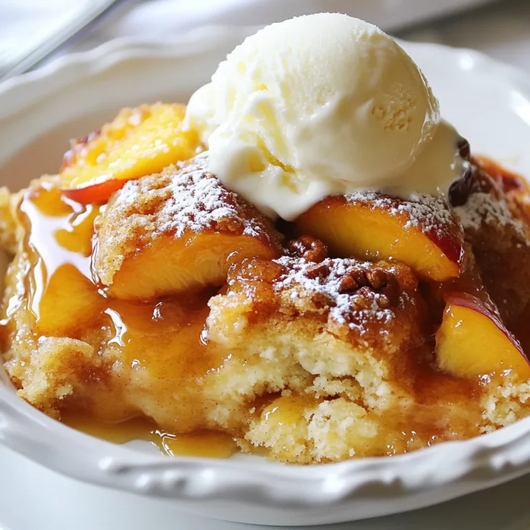 To make a delicious Peach Cobbler Dump Cake, you will need the following ingredients: - 1 can (29 oz) sliced peaches in syrup, undrained - 1 box (15.25 oz) dry yellow cake mix - 1/2 cup unsalted butter, melted - 1 cup packed brown sugar - 1 teaspoon ground cinnamon - 1/2 teaspoon ground nutmeg These ingredients create a rich and sweet dessert that combines the flavors of peaches and cake in every bite. For those who want to enhance the flavor, consider adding: - 1/2 cup chopped pecans or walnuts - Whipped cream or vanilla ice cream for serving The nuts add crunch, while the ice cream or whipped cream adds creaminess. Each option makes your dessert more special. You may need to adjust ingredients for different dietary needs. Here are some substitutions: - Use gluten-free cake mix for a gluten-free version. - Replace brown sugar with coconut sugar for a lower glycemic option. - Use dairy-free butter for a dairy-free version. These swaps ensure everyone can enjoy this tasty treat, no matter their dietary restrictions. {{ingredient_image_2}} First, set your oven to 350°F (175°C). This step is key. A hot oven helps the cake rise and bake evenly. Wait until the oven reaches the right heat before you start baking. Grab a 9x13-inch baking dish. Pour in one can of sliced peaches. Keep the syrup; it adds flavor. Spread the peaches out evenly. This way, every bite gets that juicy peach goodness. In a medium bowl, mix together the brown sugar, ground cinnamon, and nutmeg. Stir these well until blended. Now, sprinkle this mixture over the peaches. This adds a warm, sweet layer. Next, pour the dry yellow cake mix over the peach layer. Make sure to spread it evenly. Do not stir! This keeps the texture nice and fluffy. Finally, drizzle melted butter over the cake mix. Cover every bit. If you like nuts, now’s the time to sprinkle them on top. Place the dish in your preheated oven. Bake for 45-50 minutes. Check it often. You want the top to turn golden brown. When done, take it out and let it cool for 10-15 minutes. This helps the flavors settle before you serve it. When making Peach Cobbler Dump Cake, it’s key to mix your spices well. Combine the brown sugar, cinnamon, and nutmeg in a bowl. Mix until there are no lumps. This will ensure an even flavor in every bite. Next, when adding the cake mix, do not stir it in! Just pour it evenly on top. This creates a nice texture that everyone loves. To get that perfect texture, drizzle the melted butter over the cake mix. Make sure to cover all parts. This helps the cake bake evenly and get that golden brown color. If you add nuts, sprinkle them on top. They will add a lovely crunch and a nice contrast to the soft cake. Bake until the top is bubbly and golden. When it’s time to serve, make it special! Dish out warm slices into bowls. Top each slice with a scoop of vanilla ice cream or a dollop of whipped cream. A sprinkle of cinnamon on top makes it look fancy. This simple touch can wow your guests and make the dish feel extra special. Enjoy every bite! Pro Tips Use Fresh Peaches: If peaches are in season, consider using fresh ones instead of canned for a more vibrant flavor and texture. Customize the Toppings: Feel free to experiment with different nuts like almonds or even chocolate chips for a unique twist on the classic dump cake. Serve Warm: This cake is best enjoyed warm, right out of the oven, especially when paired with ice cream or whipped cream. Make Ahead: You can prepare the layers ahead of time and store them separately in the fridge. Just assemble and bake when you're ready to serve. {{image_4}} You can switch up the fruit in this dump cake. Try using other fruits like cherries, blueberries, or apples. Each fruit adds its unique flavor. For cherries, use a can of sliced cherries in syrup. For blueberries, fresh or frozen berries work great. Apples can be sliced thin and mixed with a little cinnamon. Each fruit gives a new twist to the classic dump cake. Making this cake gluten-free is simple. Just use a gluten-free cake mix instead of the regular one. You can find these at most grocery stores. For a vegan option, swap the butter for coconut oil or vegan butter. Make sure your cake mix is vegan too. These changes let everyone enjoy this treat, no matter their diet. You can make this dump cake special by using seasonal ingredients. In the summer, try fresh peaches or berries. In the fall, add chopped apples or pears with warm spices like nutmeg. Winter calls for citrus, so consider using oranges or grapefruits. Each season brings new flavors that can make your cake unique and fresh. To store leftover dump cake, let it cool completely first. Then, cover it tightly with plastic wrap or aluminum foil. You can also place it in an airtight container. This helps keep it fresh and moist. Store the cake in the refrigerator. Leftover peach cobbler dump cake lasts about 3 to 5 days in the refrigerator. Make sure to check for any signs of spoilage before eating. If you see mold or an off smell, it’s best to toss it. You can freeze peach cobbler dump cake for up to 3 months. First, let the cake cool completely. Slice it into portions for easy serving. Wrap each piece in plastic wrap, then place them in a freezer bag. Be sure to label the bag with the date. When you’re ready to enjoy it, thaw it in the fridge overnight. You can reheat it in the oven or microwave for a warm treat. Yes, you can use fresh peaches. Start by peeling and slicing about 4-5 ripe peaches. You will need around 4 cups of fresh peaches. Make sure to add some sugar to the fresh peaches. This helps bring out their natural sweetness. If you want a syrupy texture, add a bit of water or juice. Fresh peaches give a great taste but may need more time to bake. To cut the sweetness, reduce the brown sugar. Use about half a cup instead of a full cup. You can also skip the added sugar on the fresh peaches if you use them. Use a sugar substitute like stevia for an easy switch. Another tip is to add more spices, like cinnamon and nutmeg, which can enhance flavor without adding more sugar. This dump cake tastes amazing with whipped cream or vanilla ice cream. You could also serve it with yogurt for a tangy touch. A scoop of ice cream melts into the warm cake, creating a creamy treat. For a fun twist, try adding a sprinkle of nuts on top for extra crunch. Peach cobbler dump cake is a simple, tasty dessert you can enjoy. You need basic ingredients like peaches, cake mix, and butter. I showed you tips for mixing well and achieving a great texture. You can even try different fruits or make it gluten-free and vegan. Store your leftovers properly to keep them fresh longer. With these tips and tricks, you can create a delicious treat every time. Enjoy your baking!