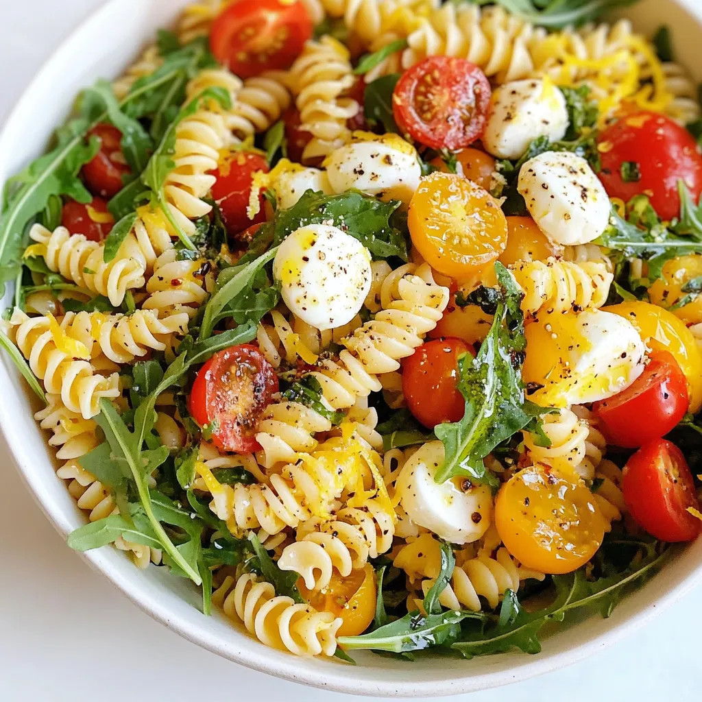 When making Caprese pasta salad, choosing the right ingredients is key. Here’s what you need: - Small pasta options - Use 2 cups of small pasta, like fusilli or penne. These shapes hold dressing well. - Types of tomatoes to use - Choose 1 cup of cherry tomatoes. Halve them for a sweet burst of flavor. You can also use grape tomatoes if you prefer. - Selecting the best mozzarella - Use 1 cup of mozzarella balls, called bocconcini. Halve them for easy mixing. Look for fresh mozzarella for the best taste. It should be soft and creamy. These ingredients blend together to create a fresh and flavorful dish. Each one plays a role in the overall taste. Don’t skip on quality; it makes a big difference! Enjoy the vibrant colors and fresh flavors in this pasta salad. {{ingredient_image_2}} To start, bring a large pot of salted water to a boil. This step is crucial for flavor. Add 2 cups of small pasta like fusilli or penne. Cook it until al dente, usually about 8-10 minutes. Test it by tasting a piece. You want it firm but tender. Once done, drain the pasta in a colander. Rinse it under cold running water. This stops the cooking and cools the pasta quickly. Set it aside to cool completely. In a large mixing bowl, add the fresh ingredients. Use 1 cup of halved cherry tomatoes, 1 cup of halved mozzarella balls, and 1 cup of torn basil leaves. Also, add ½ cup of peppery arugula for a nice kick. Stir gently to mix. This helps ensure every bite is packed with flavor. Make sure all the ingredients are evenly distributed throughout the bowl. In a small bowl, whisk together the dressing. Combine ¼ cup of extra virgin olive oil with 2 tablespoons of balsamic glaze. Add 1 clove of finely minced garlic and the zest of 1 lemon. Season with sea salt and freshly ground black pepper. Whisk until smooth. Taste the dressing and adjust the seasoning if needed. You want a bright flavor that complements the salad well. Now it’s time to mix everything together. Add the cooled pasta to the bowl with the salad base. Drizzle the dressing over the pasta. Using a large spoon, gently toss the pasta salad. Make sure everything is coated evenly with the dressing. This step is key for flavor. Let the salad rest at room temperature for about 10-15 minutes. This resting time allows the flavors to meld together and enhance the dish. To make the best Caprese pasta salad, you need fresh ingredients. - How to choose ripe tomatoes: Look for firm tomatoes with bright colors. They should feel slightly soft when you press gently. Smell them too; ripe tomatoes have a sweet, fragrant aroma. Cherry tomatoes are great for this dish. - Tips for fresh basil and arugula: Choose basil leaves that are vibrant green and unblemished. Avoid yellow or wilted leaves. For arugula, pick leaves that are crisp and fresh. Both herbs add a nice peppery flavor to your salad. Proper storage keeps your salad fresh. - Best practices for storing leftovers: Store any leftover pasta salad in an airtight container in the fridge. This helps maintain its flavors and texture for up to two days. - Reheating vs. serving cold: I recommend serving Caprese pasta salad cold. If you heat it, the mozzarella may melt. This can change the taste and texture of the dish. You can elevate your salad with a few simple tricks. - Using additional herbs or spices: Add a pinch of oregano or thyme for extra depth. These herbs complement the fresh basil and enhance the overall flavor. - Balancing acidity and richness: The dressing already has balsamic glaze, but you can squeeze in some lemon juice. This adds brightness and balances the richness from the olive oil and cheese. These tips and tricks can help you make a fresh and flavorful Caprese pasta salad every time. Pro Tips Choose the Right Pasta: Opt for small pasta shapes like fusilli or penne that hold the dressing and other ingredients well, ensuring every bite is flavorful. Freshness is Key: For the best flavor, use the freshest mozzarella and basil you can find. Fresh ingredients elevate the taste of the salad significantly. Dress Just Before Serving: To keep the pasta from getting mushy, dress the salad right before serving. This keeps the ingredients vibrant and fresh. Experiment with Add-ins: Feel free to add other ingredients like olives, roasted red peppers, or even grilled chicken for a heartier salad that suits your taste. {{image_4}} You can add protein to make your Caprese pasta salad heartier. Here are some great options: - Grilled chicken: This adds a nice smoky flavor. - Shrimp: Cooked shrimp gives a fresh twist. - Chickpeas: A perfect choice for vegetarians. - Tofu: For a plant-based protein that's filling. Vegetarians can enjoy chickpeas or tofu. Non-vegetarians can opt for chicken or shrimp. Each choice enhances the salad while keeping it fresh and light. While the classic dressing is tasty, you can switch it up. Here are some ideas: - Lemon vinaigrette: Bright and zesty, perfect for summer. - Pesto: Adds a rich, herby flavor. - Italian dressing: A quick option that mixes well. If you run out of balsamic glaze, try red wine vinegar. It adds a nice tang without losing flavor. You can change the ingredients based on the season. For summer, add: - Fresh corn: Sweet and crunchy for a summer vibe. - Zucchini: Light and tender, perfect for warm days. In winter, consider: - Roasted bell peppers: Adds warmth and sweetness. - Kale: A hearty green that holds up well. These seasonal swaps keep your Caprese pasta salad exciting all year long! To make your Caprese pasta salad shine, focus on the colors. Use a large, white bowl to show off the bright reds of the cherry tomatoes, creamy whites of the mozzarella, and vibrant greens of the basil and arugula. You can create layers by placing the pasta at the bottom and topping it with the fresh ingredients. This adds nice height and visual interest. For garnishes, fresh basil leaves work great. They add a pop of color and aroma. You can also drizzle a bit of balsamic glaze on top just before serving. This not only looks pretty but adds a touch of sweetness. Wine can enhance your meal. A light white wine, like Sauvignon Blanc, pairs well. Its crispness complements the salad's fresh flavors. If you prefer red, try a light Pinot Noir. It adds richness without overpowering the dish. Side dishes can elevate your meal. For a light touch, serve with a simple green salad. A classic Caesar salad also works well. You might enjoy crusty bread or garlic bread as a warm side. These options balance the meal and make it feel complete. You can make Caprese Pasta Salad ahead of time by preparing the pasta and veggies first. Cook the pasta and cool it. Mix the cherry tomatoes, mozzarella, basil, and arugula in a bowl. Keep the dressing separate until you are ready to serve. When it's time to eat, add the dressing and mix. This keeps everything fresh and tasty. Yes, you can. Feel free to choose any small pasta you like. Options such as rotini, farfalle, or even gluten-free pasta work well. Just make sure to cook it until al dente for the best texture. Caprese Pasta Salad lasts about three days in the fridge. Store it in an airtight container to keep it fresh. If you notice the veggies getting soggy, it’s best to eat it sooner. Caprese Pasta Salad can be gluten-free if you use gluten-free pasta. Many brands offer great options. Just check the package to ensure it fits your dietary needs. You can enjoy the same fresh flavors without the gluten! This blog post covered how to make a tasty Caprese pasta salad. We discussed essential ingredients like pasta, tomatoes, and mozzarella. You learned step-by-step cooking and preparation tips. Fresh ingredients and storage ideas help keep your salad flavorful. Variations let you tailor the dish to your taste. Remember, presentation matters for serving. Enjoy creating your version of this delicious salad. Happy cooking!