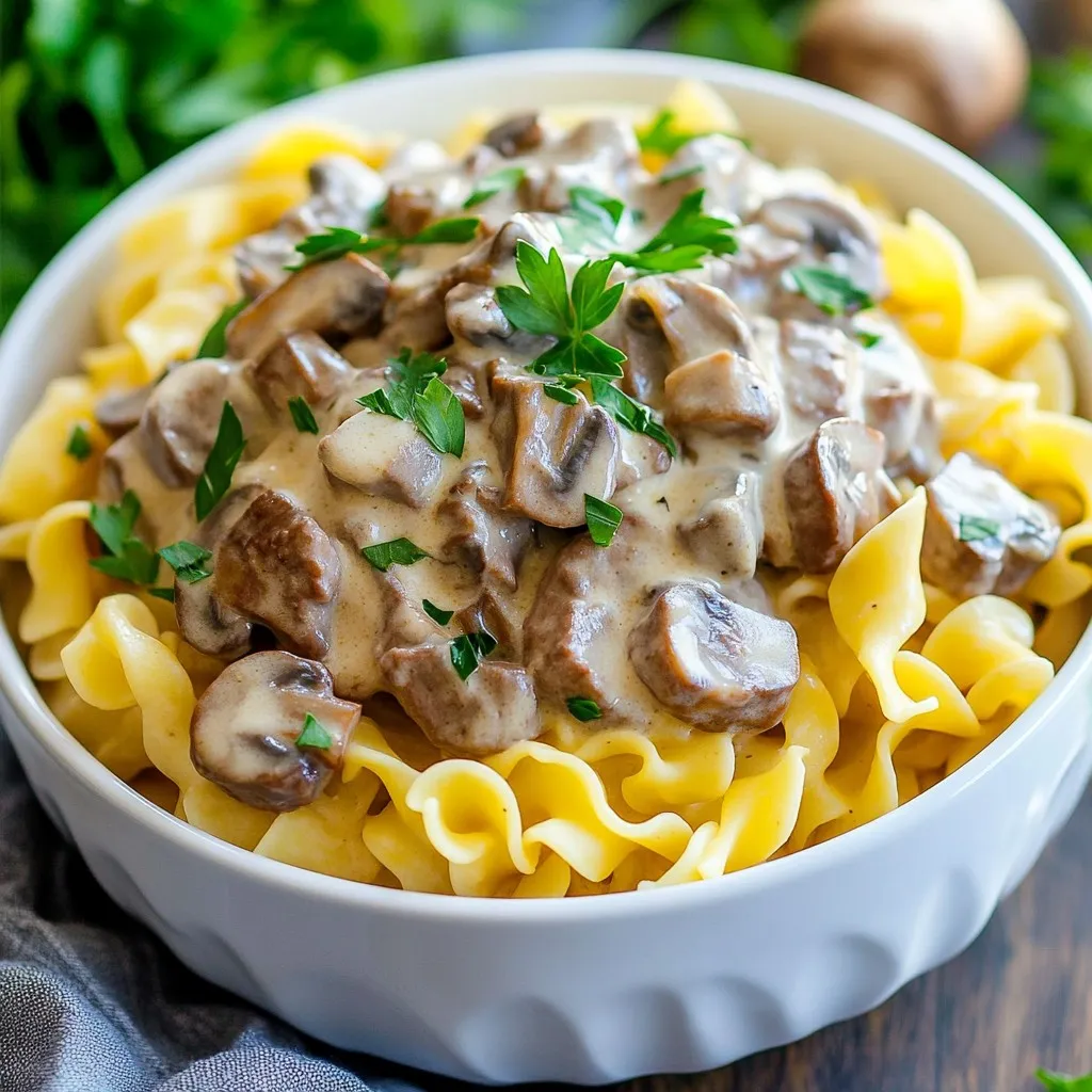 - 1 pound beef sirloin, thinly sliced - 1 tablespoon extra virgin olive oil - 1 medium onion, finely chopped - 2 cloves garlic, minced - 8 ounces mushrooms, sliced (button or cremini work well) - 4 cups low-sodium beef broth - 1 teaspoon Worcestershire sauce - 2 teaspoons Dijon mustard - 8 ounces egg noodles - 1 cup sour cream (preferably full-fat for creaminess) - Salt and freshly ground black pepper to taste - Fresh parsley, chopped (for garnish) Each ingredient in this dish plays a key role. The beef sirloin is the star, offering rich flavor and protein. The olive oil helps brown the beef, adding depth. Onions and garlic give a sweet and savory base to the sauce. Mushrooms add earthiness and texture. The beef broth forms the liquid base, while Worcestershire sauce and Dijon mustard enhance the flavor with tangy notes. Egg noodles soak up the sauce, bringing the dish together. Sour cream adds creaminess, making it rich and smooth. Finally, salt and pepper balance the flavors, and parsley adds a fresh touch. If you need gluten-free options, swap egg noodles for gluten-free pasta. You can also use a gluten-free beef broth. For a lighter version, use low-fat sour cream or Greek yogurt instead of full-fat sour cream. If you prefer a plant-based option, use mushrooms and lentils in place of beef. Swap the beef broth for vegetable broth. These substitutions keep the dish tasty and satisfying while meeting your dietary needs. {{ingredient_image_2}} Start by heating 1 tablespoon of olive oil in a large pot over medium-high heat. Once the oil is hot, add 1 pound of thinly sliced beef sirloin. Season the beef with salt and black pepper. Sauté the beef for about 3-4 minutes until it's browned on all sides. This step builds flavor. After browning, remove the beef from the pot and set it aside on a plate. Next, without wiping the pot, add 1 medium chopped onion and 2 minced garlic cloves. Sauté them for 2-3 minutes. Stir often until the onion is soft and turns translucent. This adds a great base flavor to your stroganoff. Be careful not to burn the garlic, as it can turn bitter. Now, it's time for the mushrooms. Add 8 ounces of sliced mushrooms to the pot. Stir them in and cook for about 5 minutes until they soften and release their juices. Then, pour in 4 cups of low-sodium beef broth. Add 1 teaspoon of Worcestershire sauce and 2 teaspoons of Dijon mustard. Mix everything well and bring it to a gentle boil. Once boiling, add 8 ounces of egg noodles. Ensure they are fully submerged. Cover the pot and reduce the heat. Let it simmer for 10-12 minutes, stirring occasionally. This will cook the noodles perfectly, soaking up all those rich flavors. To keep beef tender, slice it thinly against the grain. This helps break down the fibers. Don’t rush the browning step; let it cook well for flavor. Cook over medium-high heat for a nice sear. Avoid overcrowding the pot; give the beef space to brown. Use full-fat sour cream for the best creaminess. Stir it in at the end, when the heat is low. You can also add a splash of heavy cream if you want extra richness. Mixing in a bit of cream cheese can add a nice tang and texture, too. One common mistake is boiling the sour cream. It can curdle and ruin the dish. Another mistake is not seasoning enough. Don’t forget to taste and adjust the salt and pepper. Finally, be careful with the noodles. Stir them often to prevent sticking. Pro Tips Choose the Right Beef: Use tender cuts like sirloin or filet mignon for the best texture and flavor in your stroganoff. Don't Skip the Searing: Searing the beef properly adds depth to the dish. Make sure to let it brown well before removing it from the pot. Use Full-Fat Sour Cream: For a creamier and richer sauce, opt for full-fat sour cream instead of low-fat versions. Fresh Herbs for Garnish: A sprinkle of fresh parsley not only adds color but also enhances the overall flavor of the dish. {{image_4}} You can make this dish even better with more veggies. Adding peas, carrots, or bell peppers boosts flavor and nutrition. Adding these veggies is easy. Toss them in with the mushrooms. Cook them until tender. This gives your stroganoff a colorful look and a tasty crunch. If you prefer chicken or turkey, they work great too. Use thin cuts of chicken breast or turkey. Follow the same steps as with beef. Cook them until golden and then add your broth and noodles. The flavor changes slightly, but it remains creamy and delicious. For a vegetarian or vegan version, swap the beef for mushrooms or tofu. Use vegetable broth instead of beef broth. Replace sour cream with coconut cream or a vegan sour cream. The dish will still be creamy and rich. Your veggie stroganoff will impress everyone at the table. Store your leftover creamy beef stroganoff in an airtight container. Let it cool down first. Place it in the fridge if you plan to eat it within three days. If you hold onto it longer, freezing is best. When you reheat stroganoff, do it slowly. Use a pot on low heat. Stir often to keep it creamy. If it seems thick, add a little beef broth or water. This keeps the sauce smooth and tasty. To freeze stroganoff, divide it into portions. Use freezer-safe containers or bags. Label them with the date. It can be frozen for up to three months. When ready to eat, thaw it in the fridge overnight before reheating. Yes, you can make beef stroganoff ahead of time. Prepare the dish, then cool it down. Store it in an airtight container in the fridge for up to three days. When you’re ready to eat, reheat it on low heat. Stir it often to keep it creamy. Beef stroganoff pairs well with many sides. Here are some ideas: - Steamed green beans - Garlic bread - Mashed potatoes - A fresh green salad These sides add extra flavor and make your meal more filling. Yes! You can use various noodles for beef stroganoff. Egg noodles are classic, but here are some options: - Fettuccine - Penne - Gluten-free pasta Choose your favorite type. Just adjust the cooking time based on the noodle you pick. This blog post covered all you need to make a great beef stroganoff. We explored ingredients, how each one works, and substitutions for special diets. I provided clear steps for cooking and tips to make everything perfect. You learned about fun variations, storage, and answering common questions. With this knowledge, you can create a tasty dish that works for everyone. Enjoy cooking and sharing your new beef stroganoff!