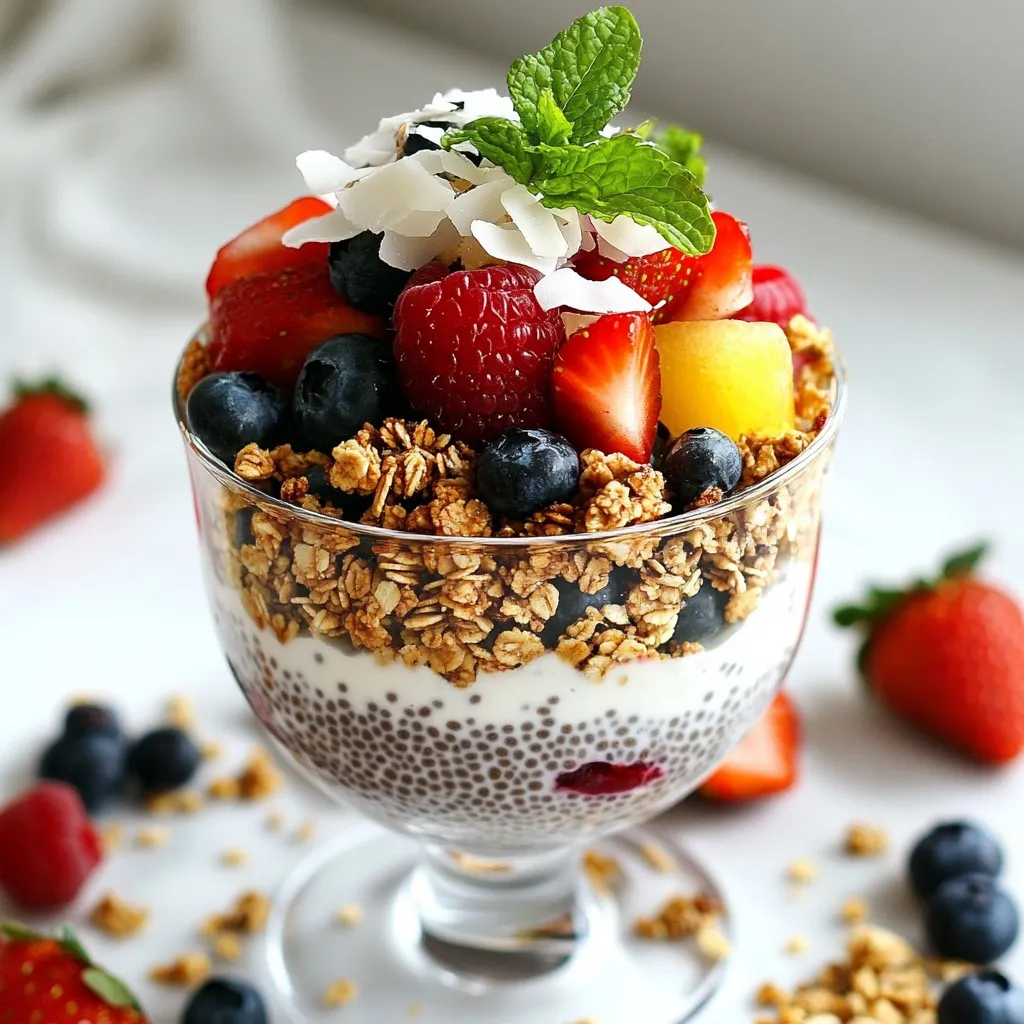 - 1 cup coconut milk - 1/4 cup chia seeds - 2 tablespoons maple syrup or honey - 1 teaspoon vanilla extract - 1 cup mixed berries - 1/2 cup granola - 1/4 cup unsweetened shredded coconut - Mint leaves for garnish Chia seeds are small but mighty! They are packed with fiber and protein. One ounce contains about 138 calories, 9 grams of fat, and 11 grams of fiber. Berries add vitamins and antioxidants, making this parfait a healthy choice. Strawberries, blueberries, and raspberries are low in calories but high in flavor. This parfait not only tastes great but also offers health benefits that keep you feeling good. Enjoy it any time of day! {{ingredient_image_2}} 1. Mixing coconut milk and chia seeds: In a medium bowl, combine 1 cup of coconut milk and 1/4 cup of chia seeds. Add 2 tablespoons of maple syrup and 1 teaspoon of vanilla extract. Whisk until well mixed. This step is key for flavor and texture. 2. Chilling time requirements: Cover the bowl and place it in the fridge. Chill for at least 4 hours, or overnight if you can wait. This helps the chia seeds absorb the liquid and turn into a thick pudding. 1. Layering chia pudding, berries, and granola: Grab clear glasses to show off those layers. Start with a layer of chia pudding at the bottom. Use a generous spoonful. 2. Tips for creating the perfect layers: Next, add a layer of mixed berries. Use a mix of strawberries, blueberries, and raspberries for color. Then sprinkle some granola on top for a crunchy bite. Repeat the layers until you reach the top of the glass. 1. Garnishing with shredded coconut and mint leaves: Finish with a layer of berries and a sprinkle of shredded coconut. For a pop of color, add a few fresh mint leaves on top. 2. Serving suggestions for the best presentation: Serve the parfaits in clear glasses to show off the beautiful layers. This makes for a stunning treat that tastes as good as it looks! To get smooth chia pudding, mix well. Start with coconut milk and chia seeds in a bowl. Use a whisk to blend them. This helps avoid clumps. Let it sit in the fridge for at least four hours. Leaving it overnight gives the best texture. The chia seeds absorb liquid and thicken nicely. You can switch up sweetness! Try honey instead of maple syrup. Add a drop of almond extract for a new twist. You may also sprinkle in cinnamon or nutmeg. These spices add warmth and depth. Don’t be afraid to experiment with flavors to find what you love. Make your parfait your own! Change the layers as you wish. Use strawberries, blueberries, or even mango. You can also swap granola types; try a nut blend or a fruity one. This way, you create a parfait that matches your taste. The options are limitless, and fun to explore! Pro Tips Chill Longer for Best Results: For a thicker consistency, let the chia pudding set overnight. This allows the seeds to fully absorb the liquid and gives a creamier texture. Fresh vs. Frozen Berries: While fresh berries are ideal for flavor and presentation, frozen berries can be used in a pinch. Just thaw them beforehand to avoid excess moisture in your parfait. Customize Your Sweetness: Adjust the amount of maple syrup or honey to your taste preference. You can also try adding a pinch of cinnamon for a unique flavor twist. Layering Technique: For a visually appealing parfait, aim for even layers and varying colors. This not only enhances presentation but also ensures a balanced flavor in every bite. {{image_4}} You can switch up your berries based on what’s in season. In spring and summer, use fresh strawberries, blueberries, and raspberries. They add bright colors and sweet flavors. In fall, consider using tart cranberries or blackberries for a different taste. In winter, frozen berries work well too. They still pack great flavor and nutrients. If you want a tropical twist, try using mango or pineapple. These fruits add a fun, sweet touch. Chop them into small pieces and layer them in your parfait. You can even mix in passion fruit for a zingy flavor. To make this parfait vegan, swap the honey for maple syrup. This keeps it sweet without any animal products. For gluten-free options, choose certified gluten-free granola. This way, everyone can enjoy the parfait without worries. You might want to try different toppings too. Instead of granola, use crushed nuts or seeds. They add a nice crunch and a boost of nutrients. You can also sprinkle on some pumpkin seeds or sunflower seeds for an extra layer of flavor. For a chocolatey twist, mix in cocoa powder to the chia pudding. This adds a rich, deep flavor to your parfait. You can also swirl in nut butter, like almond or peanut butter, for creaminess. If you enjoy crunch, top your parfait with nuts. Chopped almonds, walnuts, or pecans work wonderfully. They add texture and healthy fats. You can even sprinkle some cacao nibs for an extra chocolate crunch. These variations let you play with flavors and textures. Mix what you love to create your own perfect parfait! To keep your parfait fresh, use airtight containers. Glass jars work great for this. Store them in the fridge. They stay good for up to three days. Each layer keeps its taste and texture when sealed well. You can make parts of this parfait ahead. Mix the chia pudding the night before. Let it chill overnight for the best texture. Slice your berries the day you plan to serve. This keeps them fresh and juicy. Always layer the parfait just before serving. This way, it looks pretty and tastes great. Can you freeze the parfait? It is not ideal to freeze it. Chia pudding can get weird when thawed. If you must freeze, just freeze the pudding. To serve later, thaw it in the fridge for a few hours. Then, layer it with fresh berries and granola before enjoying. Chia seeds are tiny black seeds from the Salvia hispanica plant. They pack a lot of nutrients. Here are some key benefits: - High in Fiber: Chia seeds help with digestion. - Good Source of Protein: They support muscle growth and repair. - Rich in Omega-3 Fatty Acids: These are good for heart health. - Packed with Antioxidants: They fight free radicals in the body. People often use chia seeds in puddings, smoothies, or as egg substitutes in baking. Their ability to absorb liquid makes them great for thickening. You can keep the Berry Coconut Chia Parfait in the fridge for up to 3 days. To store it properly: - Use airtight containers to prevent air exposure. - Place a layer of plastic wrap over the top if using glassware. Check for any signs of spoilage, like off smells or unusual textures, before eating. Freshness is key for the best taste and quality. Yes, you can make this parfait without coconut milk. Here are some alternatives: - Almond Milk: This adds a nutty flavor. - Soy Milk: It is creamy and rich. - Oat Milk: This gives a mild taste and smooth texture. Each milk will change the flavor and texture a bit. Experiment to find your favorite! The Berry Coconut Chia Parfait is simple and healthy. We covered key ingredients like coconut milk, chia seeds, and mixed berries that make this treat special. I shared steps to prepare and layer your parfait, plus tips for perfecting the texture. You can customize it with seasonal fruits or alternative toppings. Don’t forget about storage—keep your parfait fresh and ready to enjoy. This delightful dish can fit into any diet. Exploring flavors and variations makes it even more fun. I hope you enjoy making your parfait!