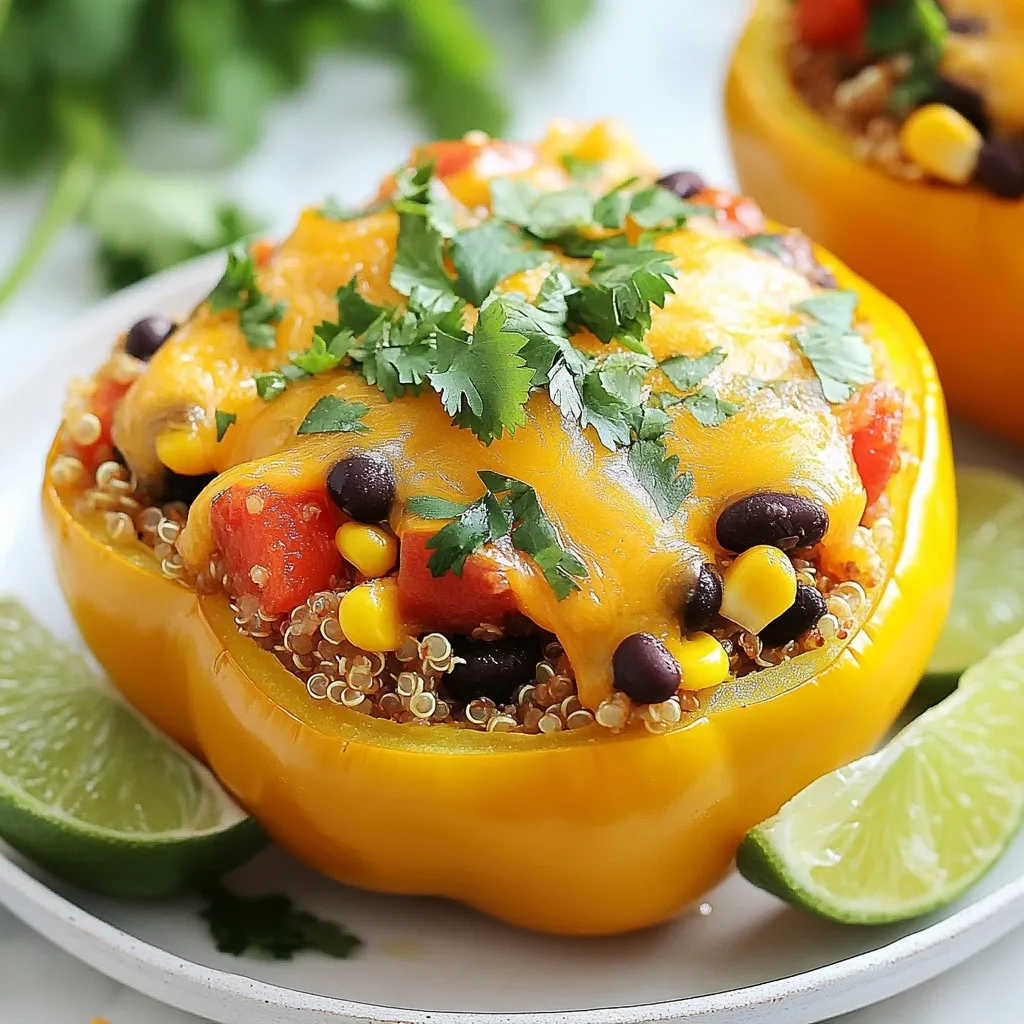 To make Tex-Mex quinoa stuffed peppers, gather these simple and fresh ingredients: - 4 bell peppers (any color of your choice) - 1 cup quinoa, rinsed under cold water - 2 cups vegetable broth - 1 can (15 oz) black beans, thoroughly rinsed and drained - 1 cup corn kernels (can be frozen or fresh, depending on availability) - 1 cup diced tomatoes (use canned or freshly chopped) - 1 teaspoon ground cumin - 1 teaspoon chili powder - ½ teaspoon garlic powder - ½ teaspoon onion powder - Salt and pepper, to taste - 1 cup shredded cheddar cheese (substitute with dairy-free cheese for a vegan alternative) - Fresh cilantro, for garnish - Lime wedges, for serving Each ingredient plays a vital role in the flavor and texture of the dish. The bell peppers serve as a colorful and crunchy base. The quinoa offers a fluffy, nutty taste. Black beans add protein and fiber. Corn brings sweetness and texture, while spices like cumin and chili powder add warmth. The cheese melts beautifully, giving a creamy finish. Finally, cilantro and lime add a fresh burst that balances the dish. This mix creates a delightful meal that is both nutritious and satisfying. Enjoy the colors and flavors as they come together in this recipe! {{ingredient_image_2}} - Preheat your oven to 375°F (190°C). - Cut the tops off the bell peppers. Remove seeds and membranes. Place them cut-side up in a baking dish. - In a medium saucepan, bring 2 cups of vegetable broth to a boil. - Add 1 cup of rinsed quinoa to the boiling broth. - Lower the heat and cover. Let it simmer for about 15 minutes. The quinoa will become fluffy and absorb all the broth. - In a large bowl, mix the cooked quinoa with: - 1 can of black beans, rinsed and drained - 1 cup of corn kernels - 1 cup of diced tomatoes - 1 teaspoon of ground cumin - 1 teaspoon of chili powder - ½ teaspoon of garlic powder - ½ teaspoon of onion powder - A pinch of salt and pepper - Stir well to ensure everything is evenly mixed. - Carefully spoon the quinoa mixture into each prepared bell pepper. Pack it gently. - Sprinkle 1 cup of shredded cheddar cheese on top of each pepper. - Cover the baking dish with aluminum foil. - Bake for 25 minutes. Then, remove the foil and bake for another 10-15 minutes. The peppers should be tender, and the cheese melted and bubbly. - Let them cool for a few minutes before serving. Garnish with fresh cilantro and lime wedges for a zesty touch. To get the right quinoa texture, rinse it well before cooking. This removes the bitter coating. Cook it in vegetable broth for added flavor. You want the quinoa fluffy, not mushy. If you need a cheese swap, use dairy-free cheese for a vegan dish. You can also try feta or goat cheese for a tangy twist. Serve your stuffed peppers on a bed of fresh greens. This adds color and freshness. For garnishing, sprinkle cilantro on top. A squeeze of lime over the peppers can brighten the dish. You can also drizzle a bit of olive oil for extra flavor. Adjust the spice level to match your taste. Add more chili powder for heat or less for a milder dish. Mix in extra vegetables like zucchini or spinach for more nutrition. You can also add cooked chicken or turkey for added protein. Get creative, and make it your own! Pro Tips Choose Colorful Peppers: Using a mix of bell pepper colors not only makes the dish visually appealing but also adds a slight variation in flavor. Don’t Overcook Quinoa: Ensure that your quinoa is fluffy and not mushy by keeping an eye on the cooking time and following the package instructions closely. Customize Ingredients: Feel free to add other ingredients like diced zucchini, mushrooms, or spicy jalapeños to enhance the filling based on your taste preferences. Serve with Sides: Pair the stuffed peppers with a simple salad or avocado slices to create a well-rounded meal that complements the flavors. {{image_4}} You can change the cheese for your stuffed peppers. If you want a vegan dish, use dairy-free cheese. It melts well and adds great flavor. For a twist, try pepper jack cheese. It gives a spicy kick to your meal. You can add more protein to your filling. Ground turkey or beef makes the dish heartier. If you want to keep it plant-based, use lentils or chickpeas. You can also mix different beans. Black beans work well, but pinto or kidney beans add a nice taste too. You can make these stuffed peppers in many ways. If you have an Instant Pot, it cooks them quickly. Just pressure cook for about 8 minutes. You can also use a slow cooker. It takes longer but makes them very tender. In summer, try grilling the peppers. It gives them a smoky flavor and keeps your kitchen cool. To store leftover stuffed peppers, let them cool first. Place them in an airtight container. Keep them in your fridge for up to four days. This helps maintain taste and texture. When reheating, cover with foil to keep them moist. To freeze stuffed peppers, wrap each one in plastic wrap. Then, place them in a freezer bag. Make sure to squeeze out as much air as possible. This way, they stay fresh for up to three months. When you’re ready to eat, thaw them overnight in the fridge. Reheat in the oven at 350°F (175°C) for about 25 minutes. Check that they are hot all the way through. Enjoy your tasty meal! Tex-Mex quinoa stuffed peppers last about 3 to 5 days in the fridge. Be sure to store them in an airtight container. This keeps them fresh and tasty for your next meal. Yes, you can use other grains. Brown rice, farro, or couscous work well. Just adjust the cooking time and liquid based on the grain you choose. Stuffed peppers pair well with many sides. Consider serving them with a simple green salad or some tortilla chips. You could also add guacamole or salsa for extra flavor. Absolutely! You can prepare and stuff the peppers a day before. Just cover and store them in the fridge. When ready, bake them as directed. The peppers are fully cooked when they feel tender. Check by poking them with a fork. The cheese should also be melted and bubbly for the best taste. In this blog post, we explored how to make delicious Tex-Mex quinoa stuffed peppers. We listed key ingredients and gave clear steps for preparation and cooking. Tips for better texture and flavor helped you customize your dish. We also shared storage advice for leftovers. You now have the tools to create a vibrant meal. Remember, you can always experiment with flavors to make it your own. Happy cooking!