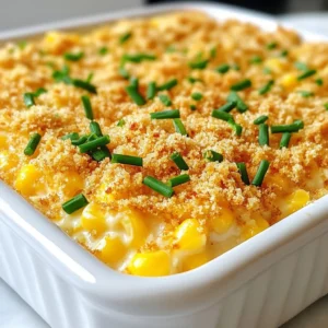 - 2 cups fresh or frozen corn kernels - 1 cup heavy cream - 1 cup milk - 1/2 cup sharp cheddar cheese, shredded (plus extra for topping) - 1/2 cup cream cheese, softened to room temperature - 2 large eggs - 1/4 cup granulated sugar - 1 teaspoon baking powder - 1/2 teaspoon garlic powder - 1/2 teaspoon onion powder - Salt and pepper to taste - 1/2 cup breadcrumbs - 2 tablespoons melted butter - Fresh chives, finely chopped (for garnish, optional) You can swap heavy cream with half-and-half for a lighter dish. Whole milk works well in place of regular milk, too. If you want a dairy-free option, use almond milk and a dairy-free cream cheese. For cheese lovers, swap sharp cheddar with gouda or pepper jack for a twist. You can also leave out the sugar if you prefer a less sweet casserole. - Corn: This is the star of the dish. It adds sweetness and texture. You can use fresh corn in season or frozen corn for convenience. - Cream Cheese: This gives the casserole its creamy base. It adds richness and helps bind the dish. Make sure it is softened for easy mixing. - Cheddar Cheese: This adds a savory flavor. Using sharp cheddar gives a nice kick. Reserve some for topping to create a golden crust. - Eggs: Eggs help set the casserole, giving it a firm structure. They also add some protein. - Breadcrumbs: They create a crunchy topping, adding a great contrast to the creamy filling. You can use plain or seasoned breadcrumbs for extra flavor. {{ingredient_image_2}} First, you need to preheat your oven. Set it to 350°F (175°C). This step is key for even cooking. A hot oven helps the casserole rise and brown nicely. In a large bowl, combine 2 cups of corn kernels, 1 cup of heavy cream, and 1 cup of milk. Stir them well. Ensure all the corn is coated. This mix forms the base of your casserole. It adds sweetness and creaminess. In another bowl, take 1/2 cup of softened cream cheese. Use an electric mixer or whisk to whip it smooth. Then, add 2 large eggs, 1/4 cup of sugar, 1 teaspoon of baking powder, 1/2 teaspoon of garlic powder, 1/2 teaspoon of onion powder, and a pinch of salt and pepper. Beat until it’s fully mixed and creamy. Gently fold the cream cheese mixture into the corn base. Be careful here! You want to keep that creamy texture while mixing. Ensure all ingredients blend well. This step is where the magic starts! Now, lightly fold in 1/2 cup of shredded sharp cheddar cheese. Set aside a little for the topping. The cheese adds flavor and richness to the dish. It makes every bite delicious! Pour the complete mixture into a greased 9x9-inch baking dish. Spread it evenly. In a separate bowl, mix 1/2 cup of breadcrumbs with 2 tablespoons of melted butter and the reserved cheddar cheese. Sprinkle this on top of the casserole. This creates a crunchy, golden topping. Place the dish in your preheated oven. Bake for 30-35 minutes, until the topping turns golden brown. The casserole should be set in the middle. Let it cool for about 5 minutes before serving. Enjoy the creamy, cheesy goodness! To boost the taste of your creamed corn casserole, use fresh herbs. Chives add a nice touch. You can also try adding a pinch of smoked paprika. This gives it a warm, smoky flavor. Mixing in some diced jalapeños can add a spicy kick. If you love cheese, consider using a mix of cheeses. Gouda or Monterey Jack will give a rich taste. The most common mistake is overmixing. When you combine the corn and cream cheese mixtures, mix gently. This keeps the casserole creamy. Another mistake is not preheating the oven. Always ensure your oven is hot. This helps your casserole bake evenly. Finally, do not skip the breadcrumbs. They create a crunchy topping that contrasts well with the creamy filling. You can make this dish healthier in a few ways. First, swap heavy cream for low-fat milk or almond milk. This will cut calories but keep it creamy. Use reduced-fat cheese for less fat. Adding vegetables like spinach or zucchini boosts nutrition and flavor. Finally, cut down on sugar by using a natural sweetener like honey. Pro Tips Use Fresh Corn: If possible, use fresh corn for the best flavor and sweetness. If using frozen corn, thaw it beforehand for even cooking. Customize Your Cheese: Feel free to experiment with different cheese varieties like Monterey Jack or Pepper Jack for a unique twist on flavor. Check for Doneness: Make sure to check the center of the casserole with a toothpick; it should come out clean when the casserole is fully cooked. Make Ahead: You can prepare the casserole a day in advance and store it in the refrigerator. Just add a few extra minutes to the baking time. {{image_4}} You can boost the nutrition of your creamed corn casserole by adding veggies. Some great choices include chopped bell peppers, spinach, or zucchini. These vegetables not only add vitamins but also give your dish a colorful look. Aim for about one cup of chopped veggies. Stir them in with the corn base for even cooking. This small change makes your meal healthier. If you need a gluten-free version, there are simple swaps. Use gluten-free breadcrumbs for the topping. You can also choose a gluten-free flour blend in place of regular flour if needed. Check that your cream and cheese are also gluten-free. This way, everyone can enjoy the dish without worry. Changing spices can give your casserole a new twist. Try adding a pinch of smoked paprika for a deep flavor. You could also mix in some cumin for a warm touch. If you like heat, a dash of cayenne pepper works well. Just remember to start small and adjust to your taste. Each spice can create a unique dish that keeps things interesting! To keep your creamed corn casserole fresh, let it cool first. Once cooled, place the casserole in an airtight container. Make sure to seal it well to prevent air from getting in. You can store it in the fridge for up to three days. If you want to enjoy it later, freezing is a great option. When you're ready to enjoy your leftovers, preheat your oven to 350°F (175°C). Place the casserole in an oven-safe dish. Cover it with foil to retain moisture while reheating. Heat for about 20 to 25 minutes or until it is warm throughout. If you prefer a crispy topping, remove the foil during the last 5 minutes of heating. If you want to freeze the casserole, do so before baking. Prepare it up to the point of adding the topping. Cover the dish tightly with plastic wrap and foil. It can last in the freezer for up to three months. When you’re ready to bake it, thaw it overnight in the fridge. Then bake at 350°F (175°C) for 40 to 45 minutes, or until bubbly and golden. Yes, you can make this dish ahead. Prepare it fully, then cover and refrigerate it. Bake it the next day. Just add a few extra minutes to the baking time. This makes serving easy when you have guests. This casserole pairs well with many dishes. Try serving it with grilled chicken or pork. It also complements a fresh salad or roasted vegetables. These sides balance the creamy texture and rich flavor. Absolutely! Canned corn works great in this recipe. Drain and rinse the corn before adding it. This helps reduce excess salt and preserves the dish's taste. You can save time with canned corn too. Making it vegetarian is simple. Just leave out any meat or animal products. You can use vegetable broth instead of chicken broth. This keeps the flavors rich and satisfying without meat. The key to a creamy texture lies in the mixture of ingredients. Use heavy cream and cream cheese for richness. Mix them well with the eggs. This creates a smooth base that bakes into a creamy delight. This blog post shared key ingredients for a great creamed corn casserole. I provided step-by-step instructions to guide you through the cooking process. We discussed tips for flavor, avoiding mistakes, and making the dish healthier. You learned about variations to suit your taste and how to store leftovers for later. Embrace the recipe, get creative, and enjoy every bite! Cooking should be fun and tasty. Now, enjoy your delicious creamed corn casserole!
